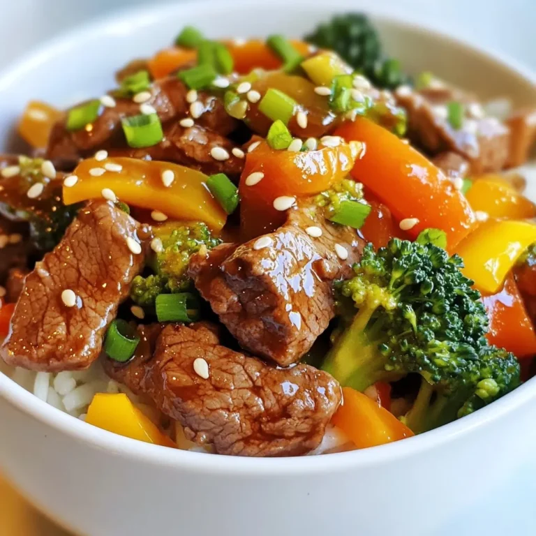 - 1 pound beef sirloin, thinly sliced - 1 bell pepper (red or yellow), sliced - 1 cup broccoli florets - 1 medium carrot, julienned - 3 green onions, chopped - 3 cloves garlic, minced - 1 tablespoon ginger, grated The star of this dish is the beef sirloin. It cooks quickly and has great flavor. Choose fresh, bright vegetables. The bell pepper adds sweetness, while broccoli packs nutrients. Carrots bring color and crunch. Garlic and ginger add warmth and spice. - 1/4 cup soy sauce (low sodium) - 2 tablespoons honey or maple syrup - 1 tablespoon sesame oil - 1 tablespoon cornstarch mixed with 2 tablespoons water (slurry) The teriyaki sauce is simple yet rich. Low-sodium soy sauce keeps it savory without being too salty. Honey or maple syrup gives it that sweet touch. Sesame oil adds a nutty flavor that ties everything together. The cornstarch slurry thickens the sauce, making it stick to the beef and veggies. - Sesame seeds for garnish Sesame seeds add a nice crunch and look great on top. They also give a hint of nuttiness that complements the dish. {{ingredient_image_1}} To start, gather your sauce ingredients. You need soy sauce, honey or maple syrup, and sesame oil. In a bowl, whisk these items together. Add a pinch of pepper for extra flavor. Set the sauce aside for later. Next, heat a large skillet over medium-high heat. Add one tablespoon of vegetable oil. Once the oil is hot, add the sliced beef in a single layer. Sear the beef for about 2-3 minutes until it turns brown. Make sure not to crowd the pan. After browning, remove the beef and set it aside. Now, use the same skillet for your veggies. Add the remaining tablespoon of vegetable oil. Toss in minced garlic and grated ginger. Stir for about 30 seconds until it smells great. Then, add the sliced bell pepper, broccoli florets, and julienned carrot. Stir-fry these vegetables for 3-4 minutes. You want them soft yet crunchy. Return the beef to the skillet. Pour the teriyaki sauce over the beef and veggies. Stir everything well to mix the flavors. Slowly add the cornstarch slurry while stirring. This helps the sauce thicken. Cook for an additional 1-2 minutes. Finally, toss in the chopped green onions before serving. To get great beef texture, avoid overcooking. Cook the beef slices for just 2-3 minutes until they turn brown. This keeps them juicy and tender. If you cook too long, the beef will become tough. Always remove it from the pan once cooked. Let it rest while you cook the veggies. This way, it stays perfect. You can easily adjust the flavors. If you want it spicy, add a dash of red pepper flakes or some sliced chili. If you prefer sweet, increase the honey or maple syrup. Mix it in the teriyaki sauce before you cook. Tasting the sauce helps you find the right balance. Remember, you can always add more but can’t take it out. Using the best tools makes a big difference. A large skillet or wok is perfect for stir-frying. It allows heat to spread evenly. A good spatula helps mix everything well without sticking. Make sure your pan is hot before adding the beef. This helps create that nice sear. Always have everything ready before you start cooking for smooth flow. Pro Tips Slice Against the Grain: For tender beef, always slice against the grain of the meat. This helps to break down the muscle fibers, resulting in a more tender bite. Prep Your Ingredients First: Stir frying is a quick cooking method. Make sure all your ingredients are prepped and within reach before you start cooking to ensure a smooth process. Adjust Sweetness to Taste: Depending on your preference, you can adjust the sweetness of the teriyaki sauce by adding more honey or maple syrup, or balancing it with a splash of vinegar for acidity. Use Fresh Vegetables: Fresh produce adds vibrant color and texture to your stir fry. Consider using seasonal vegetables for the best flavor and nutrition. {{image_2}} You can swap beef for other proteins. Chicken works great in this dish. Just slice it thinly like the beef. Tofu is a good choice for a vegetarian option. Use firm tofu and press it to remove extra water. Shrimp is another tasty protein; it cooks quickly and adds a nice flavor. Feel free to play with your veggies! You can use seasonal vegetables like snap peas or bell peppers. Frozen vegetables work well, too. They save time and are often just as nutritious. Just remember to thaw them before cooking, so they heat evenly. If you need a gluten-free option, use tamari instead of soy sauce. Tamari tastes similar but has no wheat. You can also look for other gluten-free sauces. Be sure to check the labels for any hidden gluten. This way, you can enjoy teriyaki beef stir fry without worry! Store your leftover teriyaki beef stir fry in a sealed container. Make sure it cools to room temperature before sealing. It stays fresh in the fridge for up to 3 days. Label your container with the date. This helps you keep track of how long it's been stored. To freeze stir fry, let it cool completely. Place it in a freezer-safe bag, removing as much air as you can. It can last in the freezer for up to 3 months. When you're ready to eat, thaw it in the fridge overnight. Reheat in a skillet over medium heat, adding a splash of water to prevent drying out. Understanding the shelf life helps you enjoy your stir fry safely. In the fridge, it is best consumed within 3 days. If you freeze it, use it within 3 months for the best taste. Always check for any signs of spoilage, like off smells or colors, before eating. This way, you can enjoy your meal without worries. Yes, you can make Teriyaki Beef Stir Fry ahead of time. Here are some best practices for meal prep: - Cook your beef and veggies: Prepare the beef and vegetables as per the recipe. - Store separately: Keep the cooked beef and veggies in separate containers. This helps maintain texture. - Refrigerate: Place them in the fridge within two hours of cooking. They will stay fresh for up to three days. - Reheat properly: When ready to eat, reheat on the stove. This keeps the stir fry crispy. You can pair Teriyaki Beef Stir Fry with many tasty sides: - Steamed rice: White or brown rice soaks up the sauce. - Noodles: Lo mein or rice noodles add a fun twist. - Salad: A simple green salad offers a fresh crunch. - Spring rolls: These add a crispy side that complements the meal. You can easily make Teriyaki Beef Stir Fry healthier with these tips: - Use leaner cuts: Choose flank steak or sirloin for less fat. - Add more veggies: Load up on broccoli, bell peppers, or snap peas for extra nutrients. - Swap sauces: Use low-sodium soy sauce to cut down on salt. - Try baking: Instead of frying, bake the beef for a lower-fat option. These simple changes can help you enjoy this dish while sticking to a healthier diet. Teriyaki beef stir fry is simple and fun to make. You learned about key ingredients like beef sirloin, fresh veggies, and teriyaki sauce. I shared steps to cook the beef and keep veggies crunchy. You can also add spice or swap proteins. Remember to store leftovers safely, too. With practice, you’ll master this dish and impress your family. Enjoy every bite and feel proud of your cooking!