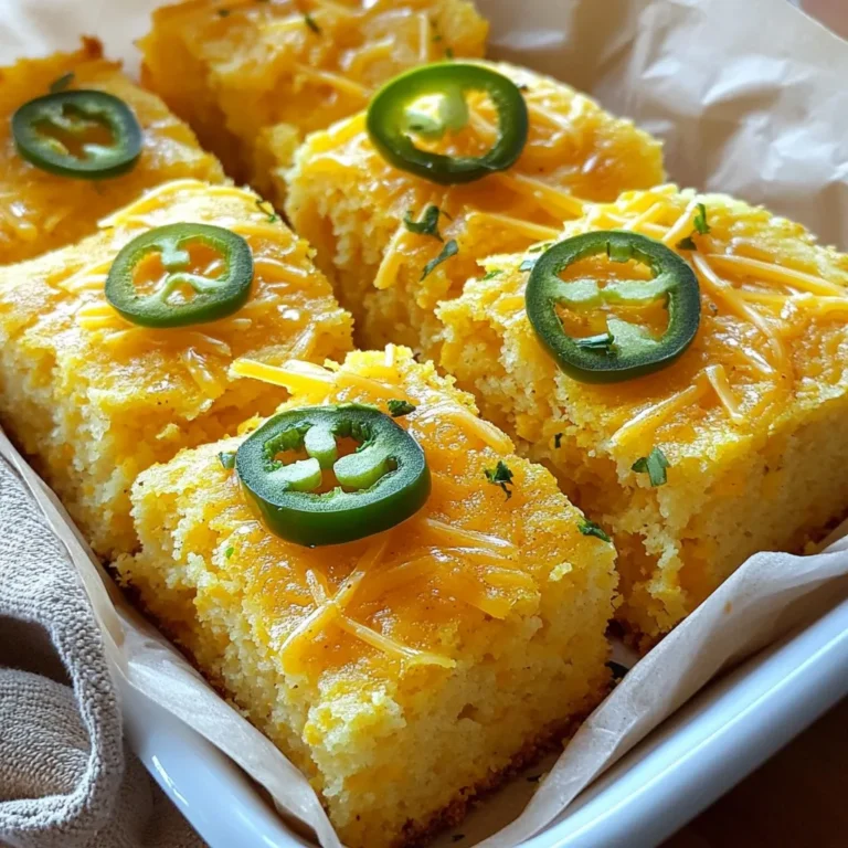 To make Jalapeño Cheddar Cornbread, you need the following items: - 1 cup cornmeal - 1 cup all-purpose flour - 1/4 cup granulated sugar - 1 tablespoon baking powder - 1/2 teaspoon salt - 1 cup buttermilk (or 1 cup milk with 1 tablespoon lemon juice added) - 1/4 cup vegetable oil - 2 large eggs - 1 cup shredded sharp cheddar cheese - 2 jalapeños, seeded and finely chopped - 1/2 cup corn kernels (fresh or frozen) You can swap some ingredients if needed. Here are a few ideas: - Instead of buttermilk, use regular milk with lemon juice. - If you don’t have cornmeal, use more flour. - For cheese, try pepper jack or a mild cheddar. - Use olive oil instead of vegetable oil for a different flavor. Each ingredient plays a key role in the flavor and texture of the cornbread: - Cornmeal gives a hearty base and a slight crunch. - All-purpose flour helps bind the mix and adds softness. - Baking powder makes the cornbread rise and stay fluffy. - Cheddar cheese adds richness and a sharp flavor that pairs well with jalapeños. - Jalapeños bring heat and a fresh taste, making the dish exciting. - Corn kernels add sweetness and texture, enhancing every bite. Understanding these ingredients helps you make the best cornbread. Each one contributes to that perfect blend of savory and sweet. {{ingredient_image_1}} First, gather all your ingredients. You need cornmeal, flour, sugar, baking powder, salt, buttermilk, vegetable oil, eggs, cheese, jalapeños, and corn. Preheat your oven to 400°F (200°C). Next, grease an 8-inch square baking dish or a cast-iron skillet. This prevents the cornbread from sticking. In a big bowl, mix the cornmeal, flour, sugar, baking powder, and salt. Whisk them together until they look nice and even. In another bowl, whisk the buttermilk, vegetable oil, and eggs. Make sure it’s smooth before you move on. Now, pour your wet mix into the dry mix. Stir them together gently but don’t overmix. This helps keep your cornbread light. After that, fold in the cheese, chopped jalapeños, and corn. Do this until everything is mixed well. Pour the batter into your greased baking dish or skillet. Smooth the top with a spatula for a nice finish. Place it in your preheated oven. Bake for 20-25 minutes. You want the top to be golden brown. Insert a toothpick in the center; it should come out clean if it's done. Once baked, take it out of the oven. Let it cool in the pan for about 10 minutes. This makes it easier to slice. Cut it into squares and serve warm. You can put it in a basket lined with a cloth napkin. For a lovely touch, add more cheese and jalapeño slices on top. Enjoy your savory treat! To get the best texture, blend your dry and wet ingredients well. Mix until just combined to keep the cornbread light. Overmixing can make it dense. Use sharp cheddar cheese for a bold taste. The cheese adds creaminess and flavor. One common mistake is forgetting to preheat your oven. If the oven isn’t hot, the cornbread won’t rise well. Also, don’t skip greasing your baking dish. This helps the cornbread come out easily. Finally, don’t ignore the cooling time. Letting it cool helps it set properly. If you want more heat, add an extra jalapeño or use a spicier variety. You can also mix in some cayenne pepper or crushed red pepper flakes. For a fun twist, try adding diced poblano peppers for a smoky flavor. Adjust the spice to fit your taste buds. Pro Tips Use Fresh Jalapeños: Fresh jalapeños provide the best flavor and heat. Adjust the amount according to your heat preference. Let It Rest: Allow the cornbread to rest for 10 minutes after baking. This helps it set and makes slicing easier. Experiment with Cheese: Try different types of cheese, like pepper jack or gouda, for a unique twist on flavor. Serve with Butter: For extra richness, serve warm slices with a pat of butter or a drizzle of honey. {{image_2}} You can switch things up by adding mixed peppers. Use red, green, and yellow bell peppers for a colorful twist. Chop them finely and mix them in with the jalapeños. This adds sweetness and crunch. It also makes the cornbread vibrant and fun. If you need a gluten-free option, use gluten-free flour instead of all-purpose flour. You can find many good blends at the store. This swap keeps the cornbread light and fluffy. Just be sure to check the labels for any hidden gluten. Some people love a sweet cornbread. To make it sweet, add more sugar. You can also put in a touch of honey or maple syrup. For a savory kick, try adding more jalapeños or spices like cumin. This choice lets you create a cornbread that fits your taste. Once your jalapeño cheddar cornbread cools, store it properly. Place the leftovers in an airtight container. This keeps the bread moist and fresh. You can also wrap it tightly in plastic wrap. Store it at room temperature for up to three days. To reheat your cornbread, use an oven or microwave. If using an oven, preheat it to 350°F (175°C). Wrap the cornbread in foil to keep it from drying out. Heat for about 10-15 minutes or until warm. If you choose the microwave, heat one piece at a time for 20-30 seconds. Check to see if it’s warm enough. You can freeze jalapeño cheddar cornbread for later. First, slice it into squares. Wrap each piece in plastic wrap, then place them in a freezer bag. Remove as much air as possible before sealing. You can freeze it for up to three months. To enjoy, thaw overnight in the fridge and reheat in the oven. Yes, you can use frozen corn in this recipe. Just take the corn from the freezer and let it thaw. Drain any extra water before mixing it into the batter. This keeps your cornbread from getting too wet. Frozen corn still gives great flavor and texture. To make your cornbread spicier, add more jalapeños. You can also keep the seeds in for extra heat. If you want a different kick, try adding a dash of cayenne pepper or chili powder. Mixing in diced serrano peppers can also spice things up nicely. Jalapeño Cheddar Cornbread goes well with many dishes. It’s great with chili, soups, or stews. You can serve it alongside grilled meats or barbecued foods. It also works well with salads, adding a nice crunch and flavor. Enjoy it with a side of butter or honey for a treat! To sum up, we explored key ingredients for Jalapeño Cheddar Cornbread. Knowing how to change them lets you adapt to your taste. We walked through easy prep and baking steps. Perfect texture and flavor come from practice and using the right tips. Don’t forget the fun variations you can try. Store your cornbread properly to enjoy later. With these insights, you’re ready to bake and impress. Cornbread can be more than a side; it can be a star. Enjoy your cooking journey!