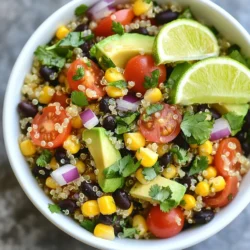 - 1 cup quinoa, rinsed - 2 cups vegetable broth - 1 cup cherry tomatoes, halved - 1 cup black beans, drained and rinsed - 1 avocado, diced - 1 cup corn (fresh or frozen) - 1/2 cup red onion, finely chopped - 1/2 cup fresh cilantro, chopped - 1/4 cup lime juice (about 2 limes) - 2 tablespoons olive oil - 1 teaspoon cumin - Salt and pepper to taste Quinoa is a great source of protein and fiber. It helps keep you full. Vegetable broth adds flavor without extra calories. Cherry tomatoes give vitamins C and K, plus antioxidants. Black beans boost protein and fiber, supporting heart health. Avocado adds healthy fats and vitamins. Corn provides fiber and a touch of sweetness. Red onion offers antioxidants and may improve heart health. Cilantro adds freshness and can aid digestion. Lime juice gives vitamin C and brightens flavors. Olive oil contains healthy fats and can benefit heart health. Cumin adds flavor and may aid digestion. Salt and pepper enhance taste, but use them wisely. If you don&rsquo;t have quinoa, try brown rice or couscous. Use chicken broth if you prefer a non-vegetarian option. Any tomatoes work; you can chop larger ones. If black beans are not available, use kidney beans or chickpeas. For a different taste, try a different avocado type or omit it. Frozen corn works well if fresh isn&rsquo;t available. Green onions can replace red onion for a milder flavor. If you&rsquo;re not a fan of cilantro, parsley or basil can be good substitutes. If lime juice is out, lemon juice can work in a pinch. {{ingredient_image_1}} First, rinse 1 cup of quinoa under cold water. This step removes any bitter taste. Next, add the rinsed quinoa to a medium saucepan. Pour in 2 cups of vegetable broth. Bring this to a boil over high heat. Once boiling, reduce the heat to low. Cover the saucepan with a lid and let it simmer for 15 minutes. The quinoa is ready when it looks fluffy and the broth is gone. After cooking, take it off the heat and let it cool. While the quinoa cools, chop your vegetables. Start with 1 cup of cherry tomatoes. Cut them in half and place them in a large mixing bowl. Next, drain and rinse 1 cup of black beans and add them to the bowl. Then, dice 1 avocado and add it too. Measure out 1 cup of corn, fresh or frozen, and toss it in. Finally, finely chop 1/2 cup of red onion and 1/2 cup of fresh cilantro, adding both to the mix. This colorful blend makes the salad vibrant and fresh. Now, let&rsquo;s make the dressing. In a small bowl, whisk together 1/4 cup of lime juice, which is about 2 limes, and 2 tablespoons of olive oil. Add 1 teaspoon of cumin, along with salt and pepper to taste. Mix until smooth. Once the quinoa has cooled, add it to the large bowl with the veggies. Pour the dressing over the salad and gently toss everything together. Make sure all the ingredients are coated well in the dressing. Taste the salad and adjust the seasoning if you like. For best results, refrigerate the salad for at least 30 minutes before serving. This allows the flavors to mix beautifully. To cook quinoa, use a two-to-one ratio of liquid to quinoa. For our salad, use 1 cup of quinoa and 2 cups of vegetable broth. Rinse the quinoa well to remove its bitter coating. Bring the broth to a boil, then lower the heat. Cover and simmer for about 15 minutes. The quinoa should be fluffy and the liquid should be gone. Let it sit off the heat to cool. If you have leftovers, store them in a sealed container. You can keep them in the fridge for about three days. The flavors will continue to blend in the fridge. If you want to freeze it, place it in an airtight bag. It can last up to three months in the freezer. Just thaw it in the fridge before eating. To enhance the flavor of your salad, you can add more lime juice or salt based on your taste. Fresh herbs like mint or parsley can add a new twist. You might also try adding a pinch of chili powder for heat. This salad is all about balance, so taste as you go and adjust. It&rsquo;s a fun way to make it your own! Pro Tips Rinse Your Quinoa: Always rinse quinoa under cold water before cooking to remove its natural coating, called saponin, which can make it taste bitter. Use Fresh Ingredients: For the best flavor, use fresh lime juice and ripe avocados. Fresh ingredients elevate the taste of the salad significantly. Let It Chill: Allowing the salad to chill for at least 30 minutes in the refrigerator helps the flavors to meld together beautifully. Customize Your Add-Ins: Feel free to add other ingredients like bell peppers, corn, or jalape&ntilde;os to customize the salad to your taste. {{image_2}} You can make this salad heartier by adding protein. Here are some great choices: - Grilled chicken adds a nice boost. - Shrimp brings a tasty twist. - Tofu makes it plant-based and filling. - Chickpeas add fiber and texture. Mix and match these options based on what you have or prefer. Protein makes the dish more filling and satisfying. You can adjust this salad based on what&rsquo;s fresh. Here are some ideas: - Use fresh peaches in summer for sweetness. - Swap in butternut squash in fall for warmth. - Add pomegranate seeds in winter for a pop of color. Changing the ingredients with the seasons keeps the dish exciting and flavorful. It also helps you use fresh produce. The dressing can change the salad's flavor profile. Here are some alternatives: - Try a balsamic vinaigrette for a different taste. - A honey mustard dressing adds sweetness. - A spicy chipotle dressing can give it a kick. Feel free to experiment with dressings. This will change each bite and keep the salad fresh. You can store your cilantro lime quinoa salad in the fridge for up to five days. Make sure to keep it in an airtight container. This keeps the salad fresh and tasty. After a few days, the flavors will change. It may not taste as bright. To store the salad well, let it cool first. Avoid putting hot food directly in the fridge. This can raise the fridge's temperature. Place the salad in a glass or plastic container. Seal it tightly to keep air out. This helps keep the ingredients crisp and fresh. While I don&rsquo;t recommend freezing the whole salad, you can freeze the quinoa. To do this, let the quinoa cool completely. Then, place it in a freezer bag. Squeeze out the air and seal it. The quinoa will stay good for up to three months. When ready to use, thaw it overnight in the fridge. Then, mix it with fresh veggies and dressing for a quick meal! Yes, you can make this salad ahead of time. I often prepare it a few hours before serving. This salad tastes even better after resting. The flavors blend together nicely when it sits in the fridge. Just make sure to keep the salad covered. It stays fresh and tasty for up to two days. Yes, this salad is gluten-free. Quinoa is a great gluten-free grain. It is light and fluffy, making it perfect for salads. All the other ingredients, like beans and veggies, are also gluten-free. This dish works well for those with gluten sensitivities or allergies. You can serve this salad with many dishes. It pairs well with grilled chicken, shrimp, or fish. You can also enjoy it as a side with tacos or burritos. If you're vegetarian or vegan, serve it with roasted veggies or a hearty soup. The options are endless! This blog post covered how to make a delicious Cilantro Lime Quinoa Salad. We looked at key ingredients and their nutrition, plus smart swaps. I shared clear steps for cooking and mixing, along with tips for perfecting your dish. You can add proteins, change seasonal items, or try different dressings. Finally, I detailed storage tips to keep leftovers fresh. With these insights, you can create a tasty, healthy salad anytime. Enjoy making it your own!