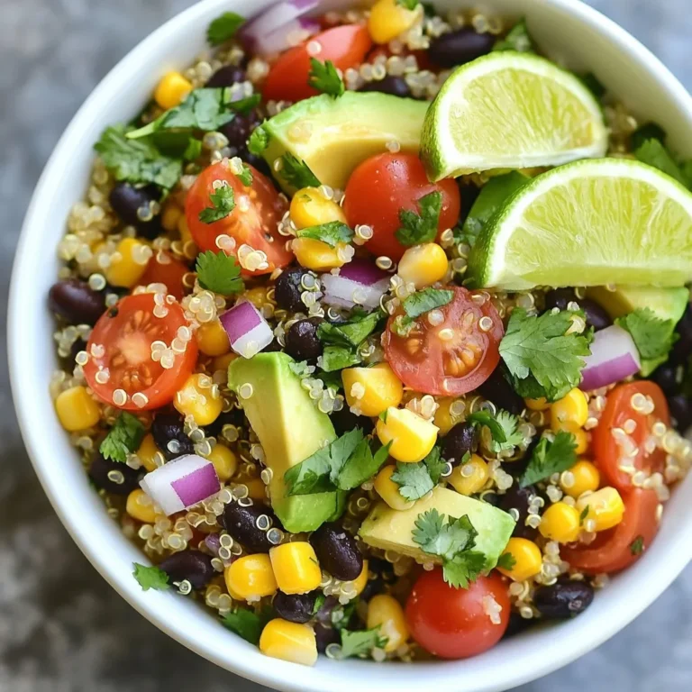 - 1 cup quinoa, rinsed - 2 cups vegetable broth - 1 cup cherry tomatoes, halved - 1 cup black beans, drained and rinsed - 1 avocado, diced - 1 cup corn (fresh or frozen) - 1/2 cup red onion, finely chopped - 1/2 cup fresh cilantro, chopped - 1/4 cup lime juice (about 2 limes) - 2 tablespoons olive oil - 1 teaspoon cumin - Salt and pepper to taste Quinoa is a great source of protein and fiber. It helps keep you full. Vegetable broth adds flavor without extra calories. Cherry tomatoes give vitamins C and K, plus antioxidants. Black beans boost protein and fiber, supporting heart health. Avocado adds healthy fats and vitamins. Corn provides fiber and a touch of sweetness. Red onion offers antioxidants and may improve heart health. Cilantro adds freshness and can aid digestion. Lime juice gives vitamin C and brightens flavors. Olive oil contains healthy fats and can benefit heart health. Cumin adds flavor and may aid digestion. Salt and pepper enhance taste, but use them wisely. If you don’t have quinoa, try brown rice or couscous. Use chicken broth if you prefer a non-vegetarian option. Any tomatoes work; you can chop larger ones. If black beans are not available, use kidney beans or chickpeas. For a different taste, try a different avocado type or omit it. Frozen corn works well if fresh isn’t available. Green onions can replace red onion for a milder flavor. If you’re not a fan of cilantro, parsley or basil can be good substitutes. If lime juice is out, lemon juice can work in a pinch. {{ingredient_image_1}} First, rinse 1 cup of quinoa under cold water. This step removes any bitter taste. Next, add the rinsed quinoa to a medium saucepan. Pour in 2 cups of vegetable broth. Bring this to a boil over high heat. Once boiling, reduce the heat to low. Cover the saucepan with a lid and let it simmer for 15 minutes. The quinoa is ready when it looks fluffy and the broth is gone. After cooking, take it off the heat and let it cool. While the quinoa cools, chop your vegetables. Start with 1 cup of cherry tomatoes. Cut them in half and place them in a large mixing bowl. Next, drain and rinse 1 cup of black beans and add them to the bowl. Then, dice 1 avocado and add it too. Measure out 1 cup of corn, fresh or frozen, and toss it in. Finally, finely chop 1/2 cup of red onion and 1/2 cup of fresh cilantro, adding both to the mix. This colorful blend makes the salad vibrant and fresh. Now, let’s make the dressing. In a small bowl, whisk together 1/4 cup of lime juice, which is about 2 limes, and 2 tablespoons of olive oil. Add 1 teaspoon of cumin, along with salt and pepper to taste. Mix until smooth. Once the quinoa has cooled, add it to the large bowl with the veggies. Pour the dressing over the salad and gently toss everything together. Make sure all the ingredients are coated well in the dressing. Taste the salad and adjust the seasoning if you like. For best results, refrigerate the salad for at least 30 minutes before serving. This allows the flavors to mix beautifully. To cook quinoa, use a two-to-one ratio of liquid to quinoa. For our salad, use 1 cup of quinoa and 2 cups of vegetable broth. Rinse the quinoa well to remove its bitter coating. Bring the broth to a boil, then lower the heat. Cover and simmer for about 15 minutes. The quinoa should be fluffy and the liquid should be gone. Let it sit off the heat to cool. If you have leftovers, store them in a sealed container. You can keep them in the fridge for about three days. The flavors will continue to blend in the fridge. If you want to freeze it, place it in an airtight bag. It can last up to three months in the freezer. Just thaw it in the fridge before eating. To enhance the flavor of your salad, you can add more lime juice or salt based on your taste. Fresh herbs like mint or parsley can add a new twist. You might also try adding a pinch of chili powder for heat. This salad is all about balance, so taste as you go and adjust. It’s a fun way to make it your own! Pro Tips Rinse Your Quinoa: Always rinse quinoa under cold water before cooking to remove its natural coating, called saponin, which can make it taste bitter. Use Fresh Ingredients: For the best flavor, use fresh lime juice and ripe avocados. Fresh ingredients elevate the taste of the salad significantly. Let It Chill: Allowing the salad to chill for at least 30 minutes in the refrigerator helps the flavors to meld together beautifully. Customize Your Add-Ins: Feel free to add other ingredients like bell peppers, corn, or jalapeños to customize the salad to your taste. {{image_2}} You can make this salad heartier by adding protein. Here are some great choices: - Grilled chicken adds a nice boost. - Shrimp brings a tasty twist. - Tofu makes it plant-based and filling. - Chickpeas add fiber and texture. Mix and match these options based on what you have or prefer. Protein makes the dish more filling and satisfying. You can adjust this salad based on what’s fresh. Here are some ideas: - Use fresh peaches in summer for sweetness. - Swap in butternut squash in fall for warmth. - Add pomegranate seeds in winter for a pop of color. Changing the ingredients with the seasons keeps the dish exciting and flavorful. It also helps you use fresh produce. The dressing can change the salad's flavor profile. Here are some alternatives: - Try a balsamic vinaigrette for a different taste. - A honey mustard dressing adds sweetness. - A spicy chipotle dressing can give it a kick. Feel free to experiment with dressings. This will change each bite and keep the salad fresh. You can store your cilantro lime quinoa salad in the fridge for up to five days. Make sure to keep it in an airtight container. This keeps the salad fresh and tasty. After a few days, the flavors will change. It may not taste as bright. To store the salad well, let it cool first. Avoid putting hot food directly in the fridge. This can raise the fridge's temperature. Place the salad in a glass or plastic container. Seal it tightly to keep air out. This helps keep the ingredients crisp and fresh. While I don’t recommend freezing the whole salad, you can freeze the quinoa. To do this, let the quinoa cool completely. Then, place it in a freezer bag. Squeeze out the air and seal it. The quinoa will stay good for up to three months. When ready to use, thaw it overnight in the fridge. Then, mix it with fresh veggies and dressing for a quick meal! Yes, you can make this salad ahead of time. I often prepare it a few hours before serving. This salad tastes even better after resting. The flavors blend together nicely when it sits in the fridge. Just make sure to keep the salad covered. It stays fresh and tasty for up to two days. Yes, this salad is gluten-free. Quinoa is a great gluten-free grain. It is light and fluffy, making it perfect for salads. All the other ingredients, like beans and veggies, are also gluten-free. This dish works well for those with gluten sensitivities or allergies. You can serve this salad with many dishes. It pairs well with grilled chicken, shrimp, or fish. You can also enjoy it as a side with tacos or burritos. If you're vegetarian or vegan, serve it with roasted veggies or a hearty soup. The options are endless! This blog post covered how to make a delicious Cilantro Lime Quinoa Salad. We looked at key ingredients and their nutrition, plus smart swaps. I shared clear steps for cooking and mixing, along with tips for perfecting your dish. You can add proteins, change seasonal items, or try different dressings. Finally, I detailed storage tips to keep leftovers fresh. With these insights, you can create a tasty, healthy salad anytime. Enjoy making it your own!