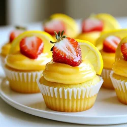 - 1 ½ cups all-purpose flour - 1 teaspoon baking powder - ½ teaspoon baking soda - ¼ teaspoon salt - ½ cup unsalted butter, softened - 1 cup granulated sugar - 2 large eggs - 1 teaspoon vanilla extract - 1 teaspoon lemon zest - ½ cup fresh lemon juice - ½ cup buttermilk - 1 cup fresh strawberries, pureed - ½ cup powdered sugar (for frosting) - 1 teaspoon lemon juice (for frosting) These ingredients create a tasty mix of flavors. The all-purpose flour gives the cupcakes their structure. Baking powder and baking soda help them rise. A pinch of salt adds balance to the sweet taste. Butter makes the cupcakes rich and soft. Granulated sugar sweetens the batter well. Eggs help bind everything together and add moisture. Vanilla extract brings warmth, while lemon zest adds a bright touch. Fresh lemon juice gives a tangy kick, and buttermilk keeps the texture moist and tender. Pureed strawberries add a burst of fruity flavor. For the frosting, powdered sugar and lemon juice blend to create a smooth, sweet topping. This combination makes every bite a delight. {{ingredient_image_1}} 1. Preheat your oven to 350°F (175°C). Line a muffin tin with cupcake liners to prepare for baking. 2. In a medium bowl, mix together the all-purpose flour, baking powder, baking soda, and salt. Set this dry mix aside for later. 3. In a large bowl, beat the softened butter and granulated sugar. Keep mixing until the mixture is light and fluffy, which should take about 3-4 minutes. 4. Add the eggs one at a time. Mix well after adding each egg. Then, stir in the vanilla extract and lemon zest for flavor. 5. Slowly add the fresh lemon juice and buttermilk to the mix. Do this alternately with the dry ingredients. Start and end with the flour mix. 6. Gently fold in the pureed strawberries. Be careful not to overmix; we want these flavors to combine nicely. 1. Spoon the batter into each cupcake liner. Fill them about 2/3 full to allow for rising. 2. Place the muffin tin in the oven and bake for 18-20 minutes. To check if they are done, insert a toothpick into the center. If it comes out clean, they are ready. 3. Once baked, let the cupcakes cool in the pan for 5 minutes. Then, move them to a wire rack to cool completely. 1. To make the lemon frosting, beat together the powdered sugar and lemon juice. Mix until the frosting is smooth and fluffy. 2. If the frosting is too thick, add a little water to adjust the consistency. You want it spreadable but not runny. 3. When the cupcakes are completely cool, frost them generously with the lemon frosting. For a fun touch, you can top each cupcake with a slice of fresh strawberry. To ensure moist cupcakes, use fresh ingredients. Always check the expiration dates on your baking powder and baking soda. Properly cream the butter and sugar until light and fluffy; this adds air and moisture. Use room temperature eggs and buttermilk for better mixing. This helps create a smooth batter. Measuring ingredients accurately is key. Use dry measuring cups for flour and baking powder. Spoon the flour into the cup, then level it off with a knife. Avoid packing flour tightly; this can lead to dry cupcakes. For liquids, use a clear measuring cup. Check the measurement at eye level for precision. To achieve the right consistency for your frosting, start with softened butter. Beat the powdered sugar and lemon juice until smooth. If the frosting is too thick, add a tiny bit of water. If it's too thin, add more powdered sugar until you get a fluffy texture. For decorating ideas, use a piping bag to create fun designs on your cupcakes. You can also sprinkle lemon zest or place a fresh strawberry slice on top for a beautiful finish. This adds color and makes your cupcakes pop! One common mistake is overmixing the batter. Mix until just combined to keep the cupcakes light and airy. Overmixing can lead to dense results. Another mistake is not cooling the cupcakes before frosting. Allow them to cool completely on a wire rack. If you frost them too soon, the frosting may melt and slide off. This small step will keep your cupcakes looking great and tasting fresh! Pro Tips Use Fresh Strawberries: For the best flavor, use ripe, fresh strawberries for pureeing. This will enhance the cupcake's taste and aroma. Check for Doneness: To ensure your cupcakes are perfectly baked, insert a toothpick into the center. If it comes out clean, they are ready! Room Temperature Ingredients: Make sure your butter, eggs, and buttermilk are at room temperature. This helps create a smooth batter and fluffy cupcakes. Decorate with Care: After frosting, you can add a slice of fresh strawberry or a sprinkle of lemon zest on top for an extra pop of color and flavor. {{image_2}} You can easily make vegan strawberry lemonade cupcakes. Replace the eggs with flaxseed meal. Mix 1 tablespoon of flaxseed meal with 2.5 tablespoons of water. Let it sit for a few minutes to thicken. Use coconut oil instead of butter for a rich taste. For gluten-free options, swap all-purpose flour with gluten-free flour. Brands like almond or coconut flour can also work. Make sure your baking powder is gluten-free. This way, everyone can enjoy these tasty treats. You can play with flavors by using different fruits. Try raspberries or blueberries for a unique twist. They both pair well with lemon and add a pop of color. You can also mix in lemon zest from other citrus fruits like oranges or limes. For frosting, try cream cheese icing or a berry buttercream. This adds a creamy texture and extra flavor. You could even use whipped cream for a light finish. Each frosting option gives a new taste to your cupcakes. Pair your cupcakes with refreshing drinks. Lemonade, iced tea, or sparkling water work well. Their bright flavors balance the sweetness of the cupcakes. These cupcakes are perfect for special occasions. Serve them at birthday parties or summer picnics. They also make a great treat for potlucks or family gatherings. Their fun taste and look will impress all your guests! To keep your strawberry lemonade cupcakes fresh, follow these simple steps. First, let the cupcakes cool completely. This avoids sogginess. Once cool, place them in an airtight container. Use a container with a lid to prevent air exposure. You can also use plastic wrap, but ensure it’s tightly sealed. Store them at room temperature for up to three days. If you want to keep them longer, the fridge is an option, but be aware they may dry out a bit. Freezing cupcakes is a great way to enjoy them later. To freeze, place the cooled cupcakes in a single layer in a freezer-safe container. You can also wrap each cupcake in plastic wrap first, then place them in a container. This helps keep them tasty. They can stay frozen for about three months. When you’re ready to enjoy a cupcake, take it out and let it thaw at room temperature. This usually takes about an hour. If you want a warm treat, pop it in the microwave for about 10-15 seconds. Frost them after thawing, so the frosting stays fresh and fluffy. To keep your cupcakes moist, use these tips: - Use buttermilk: It adds fat and flavor. - Don’t overbake: Check for doneness at 18 minutes. - Add pureed strawberries: They add moisture and flavor. - Cool properly: Let them cool in the pan for 5 minutes, then on a rack. These steps help keep the cupcakes soft and delicious. Yes, you can substitute many ingredients: - Butter: Use coconut oil for a dairy-free option. - Buttermilk: Mix milk with lemon juice or vinegar. - Sugar: You can use brown sugar instead of granulated sugar. - Fresh strawberries: Frozen strawberries work too; just thaw and puree them. These swaps work well in the recipe. To frost your cupcakes evenly, follow these steps: - Use a piping bag: This helps control the frosting. - Start in the center: Swirl the frosting outwards in circles. - Add a layer: Frost a little, then add more for height. - Top with fruit: A slice of strawberry looks nice. These methods ensure your cupcakes look and taste great. Strawberry lemonade cupcakes last about 3 days at room temperature. To keep them fresh: - Store in an airtight container: This prevents them from drying out. - Keep in the fridge: They last up to a week if chilled. - For longer storage: Freeze them for up to 3 months. These tips help maintain their flavor and texture. You learned how to make delicious strawberry lemonade cupcakes from scratch. We covered ingredients, baking steps, and frosting tips. You now have tricks to avoid common mistakes and ideas for variations. Remember to store your cupcakes properly for fresh snacks later. Experiment with flavors and substitutions to make this recipe your own. Happy baking! Enjoy your tasty treats at any occasion. Your friends and family will love them.