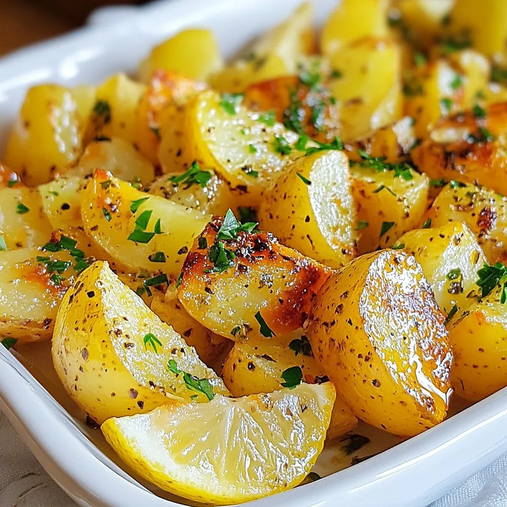- 4 large Yukon gold potatoes - 1/4 cup olive oil - 1/4 cup fresh lemon juice - 4 cloves garlic - 1 tablespoon dried oregano - 1 teaspoon salt - 1/2 teaspoon black pepper - 1 cup vegetable broth When I cook Greek lemon potatoes, I start with Yukon gold potatoes. They have a creamy texture that works great. I peel and cut them into wedges. Next, I mix olive oil and fresh lemon juice in a bowl. The lemon juice gives a bright, zesty flavor. I also add minced garlic to the mix. Garlic adds depth and richness. Dried oregano is a must for that classic Greek taste. Salt and black pepper bring out all the flavors. The vegetable broth is the secret here. It helps steam the potatoes and keeps them moist. When you pour it around the potatoes, it makes them tender and full of flavor. - Fresh parsley - Extra lemon wedges Garnishing is important! I like to sprinkle fresh parsley over the potatoes. The green color makes the dish look bright. It also adds a fresh taste. I sometimes serve extra lemon wedges on the side. Squeezing more lemon on top gives an extra zing. These small touches make the dish even better. {{ingredient_image_1}} - Prepping the potatoes Start with four large Yukon gold potatoes. Peel them and cut them into wedges. This shape helps them cook evenly. - Preparing the lemon marinade In a big bowl, mix 1/4 cup of olive oil and 1/4 cup of fresh lemon juice. Use about two to three lemons for the juice. Add four minced garlic cloves, one tablespoon of dried oregano, one teaspoon of salt, and 1/2 teaspoon of black pepper. Whisk everything together until it is smooth. Toss the potato wedges in this lemon marinade. Make sure they are well coated. - Baking in the oven Preheat your oven to 425°F (220°C). Place the coated potato wedges in a large baking dish. Arrange them in a single layer, cut side down. - Covering with foil and steaming Pour one cup of vegetable broth around the potatoes, but not over them. This adds steam and flavor. Cover the dish tightly with aluminum foil. Bake for 35 minutes. - Garnishing before serving After baking, take off the foil. Bake for another 15 to 20 minutes until the potatoes are golden and tender. Remove the dish from the oven and garnish with chopped fresh parsley. - Presentation tips for serving Serve the potatoes on a nice platter. Drizzle a little extra olive oil on top. Add some more parsley and a squeeze of fresh lemon juice for an extra zing! Using fresh ingredients is key. Fresh potatoes, lemons, and herbs bring the best taste. The lemon juice must be from real lemons, not bottled. This makes a big difference. Choose bright, firm potatoes for great texture. Marinating time matters, too. I recommend letting the potatoes soak for at least 30 minutes. This helps them absorb all those yummy flavors. If you have more time, let them sit for a few hours. To ensure even cooking, cut potatoes into similar sizes. Wedges should be about the same thickness. This helps them cook at the same rate. Every oven is different. If your oven runs hot, check on the potatoes early. You might need to lower the baking time. Always use a fork to test for doneness. The potatoes should be soft and golden brown. These lemon potatoes pair well with many Greek dishes. Serve them with grilled meats or a fresh salad. They also go great with tzatziki sauce for dipping. For a lovely presentation, use a big platter. Drizzle some extra olive oil on top and sprinkle with fresh parsley. A squeeze of lemon adds a nice touch. This makes the dish look bright and appetizing! Pro Tips Choose the Right Potatoes: Yukon gold potatoes are ideal for this recipe as they hold their shape well and have a creamy texture, enhancing the dish's flavor. Adjust the Lemon Flavor: If you prefer a milder lemon taste, reduce the lemon juice slightly or add a teaspoon of honey to balance the acidity. Enhance the Aroma: For an extra layer of flavor, consider adding a few sprigs of fresh rosemary or thyme to the baking dish before covering it with foil. Perfect Crispiness: To achieve crispy edges, ensure the potatoes are cut into even wedges and spread them out in a single layer without overcrowding the dish. {{image_2}} You can change up the potato type for Greek lemon potatoes. Yukon golds are great, but you can try Russets or red potatoes. Each variety brings a unique taste and texture. For herbs, fresh thyme or rosemary can replace oregano. They add a lovely flavor twist. If you want spice, add a pinch of paprika or cayenne pepper for heat. To make your potatoes extra crispy, try roasting them longer. Flip the potatoes halfway through for even browning. You can also use a slow cooker or Instant Pot. In a slow cooker, cook them on low for 6-8 hours. In an Instant Pot, go for 10 minutes on high pressure. Just remember to adjust the liquid to avoid sogginess. Greek lemon potatoes vary by region. Some regions add feta cheese for creaminess. Others use different herbs like dill for a fresh taste. You can even find similar dishes in Italian or Turkish cuisines. Each culture brings its own flair to lemon potatoes, making them a versatile side dish. To keep your Greek lemon potatoes fresh, follow these tips: - Refrigeration: Place the cooled potatoes in an airtight container. Store them in the fridge. They will stay good for up to four days. - Freezing: For long-term storage, freeze the potatoes. Place them in a freezer-safe bag or container. Remove as much air as you can. They can last up to three months in the freezer. Keeping the right texture and taste is key. When you're ready to enjoy your leftovers, reheating properly is important: - Oven Method: Preheat the oven to 350°F (175°C). Spread the potatoes on a baking sheet. Bake for about 15-20 minutes. This method helps keep the potatoes crispy. - Microwave Method: If you’re short on time, use the microwave. Place the potatoes on a plate and cover them with a damp paper towel. Heat for 1-2 minutes, checking for warmth. Both methods help keep the flavor and texture intact. Understanding how long your leftovers last is vital: - Fridge: Your Greek lemon potatoes can last up to four days in the fridge. - Freezer: In the freezer, they can last for about three months. Always check for any signs of spoilage before eating them. Greek lemon potatoes are a classic dish from Greece. They combine potatoes, lemon, and herbs. The dish has roots in Greek culture and is often served at family meals and gatherings. The use of fresh lemon juice gives these potatoes a zesty kick. They are tender on the inside and have a rich flavor profile. This dish reflects the Mediterranean love for fresh, vibrant ingredients. It also showcases the importance of olive oil in Greek cooking. Yes, you can easily make Greek lemon potatoes vegan. The main ingredients are already plant-based. The olive oil and lemon juice are vegan-friendly. For the broth, use vegetable broth instead of chicken broth. This keeps the dish flavorful and vegan. You can also add more herbs for extra taste. Fresh or dried herbs work well. To get crispy Greek lemon potatoes, follow these tips: - Use a high oven temperature. Baking at 425°F (220°C) helps them brown. - Don't overcrowd the pan. Spread the potato wedges out in a single layer. - Leave the skin on. If you prefer, Yukon gold potatoes can be cooked with skin for extra texture. - Add a bit of cornstarch. Toss the wedges lightly in cornstarch before coating them in oil and seasonings. - Finish uncovered. Remove the foil during the last baking time to let them crisp up. These tips will boost the crispiness and make your potatoes irresistible! Greek lemon potatoes blend fresh flavors for a delicious side dish. We covered the key ingredients, like Yukon gold potatoes, olive oil, and garlic. I shared tips for prep, cooking, and serving, ensuring a tasty experience. You can try variations and adapt them to your taste. Remember to store leftovers properly for later enjoyment. Overall, this dish is simple and full of flavor. Enjoy making it your own, and impress your family and friends!