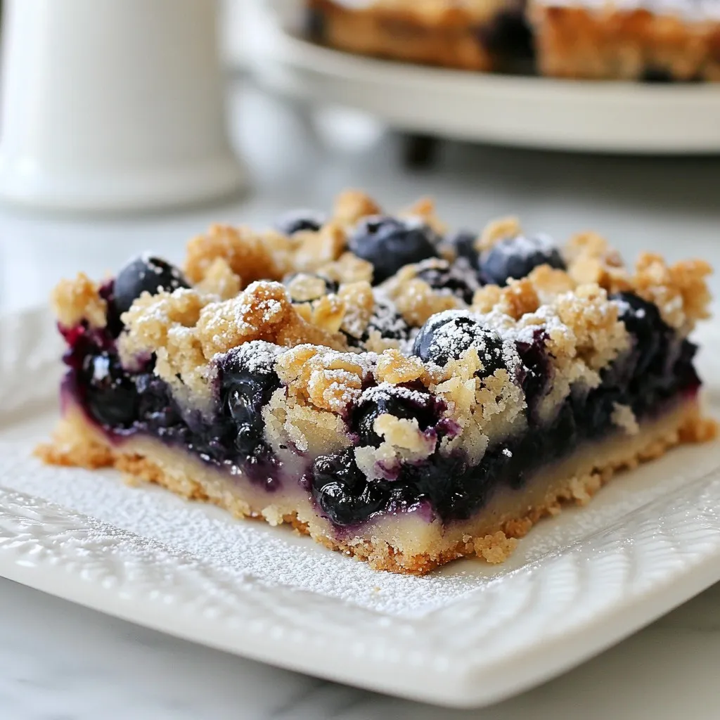 For the best Blueberry Crumble Bars, use fresh ingredients. You need: - 2 cups fresh blueberries - 1 tablespoon lemon juice - 1/4 cup granulated sugar (adjust based on blueberry sweetness) - 1 teaspoon cornstarch Fresh blueberries give the bars a juicy and sweet flavor. The lemon juice brightens the taste, while sugar sweetens it. Cornstarch helps thicken the filling. You will also need some common baking staples. Gather these: - 1 1/2 cups all-purpose flour - 1/2 cup rolled oats - 1/2 cup brown sugar, packed - 1/2 teaspoon baking powder - 1/4 teaspoon salt - 1/2 cup unsalted butter, melted - 1 teaspoon vanilla extract Flour and oats create a great crumble. Brown sugar adds depth, while baking powder helps the bars rise. Salt balances the sweetness, and butter brings everything together. You can tweak the recipe to suit your taste. If your blueberries are very sweet, use less granulated sugar. You can also try swapping the brown sugar for coconut sugar for a different flavor. If you want a lighter option, use less butter or a butter substitute. These small changes can help make the bars just right for you. {{ingredient_image_1}} First, preheat your oven to 350°F (175°C). Grease an 8x8-inch baking dish with butter or cooking spray. This step helps the bars come out easily after baking. In a mixing bowl, gently combine the fresh blueberries with 1 tablespoon of lemon juice, 1/4 cup of granulated sugar, and 1 teaspoon of cornstarch. Mix these ingredients carefully to avoid squishing the berries. Let this sit for a few minutes. This time allows the flavors to blend and the cornstarch to thicken. In another bowl, whisk together 1 1/2 cups of all-purpose flour, 1/2 cup of rolled oats, 1/2 cup of brown sugar, 1/2 teaspoon of baking powder, and 1/4 teaspoon of salt. These ingredients form the tasty crumb base and topping. Next, pour in 1/2 cup of melted unsalted butter and 1 teaspoon of vanilla extract. Mix until the dry ingredients get coated and the mixture becomes crumbly. Take about two-thirds of this mixture and press it firmly into the bottom of your greased baking dish. Make sure it's even and covers the entire base. Now, take the blueberry mixture and spoon it evenly over the pressed crumble base. Spread the blueberries gently so they cover the whole area. Finally, sprinkle the remaining crumble mixture over the blueberries. Ensure it's distributed evenly for the best texture. Bake the dish in the preheated oven for 30-35 minutes. You want the top to turn golden brown and the blueberries to bubble. Let the bars cool in the pan for at least 15 minutes before slicing into squares. To get the best crumble, use cold butter. Cut it into small cubes and mix it in. This keeps the mixture crumbly. You want to see small clumps of butter. Don’t over-mix; stop when the mix looks sandy but holds together. The oats add a nice chewiness too. I love serving these bars warm. They taste great with a scoop of vanilla ice cream. Dusting them with powdered sugar adds a sweet touch. You can also enjoy them plain or with fresh berries on top. They are perfect for breakfast or dessert! A common mistake is using soft butter. It makes the crumble too smooth. Always measure your flour correctly; too much can make it dry. Don’t skip the cornstarch in the filling. It helps thicken the blueberries and keeps the bars from being too runny. Lastly, let them cool before slicing; it makes cutting easier! Pro Tips Use Fresh Blueberries: Fresh blueberries will provide the best flavor and texture for your crumble bars. If using frozen, make sure to thaw and drain excess moisture. Adjust Sweetness: Depending on the ripeness of your blueberries, you may need to adjust the sugar content. Taste the mixture before baking to find the perfect balance. Perfect Crumble Texture: For a crumbly topping, ensure your butter is melted but not too hot. Mix until just combined to keep the texture nice and crumbly. Let Cool Before Slicing: Allow the bars to cool for at least 15 minutes before slicing. This helps them set and makes for cleaner cuts. {{image_2}} You can make these blueberry crumble bars gluten-free. Use gluten-free all-purpose flour instead of regular flour. Check the flour blend to ensure it works well in baking. This small change makes the bars safe for gluten-sensitive friends without losing flavor or texture. To make this recipe vegan, swap butter for coconut oil or a vegan butter. You can also use maple syrup or agave syrup instead of granulated sugar. For the egg, use unsweetened applesauce (1/4 cup per egg) if you decide to add it for moisture. These swaps keep the bars tasty while meeting vegan needs. You can add fun flavors to your bars. Mix in chopped nuts like walnuts or pecans for crunch. Add spices like cinnamon or nutmeg to give warmth and depth. A little zest from an orange or lemon brightens the blueberries. These extras can make your bars unique and exciting. To keep your blueberry crumble bars fresh, store them in an airtight container. Use parchment paper to separate layers if you stack them. This helps prevent sticking. Place the container in the fridge for best results. If you want to keep them longer, you can freeze them. In the fridge, these bars last about 3 to 5 days. The blueberries stay juicy, and the crumble remains tasty. If frozen, they can last up to 3 months. Just make sure to wrap them well to avoid freezer burn. To reheat, take a bar and place it on a microwave-safe plate. Heat it for 15 to 20 seconds. This warms the bar and makes the blueberries soft again. You can also bake them in the oven. Set the oven to 350°F (175°C) and warm the bars for about 10 minutes. This makes the crumble nice and crisp again. Enjoy warm for the best flavor! Yes, you can use frozen blueberries. They work well in this recipe. Just add them straight from the freezer. You may want to increase the baking time slightly. The filling might be a bit juicier, but it will still taste great! Adjust the sugar based on the sweetness of your blueberries. If they are tart, add more sugar. If they are sweet, use less. Start with the 1/4 cup sugar and taste the mixture. This way, you make sure the filling is just right. Absolutely! You can double the recipe. Use a larger baking dish, like 9x13 inches. Just keep an eye on the baking time. Larger bars may need a few extra minutes to bake fully. If you need a butter substitute, try coconut oil or vegan butter. Both options work well in this recipe. They will keep the crumble nice and rich. Just melt them the same way you would butter. Yes, these bars freeze well! Once cooled, wrap them in plastic wrap or foil. Store them in an airtight container. They can last up to three months in the freezer. Just thaw them in the fridge before serving. This article covered how to make delicious blueberry crumble bars. You learned about fresh ingredients needed, baking staples, and simple adjustments. I shared step-by-step instructions for baking and tips for the perfect texture. Plus, I offered storage info and answered common FAQs. Blueberry crumble bars are easy and fun to make. Enjoy experimenting with variations to suit your taste. With these tips, your baking will shine. Happy baking!