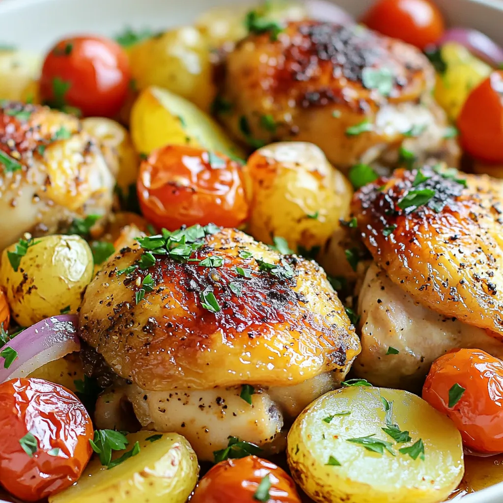 - 4 bone-in, skin-on chicken thighs - 1 pound baby potatoes, halved - 1 large red onion, cut into wedges - 3 cloves garlic, minced - 1 cup cherry tomatoes, halved These main ingredients create a hearty base for the dish. The chicken thighs give great flavor and moisture. Baby potatoes add texture and soak up the juices. Red onion brings a bit of sweetness. Garlic adds depth, while cherry tomatoes provide a burst of freshness. - 2 teaspoons dried oregano - 1 teaspoon dried thyme - 1 lemon, zested and juiced - 3 tablespoons olive oil - Salt and pepper to taste The herbs and seasonings elevate the dish. Oregano and thyme offer that classic Greek taste. Lemon zest and juice brighten up the flavors. Olive oil adds richness. Salt and pepper balance everything out, making the dish pop. - Fresh parsley Fresh parsley brings a nice color and a hint of earthiness. It also adds a final touch that makes the dish look beautiful. You can sprinkle it on before serving for that perfect finish. {{ingredient_image_1}} - Marinating Process Start by mixing olive oil, lemon juice, lemon zest, minced garlic, oregano, thyme, salt, and pepper in a large bowl. This creates a tasty marinade. Add the chicken thighs to the bowl, making sure they are fully coated. Let the chicken marinate for at least 15 minutes. If you can wait longer, it will taste even better! - Chicken Skin Preparation The skin on the chicken helps keep it moist and adds flavor. Make sure it's intact and clean. You can score the skin lightly with a knife. This helps the marinade soak in and gives you crispier skin when cooked. - Cutting and Tossing Potatoes Take your baby potatoes and cut them in half. This helps them cook faster. In a large baking sheet or oven-safe skillet, put the potatoes. Drizzle a little olive oil, and add salt and pepper. Toss them well to coat every piece. - Onion and Tomato Assembly Cut the red onion into wedges. Add these to the baking sheet with the potatoes. Then, halve the cherry tomatoes and scatter them around the potatoes. The tomatoes will add sweetness and color to your dish. - Baking Temperature and Time Preheat your oven to 400°F (200°C). Place the pan with the chicken and vegetables in the oven. Bake for about 40-45 minutes. Make sure the chicken reaches an internal temperature of 165°F (75°C). The potatoes should be fork-tender. - Final Touches for Crispy Skin For crispy skin, turn on the broiler for the last 3-5 minutes. Watch closely to avoid burning. This step makes the chicken skin golden brown and crispy, adding a nice texture to your meal. Marinating is key for great flavor. Let the chicken soak up the marinade for at least 15 minutes. If you have more time, aim for an hour or overnight. This time allows the chicken to absorb all those tasty herbs and spices. If you lack some ingredients, don't worry! You can swap lemon juice for vinegar or use any favorite oil. Try different herbs like basil or rosemary. Just keep the main idea: you want a mix of acid, oil, and spices. A meat thermometer is your best friend. Insert it into the thickest part of the chicken. You want it to read 165°F (75°C) for the chicken to be safe. This tool helps you avoid any guesswork. For the potatoes, avoid overcooking by cutting them into even halves. This ensures they cook through at the same time as the chicken. Check them around the 30-minute mark. If they're fork-tender, you're good to go! Want to add more flavor? Consider sprinkling in some paprika or garlic powder. These can change the dish and add depth. When it comes to herbs, fresh is often best. Fresh parsley brightens the dish. However, dried herbs work fine too. Just remember, dried herbs are stronger than fresh. Use about a third of the amount if you're switching. This way, you keep the flavor balanced and bright! Pro Tips Marinate Longer: For deeper flavor, marinate the chicken thighs for at least 1 hour or overnight in the refrigerator. Crispier Skin: To achieve an extra crispy skin, pat the chicken dry with paper towels before marinating and use a higher oven temperature. Add More Veggies: Feel free to add other vegetables like bell peppers or zucchini for more color and nutrition. Leftover Magic: Leftovers make a great addition to salads or wraps the next day—just shred the chicken and mix it in! {{image_2}} - Using Chicken Breasts You can swap chicken thighs for chicken breasts. Chicken breasts cook faster, so check them early. Marinate them the same way. They will still soak up that lovely lemon and herb flavor. - Substituting with Salmon Salmon works great too! Use skin-on fillets for a crispy finish. Place the salmon on the sheet for the last 15 minutes of cooking. This way, it stays tender and juicy. - Carrots and Zucchini Carrots add sweetness, and zucchini brings moisture. Slice carrots into sticks and cut zucchini into half-moons. Toss them with oil, salt, and pepper before adding to the pan. They cook nicely with the chicken. - Bell Peppers and Olives Add bell peppers for color and flavor. Use any color you like! Olives add a briny kick. Slice the peppers and mix in pitted olives. This combo brightens the dish and adds great taste. - Mediterranean Spice Variations Try different spices to change the flavor. Add sumac or cumin for warmth. A pinch of cinnamon can also add a unique twist. Just mix these spices into your marinade for a new taste. - Adding Spice with Green Chilies If you like heat, add green chilies. Chop them up and toss them in with the tomatoes. They will give a nice kick that pairs well with the chicken and potatoes. Adjust the amount based on your spice level preference. After your meal, let the chicken and potatoes cool down. Place leftovers in airtight containers. This keeps the flavors fresh. I recommend using glass containers. They do not stain and are easy to clean. Store in the fridge for up to three days. For reheating, use the oven for best results. Preheat your oven to 350°F (175°C). Place the leftovers in a baking dish. Cover with foil to avoid drying out. Heat for about 20 minutes or until warm. You can also use a microwave, but oven reheating keeps the skin crispy. If you want to freeze leftovers, let them cool completely. Use freezer-safe bags or containers. Remove as much air as possible to prevent freezer burn. Label the bags or containers with the date. You can freeze them for up to three months. When you’re ready to eat, thaw in the fridge overnight. For quick thawing, place the sealed bag in cold water for about an hour. Once thawed, reheat as mentioned before. For fresh ingredients, always check for signs of spoilage. Chicken should smell fresh and not have a slimy texture. Potatoes should be firm with no sprouting. If stored well, cooked chicken lasts in the fridge for three days. Potatoes can stay fresh for about a week if kept cool and dry. Remember, the sooner you eat your leftovers, the better they taste! Yes, you can prepare One Pan Greek Chicken and Potatoes ahead of time. Marinate the chicken and chop the veggies a few hours in advance. Store them in the fridge until you are ready to cook. This helps the flavors mix well. Just remember to bring everything to room temperature before baking for the best results. This dish pairs well with several sides. Here are some ideas: - Greek salad with cucumbers and feta - Tzatziki sauce for a cool dip - Crusty bread to soak up the juices - Steamed green beans for a fresh crunch These options enhance the meal and add more flavors to your plate. Yes, this recipe is great for meal prep. You can make a batch and store it for later. Here’s how to adjust servings for larger families: - Double the chicken and potatoes for more servings. - Use a larger baking sheet or two pans to fit everything. - For fewer servings, cut the chicken and potatoes in half. - Adjust the seasoning as needed, keeping the same ratios. - Always check the internal temperature of the chicken to ensure it's cooked through. Meal prepping this dish saves time and gives you quick, tasty meals for busy days. This blog covered a tasty One Pan Greek Chicken and Potatoes recipe. You learned about the main ingredients, like chicken thighs and baby potatoes, and the vital herbs and seasonings. We discussed prep steps, cooking tips, and variations to try. In closing, don't hesitate to experiment with flavors or use different proteins. Storing tips ensure your meal stays fresh. Enjoy making this dish, and share your results! Happy cooking!