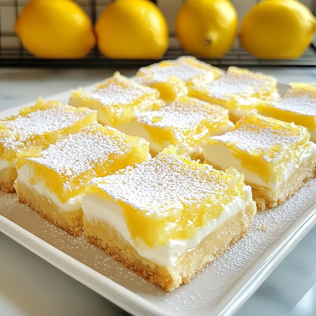 To make Greek yogurt lemon bars, you need a few key ingredients. Here’s what you’ll need: - 1 cup all-purpose flour - 1/2 cup powdered sugar - 1/4 cup cornstarch - 1/2 teaspoon salt - 1/2 cup unsalted butter, melted - 1 cup Greek yogurt - 1 cup granulated sugar - 3 large eggs - 1/4 cup fresh lemon juice (about 2 lemons) - Zest of 2 lemons - 1 teaspoon vanilla extract - Optional: Extra powdered sugar for dusting These ingredients come together to create a smooth filling and a crumbly crust. The Greek yogurt adds a creamy texture and a delightful tang. You can easily swap some ingredients if needed. Here are a few substitutions: - All-purpose flour: You can use whole wheat flour for added fiber. - Powdered sugar: You can make your own by blending granulated sugar until fine. - Unsalted butter: Coconut oil or vegan butter works well for a dairy-free option. - Greek yogurt: Regular yogurt or dairy-free yogurt can replace Greek yogurt. - Granulated sugar: You can use honey or maple syrup for a natural sweetener. These swaps allow you to customize the bars to fit your diet or preferences. Greek yogurt is a star ingredient in this recipe. It offers many nutritional benefits: - High in protein: Greek yogurt packs more protein than regular yogurt. - Probiotics: It helps with digestion and gut health. - Calcium: It is a good source of calcium for strong bones. - Lower in sugar: Greek yogurt often has less sugar than other creamy options. Using Greek yogurt makes these lemon bars a bit healthier. You can enjoy them without the guilt! {{ingredient_image_1}} To start, preheat your oven to 350°F (175°C). Grease an 8x8 inch baking dish or line it with parchment paper. This makes it easy to remove the bars later. In a medium bowl, whisk together 1 cup of all-purpose flour, 1/2 cup of powdered sugar, 1/4 cup of cornstarch, and 1/2 teaspoon of salt. Make sure everything mixes well. Next, pour in 1/2 cup of melted unsalted butter. Mix until the texture is crumbly. Now, press this mixture evenly into the bottom of your baking dish. In a large bowl, gather the main star: 1 cup of Greek yogurt. Add in 1 cup of granulated sugar, 3 large eggs, 1/4 cup of fresh lemon juice, and the zest of 2 lemons. Don’t forget 1 teaspoon of vanilla extract! Whisk this mixture until it becomes smooth and creamy. This filling is what makes the bars so delicious. Pour the yogurt filling over the crust, spreading it evenly. Now, return the baking dish to the oven. Bake for 25-30 minutes. The filling should be set and firm to the touch. Once baked, take the dish out of the oven and let it cool completely at room temperature. After that, place it in the fridge for at least 2 hours. This helps the bars set perfectly. When ready, cut them into squares. Dust with powdered sugar if you like. Enjoy your Greek yogurt lemon bars! To get a great crust, mix your dry ingredients well. Combine flour, powdered sugar, cornstarch, and salt in a bowl. Then, add melted butter and stir until crumbly. Press this mixture firmly into the bottom of your baking dish. Bake at 350°F for 15-20 minutes. You want it golden but not too dark. Let it cool slightly before adding the filling. For a creamy filling, use room-temperature Greek yogurt. This helps it mix smoothly with the sugar and eggs. Whisk everything together until it's lump-free. Fresh lemon juice and zest give it a bright flavor. Make sure to pour the filling over the cooled crust. This helps keep the layers clear and neat. Avoid overmixing the filling. If you mix too much, it can become airy and lose that creamy texture. Also, don’t skip the cooling time for the crust. If you add the filling too soon, it might melt into the crust. Lastly, be patient when cooling the bars. Let them chill in the fridge for at least two hours to set properly. Pro Tips Use Fresh Lemons: For the best flavor, always use fresh lemons instead of bottled lemon juice. The zest and juice from fresh lemons will elevate the taste of your lemon bars. Chill Before Serving: Allow the lemon bars to cool completely at room temperature, then refrigerate for at least 2 hours. This helps the filling to set properly and makes them easier to cut. Adjust Sweetness: If you prefer a less sweet dessert, you can reduce the amount of granulated sugar in the filling. Just be mindful that this may affect the texture slightly. Perfectly Cut Squares: For clean cuts, use a sharp knife and wipe it clean between cuts. This prevents the filling from sticking to the knife and gives you neat squares. {{image_2}} You can switch up the lemon flavor in your bars. Try using lime or orange for a fun twist. Blood oranges can add a vibrant hue and a sweet taste. You can even mix different citrus fruits for a bright, zesty flavor. If you love berries, add some mashed raspberries or blueberries. They give a nice contrast to the lemon. This makes the bars more colorful and tasty. If you need a gluten-free version, swap the all-purpose flour. Use a 1:1 gluten-free flour blend instead. Look for blends that contain xanthan gum for better texture. You can also use almond flour or coconut flour. Both will give you a unique flavor and a different texture. Don’t forget to adjust the baking time if needed. Watch for a golden color on the crust. To make these bars dairy-free, use a plant-based yogurt. Look for coconut or almond yogurt for a rich flavor. These options work well to keep the bars creamy. You can also try silken tofu blended until smooth. This gives a nice texture and taste. Just make sure the yogurt is unsweetened to keep the balance right. To keep your Greek yogurt lemon bars fresh, place them in an airtight container. You can stack the bars with parchment paper between layers. This method helps prevent sticking. Keep the bars in the fridge for up to five days. The coolness will keep them firm and tasty. If you want to save some for later, freezing is a great option. First, let the bars cool completely. Then, cut them into squares. Wrap each square in plastic wrap or foil. Place the wrapped bars in a freezer-safe bag or container. They can last in the freezer for up to three months. When you are ready to eat, thaw them in the fridge overnight. These lemon bars taste best cold, but you can reheat them if you prefer. To reheat, place them in a preheated oven at 350°F (175°C) for about 10 minutes. This warms them gently without making them soggy. Enjoy them fresh from the oven or chilled from the fridge. Yes, you can use regular yogurt. However, Greek yogurt is thicker. This thickness gives the lemon bars a creamier texture. If you use regular yogurt, the bars may be a bit runny. You might want to strain regular yogurt in cheesecloth for a thicker result. The lemon bars are done when the filling is set. Gently touch the center; it should feel firm, not jiggly. The edges may pull away slightly from the pan. A slight golden color on top also shows they are ready. These lemon bars taste great with fresh fruit. Berries like strawberries or blueberries add a sweet touch. You could also serve them with whipped cream or a scoop of vanilla ice cream. A cup of tea or coffee pairs well too, making a nice treat. Greek yogurt lemon bars combine bright flavors and healthy ingredients. You learned about key ingredients, plus tasty substitutions and nutritional perks. I shared step-by-step instructions to make your bars easy. Tips helped you avoid common mistakes and achieve the perfect texture. Variations allowed room for creativity. Storing tips ensure freshness for longer. These bars are a delicious sweet treat you can feel good about! Try them today, and enjoy every bite.