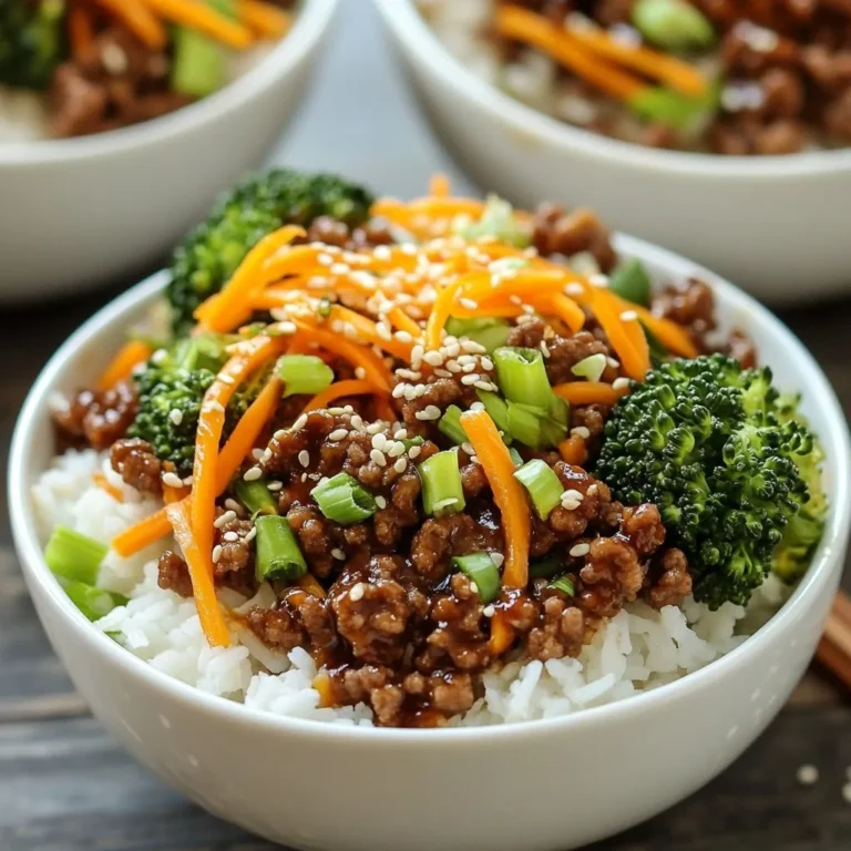 To make Korean ground beef bowls, you need a few key ingredients: - 1 lb ground beef - 3 tablespoons soy sauce - 1 tablespoon brown sugar - 1 tablespoon sesame oil - 2 teaspoons minced garlic - 1 teaspoon minced ginger - 1 teaspoon red pepper flakes (adjust to taste) - 2 green onions, finely chopped - 1 cup cooked rice (white or brown) These ingredients give the dish its savory and rich flavor. The ground beef is the main protein, while soy sauce adds umami. Brown sugar balances the saltiness. Sesame oil brings a nutty taste that enhances every bite. You can add some optional ingredients for extra flavor: - Shredded carrots (1 cup) - Steamed broccoli (1 cup) These vegetables not only boost nutrition but also add color and texture. You can mix in other veggies you like, such as bell peppers or snap peas. Try adding spices too, like garlic powder or onion powder, for more depth. Garnishing makes your dish look great! Here are some ideas: - Sesame seeds - Chopped green onions Sesame seeds add a nice crunch and nutty flavor. Green onions give a fresh and zesty touch. You can sprinkle them on top right before serving to make your bowls pop! {{ingredient_image_1}} 1. Start by heating sesame oil in a large skillet over medium-high heat. 2. Add minced garlic and ginger. Stir them for 30 seconds until they smell great. 3. Next, add the ground beef. Break it apart with a spatula. 4. Cook the beef for about 5-7 minutes until it turns brown and is cooked through. 5. Once done, drain any extra fat from the skillet. 1. Now it's time to add some flavor! Stir in soy sauce, brown sugar, and red pepper flakes. 2. Mix everything well to blend the flavors. 3. Let the mixture simmer for 2-3 minutes. This helps the flavors come together. 1. Grab your serving bowls and layer the cooked rice at the bottom. 2. Spoon the Korean ground beef mixture over the rice. 3. Top it off with shredded carrots, steamed broccoli, and chopped green onions. 4. For a final touch, sprinkle sesame seeds on top before serving. To make your Korean ground beef bowls shine, use fresh ingredients. Start with high-quality soy sauce. You can add gochujang for a spicy kick. This red chili paste brings depth and heat. For a sweet touch, use brown sugar, but try honey for a twist. Garlic and ginger are key. They add warmth and brightness to the dish. Don't forget to sprinkle sesame seeds on top for a nutty finish. When cooking ground beef, heat your skillet well before adding the meat. This helps it brown nicely. Break the beef apart with a spatula as it cooks. Cook until it’s fully browned, about 5 to 7 minutes. After cooking, drain any excess fat. This keeps your dish from getting greasy. You want to keep the flavors focused on the meat and sauce. Serve your Korean ground beef bowls with a side of steamed rice. White or brown rice works well. You can also add some pickled vegetables for crunch. Kimchi is a great choice for a traditional touch. To drink, serve with iced tea or a light beer. These pair well with the bold flavors of the beef. Enjoy your meal with family or friends! Pro Tips Use Lean Ground Beef: Opt for ground beef with a lower fat content (such as 90% lean) to reduce grease and enhance the flavors of the dish. Customize the Spice Level: Adjust the amount of red pepper flakes according to your preference. Start with a smaller amount and add more if you like it spicy! Make It a Meal Prep Favorite: Prepare extra portions and store them in airtight containers for quick and easy meals throughout the week. Experiment with Toppings: Enhance your bowls with additional toppings like avocado, kimchi, or sliced radishes for added flavor and texture. {{image_2}} You can easily change the protein in these bowls. If you don't want ground beef, try ground chicken or turkey. Both options offer a lighter taste. You can also use tofu for a vegetarian choice. Just crumble the tofu and cook it like the beef. This gives a nice texture and absorbs all the flavors. If you need a gluten-free version, swap soy sauce with tamari. This keeps the dish safe for those who avoid gluten. For a low-carb option, replace rice with cauliflower rice. It provides the same bulk with fewer carbs. You won’t miss the extra carbs with all the tasty flavors in the bowl. Get creative with your toppings! You can add sliced bell peppers or snap peas for crunch. Avocado slices also work well, adding creaminess to the dish. For extra flavor, drizzle with sriracha or a sesame sauce. Don't forget to sprinkle more sesame seeds on top for a finishing touch. To keep your Korean ground beef bowls fresh, use airtight containers. Once cooled, place the beef mixture and toppings in separate containers. This helps maintain the texture of the rice and veggies. You can refrigerate leftovers for up to three days. For longer storage, freeze the beef mixture. It stays good in the freezer for about three months. When reheating, keep the flavors and texture intact. You can use a microwave or a skillet. For the microwave, place the beef and rice in a bowl. Cover it with a damp paper towel. Heat in short bursts of 30 seconds, stirring in between. If using a skillet, add a splash of water, cover, and heat over low. Stir until warmed through. This keeps everything moist and tasty. In the fridge, your Korean ground beef bowls are best eaten within three days. If frozen, they can last for about three months. After that, the quality may decrease. Always check for off smells or changes in texture before eating leftovers. To make your Korean Ground Beef Bowls spicy, use red pepper flakes. Start with one teaspoon. Taste it, then add more if you like it hotter. You can also add spicy sauces, like gochujang. This Korean chili paste adds heat and flavor. Adjust to your taste for the perfect kick! Yes, you can use other meats. Ground turkey is a great substitute. It is leaner and still tasty. Ground pork also works well and adds richness. If you prefer chicken, use ground chicken. Each meat changes the flavor a bit, but all are delicious. You have many options for sides. Steamed broccoli pairs nicely with the beef. You can also serve pickled vegetables for a crunchy contrast. Kimchi adds spice and tang. For something light, try a simple salad. All these sides complement the flavors of the beef bowls well. Korean Ground Beef Bowls are easy to make and full of flavor. We covered main and optional ingredients, along with garnishes to enhance your dish. You can follow step-by-step instructions for cooking and assembling the bowls. Tips for authentic flavors and cooking techniques make this meal even better. There are many ways to customize your bowls, too. Try new ingredients, store leftovers right, and enjoy this delicious dish anytime. With these tips and tricks, your Korean Ground Beef Bowls will shine at any meal.