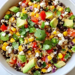 - 1 cup quinoa, rinsed - 2 cups vegetable broth or water - 1 cup black beans, rinsed and drained - 1 cup corn, fresh or frozen - 1 red bell pepper, diced - 1 jalape&ntilde;o, finely chopped (seeds removed for less heat) - 1/2 red onion, finely chopped - 1 avocado, diced - 1/4 cup fresh cilantro, chopped - Juice of 2 limes - 2 tablespoons olive oil - 1 teaspoon cumin - 1/2 teaspoon smoked paprika - Salt and pepper to taste - Crumbled feta cheese - Additional garnishes (cilantro, lime wedges) Quinoa is the star here. It gives the salad its base and adds protein. You rinse it to remove the bitter coating called saponin. Using vegetable broth boosts the flavor. Next, we have black beans and corn. These add fiber and a hearty texture. The red bell pepper and jalape&ntilde;o bring color and crunch. Remove the jalape&ntilde;o seeds if you want less heat. The red onion adds a crisp bite, while the avocado makes it creamy. Fresh cilantro gives a bright taste. Don't skip the lime juice! It adds freshness and tang. Finally, the cumin and smoked paprika give warmth and depth. Salt and pepper tie all the flavors together. If you like a bit of creaminess, crumble feta cheese on top. You can also add lime wedges and extra cilantro for a bright finish. {{ingredient_image_1}} First, measure 1 cup of quinoa. Rinse it under cold water to remove any bitterness. This step is key for great flavor. Next, pour the rinsed quinoa into a medium-sized saucepan. Add 2 cups of vegetable broth or water. The broth adds a nice taste. Now, bring the mixture to a boil over medium heat. Once it boils, reduce the heat to low and cover the pan. Let it simmer for about 15 minutes. The quinoa will absorb all the liquid and become fluffy. After 15 minutes, take it off the heat and let it cool for about 10 minutes. Fluff it with a fork for a light texture. In a large mixing bowl, combine the black beans, corn, diced red bell pepper, jalape&ntilde;o, red onion, and fresh cilantro. This mix gives the salad its vibrant colors and crunch. Then, add the cooled quinoa to the vegetable mix. In a small bowl, whisk together the juice of 2 limes, 2 tablespoons of olive oil, 1 teaspoon of cumin, 1/2 teaspoon of smoked paprika, salt, and pepper. This dressing packs a flavor punch. Pour the dressing over the salad and toss gently to coat all the ingredients. Now it&rsquo;s time for the avocado! Gently fold in the diced avocado. Be careful not to mash it; we want nice chunks. If you like, you can top the salad with crumbled feta cheese for extra creaminess. For serving, place the salad in a large bowl or dish it out into individual portions. Garnish with extra cilantro and lime wedges. This adds color and freshness to your dish. Enjoy your Southwest Quinoa Salad! To avoid mushy quinoa, rinse it well before cooking. This removes excess starch. Use two cups of vegetable broth or water for one cup of quinoa. This keeps it fluffy and full of flavor. After cooking, let the quinoa cool for about ten minutes. Fluff it gently with a fork to separate the grains. Adjust seasonings for your taste. I like to add more cumin for warmth or smoked paprika for depth. Fresh herbs, like cilantro, brighten the salad and add freshness. Chop them right before mixing to keep their flavor strong. Serve your salad in a large bowl for family-style meals. For individual portions, use small bowls or plates. Garnish with extra cilantro and lime wedges for color. You can also sprinkle crumbled feta on top for a creamy finish. This adds a nice contrast and makes the dish pop. Pro Tips Perfectly Cooked Quinoa: Make sure to rinse the quinoa thoroughly before cooking to remove its natural bitterness. The vegetable broth adds flavor, enhancing the overall taste of the salad. Customize Your Heat Level: Adjust the amount of jalape&ntilde;o based on your heat preference. You can also use other peppers like poblano for a milder flavor or keep it out entirely for a spice-free version. Fresh Ingredients Matter: Using fresh corn instead of frozen will give the salad a sweeter crunch. If using frozen corn, make sure to thaw and drain it properly before adding it to the salad. Make It Ahead: This salad holds up well in the refrigerator for a couple of days. Prepare it in advance for meal prep or parties, but add the avocado just before serving to keep it fresh. {{image_2}} You can switch out beans and veggies in this salad. For beans, try chickpeas or kidney beans. They add a nice twist. If you want more crunch, add diced cucumbers or grated carrots. For the bell pepper, yellow or green peppers work well, too. Dressing is easy to change. You can use apple cider vinegar instead of lime juice for a tangy taste. If you like heat, add some hot sauce to the dressing. This gives the salad a spicy kick. This salad can fit many diets. It is vegan since it has no animal products. Just skip the feta cheese if you want to keep it plant-based. For gluten-free options, check that your quinoa is certified gluten-free. Quinoa is naturally gluten-free, so it&rsquo;s a great choice. If you want low-carb options, skip the corn. You can add more veggies like spinach or zucchini instead. This keeps the salad light and fresh while still being filling. To store your Southwest quinoa salad, place it in an airtight container. Make sure it cools completely before sealing. This keeps the salad fresh. Refrigerate the container right away. The salad lasts about 3 to 5 days in the fridge. If you notice any odd smells or colors, it&rsquo;s best to toss it. For quick meals, you can prepare the salad in advance. Make a large batch on the weekend. Store it in smaller containers for easy grab-and-go lunches. You can also freeze the salad. However, I recommend leaving out the avocado and dressing before freezing. This way, you keep the fresh taste. Store it in freezer-safe bags for up to three months. When ready to eat, thaw in the fridge overnight and then add the avocado and dressing. You can make your salad even better by adding more toppings and mix-ins. Here are some ideas: - Cherry tomatoes: Halved for a juicy burst of flavor. - Cucumbers: Diced for a refreshing crunch. - Olives: Black or green for a salty kick. - Chickpeas: For extra protein and fiber. - Corn salsa: For added zest and brightness. - Lime wedges: A squeeze before eating adds fresh flavor. Feel free to get creative! Mix in your favorite veggies or proteins to make it your own. You can easily prep your salad in advance. Here are some tips for making quinoa salad ahead of time: - Cook the quinoa: You can make it a day before. Store it in an airtight container in the fridge. - Chop vegetables: Prep your veggies a day ahead. Keep them in the fridge to stay fresh. - Dress before serving: Add the dressing just before serving. This keeps the salad crisp. - Store separately: Keep avocado separate until serving to avoid browning. These steps make it easy to enjoy your salad anytime! Yes, Southwest Quinoa Salad is very healthy! Here are some key benefits: - High in protein: Quinoa and black beans provide complete protein. - Packed with fiber: The beans and veggies aid digestion and keep you full. - Rich in vitamins: Fresh vegetables add essential nutrients like vitamin C. - Healthy fats: Avocado and olive oil offer good fats for heart health. This salad fits well in many diets. It is vegan, gluten-free, and low in calories. Enjoy it as a meal or a side! This blog post covered how to make a delicious Southwest quinoa salad. We explored key ingredients like quinoa, beans, and fresh vegetables. I shared step-by-step instructions for cooking and mixing the salad, along with tips for perfect quinoa. We also discussed variations, storage advice, and answered common questions. With these ideas, you can create a healthy dish your way. Enjoy all the flavors and benefits this salad offers!