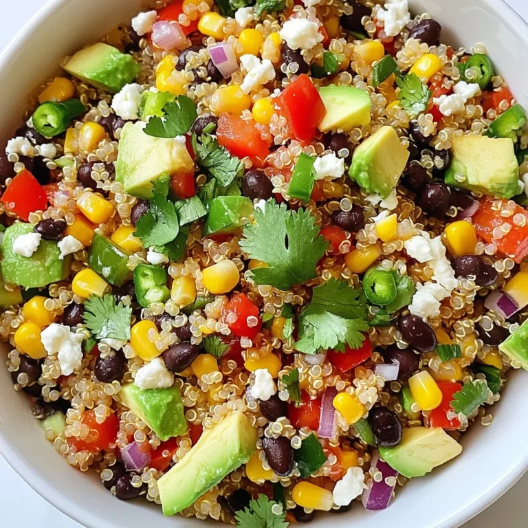 - 1 cup quinoa, rinsed - 2 cups vegetable broth or water - 1 cup black beans, rinsed and drained - 1 cup corn, fresh or frozen - 1 red bell pepper, diced - 1 jalapeño, finely chopped (seeds removed for less heat) - 1/2 red onion, finely chopped - 1 avocado, diced - 1/4 cup fresh cilantro, chopped - Juice of 2 limes - 2 tablespoons olive oil - 1 teaspoon cumin - 1/2 teaspoon smoked paprika - Salt and pepper to taste - Crumbled feta cheese - Additional garnishes (cilantro, lime wedges) Quinoa is the star here. It gives the salad its base and adds protein. You rinse it to remove the bitter coating called saponin. Using vegetable broth boosts the flavor. Next, we have black beans and corn. These add fiber and a hearty texture. The red bell pepper and jalapeño bring color and crunch. Remove the jalapeño seeds if you want less heat. The red onion adds a crisp bite, while the avocado makes it creamy. Fresh cilantro gives a bright taste. Don't skip the lime juice! It adds freshness and tang. Finally, the cumin and smoked paprika give warmth and depth. Salt and pepper tie all the flavors together. If you like a bit of creaminess, crumble feta cheese on top. You can also add lime wedges and extra cilantro for a bright finish. {{ingredient_image_1}} First, measure 1 cup of quinoa. Rinse it under cold water to remove any bitterness. This step is key for great flavor. Next, pour the rinsed quinoa into a medium-sized saucepan. Add 2 cups of vegetable broth or water. The broth adds a nice taste. Now, bring the mixture to a boil over medium heat. Once it boils, reduce the heat to low and cover the pan. Let it simmer for about 15 minutes. The quinoa will absorb all the liquid and become fluffy. After 15 minutes, take it off the heat and let it cool for about 10 minutes. Fluff it with a fork for a light texture. In a large mixing bowl, combine the black beans, corn, diced red bell pepper, jalapeño, red onion, and fresh cilantro. This mix gives the salad its vibrant colors and crunch. Then, add the cooled quinoa to the vegetable mix. In a small bowl, whisk together the juice of 2 limes, 2 tablespoons of olive oil, 1 teaspoon of cumin, 1/2 teaspoon of smoked paprika, salt, and pepper. This dressing packs a flavor punch. Pour the dressing over the salad and toss gently to coat all the ingredients. Now it’s time for the avocado! Gently fold in the diced avocado. Be careful not to mash it; we want nice chunks. If you like, you can top the salad with crumbled feta cheese for extra creaminess. For serving, place the salad in a large bowl or dish it out into individual portions. Garnish with extra cilantro and lime wedges. This adds color and freshness to your dish. Enjoy your Southwest Quinoa Salad! To avoid mushy quinoa, rinse it well before cooking. This removes excess starch. Use two cups of vegetable broth or water for one cup of quinoa. This keeps it fluffy and full of flavor. After cooking, let the quinoa cool for about ten minutes. Fluff it gently with a fork to separate the grains. Adjust seasonings for your taste. I like to add more cumin for warmth or smoked paprika for depth. Fresh herbs, like cilantro, brighten the salad and add freshness. Chop them right before mixing to keep their flavor strong. Serve your salad in a large bowl for family-style meals. For individual portions, use small bowls or plates. Garnish with extra cilantro and lime wedges for color. You can also sprinkle crumbled feta on top for a creamy finish. This adds a nice contrast and makes the dish pop. Pro Tips Perfectly Cooked Quinoa: Make sure to rinse the quinoa thoroughly before cooking to remove its natural bitterness. The vegetable broth adds flavor, enhancing the overall taste of the salad. Customize Your Heat Level: Adjust the amount of jalapeño based on your heat preference. You can also use other peppers like poblano for a milder flavor or keep it out entirely for a spice-free version. Fresh Ingredients Matter: Using fresh corn instead of frozen will give the salad a sweeter crunch. If using frozen corn, make sure to thaw and drain it properly before adding it to the salad. Make It Ahead: This salad holds up well in the refrigerator for a couple of days. Prepare it in advance for meal prep or parties, but add the avocado just before serving to keep it fresh. {{image_2}} You can switch out beans and veggies in this salad. For beans, try chickpeas or kidney beans. They add a nice twist. If you want more crunch, add diced cucumbers or grated carrots. For the bell pepper, yellow or green peppers work well, too. Dressing is easy to change. You can use apple cider vinegar instead of lime juice for a tangy taste. If you like heat, add some hot sauce to the dressing. This gives the salad a spicy kick. This salad can fit many diets. It is vegan since it has no animal products. Just skip the feta cheese if you want to keep it plant-based. For gluten-free options, check that your quinoa is certified gluten-free. Quinoa is naturally gluten-free, so it’s a great choice. If you want low-carb options, skip the corn. You can add more veggies like spinach or zucchini instead. This keeps the salad light and fresh while still being filling. To store your Southwest quinoa salad, place it in an airtight container. Make sure it cools completely before sealing. This keeps the salad fresh. Refrigerate the container right away. The salad lasts about 3 to 5 days in the fridge. If you notice any odd smells or colors, it’s best to toss it. For quick meals, you can prepare the salad in advance. Make a large batch on the weekend. Store it in smaller containers for easy grab-and-go lunches. You can also freeze the salad. However, I recommend leaving out the avocado and dressing before freezing. This way, you keep the fresh taste. Store it in freezer-safe bags for up to three months. When ready to eat, thaw in the fridge overnight and then add the avocado and dressing. You can make your salad even better by adding more toppings and mix-ins. Here are some ideas: - Cherry tomatoes: Halved for a juicy burst of flavor. - Cucumbers: Diced for a refreshing crunch. - Olives: Black or green for a salty kick. - Chickpeas: For extra protein and fiber. - Corn salsa: For added zest and brightness. - Lime wedges: A squeeze before eating adds fresh flavor. Feel free to get creative! Mix in your favorite veggies or proteins to make it your own. You can easily prep your salad in advance. Here are some tips for making quinoa salad ahead of time: - Cook the quinoa: You can make it a day before. Store it in an airtight container in the fridge. - Chop vegetables: Prep your veggies a day ahead. Keep them in the fridge to stay fresh. - Dress before serving: Add the dressing just before serving. This keeps the salad crisp. - Store separately: Keep avocado separate until serving to avoid browning. These steps make it easy to enjoy your salad anytime! Yes, Southwest Quinoa Salad is very healthy! Here are some key benefits: - High in protein: Quinoa and black beans provide complete protein. - Packed with fiber: The beans and veggies aid digestion and keep you full. - Rich in vitamins: Fresh vegetables add essential nutrients like vitamin C. - Healthy fats: Avocado and olive oil offer good fats for heart health. This salad fits well in many diets. It is vegan, gluten-free, and low in calories. Enjoy it as a meal or a side! This blog post covered how to make a delicious Southwest quinoa salad. We explored key ingredients like quinoa, beans, and fresh vegetables. I shared step-by-step instructions for cooking and mixing the salad, along with tips for perfect quinoa. We also discussed variations, storage advice, and answered common questions. With these ideas, you can create a healthy dish your way. Enjoy all the flavors and benefits this salad offers!