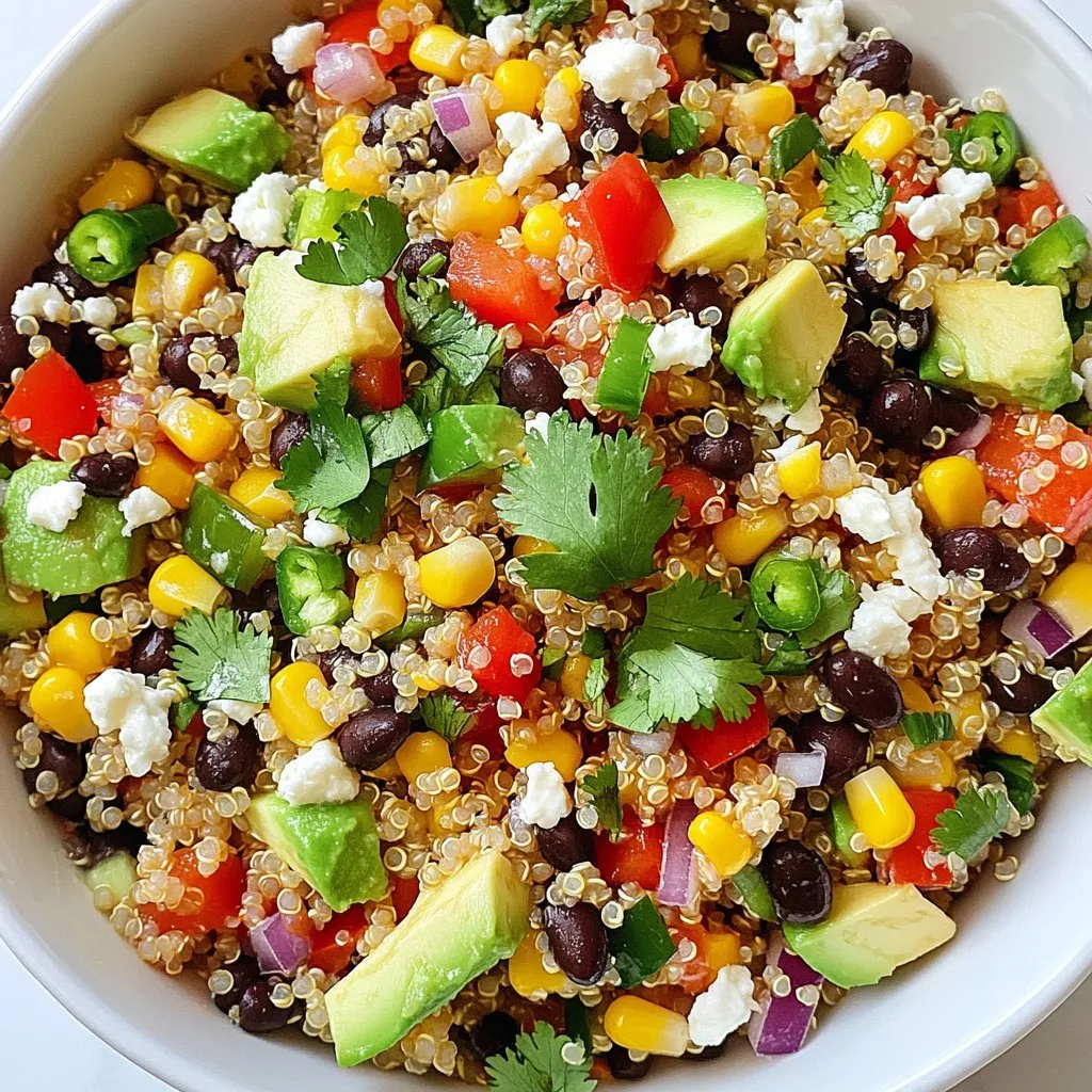 - 1 cup quinoa, rinsed - 2 cups vegetable broth or water - 1 cup black beans, rinsed and drained - 1 cup corn, fresh or frozen - 1 red bell pepper, diced - 1 jalapeño, finely chopped (seeds removed for less heat) - 1/2 red onion, finely chopped - 1 avocado, diced - 1/4 cup fresh cilantro, chopped - Juice of 2 limes - 2 tablespoons olive oil - 1 teaspoon cumin - 1/2 teaspoon smoked paprika - Salt and pepper to taste - Crumbled feta cheese - Additional garnishes (cilantro, lime wedges) Quinoa is the star here. It gives the salad its base and adds protein. You rinse it to remove the bitter coating called saponin. Using vegetable broth boosts the flavor. Next, we have black beans and corn. These add fiber and a hearty texture. The red bell pepper and jalapeño bring color and crunch. Remove the jalapeño seeds if you want less heat. The red onion adds a crisp bite, while the avocado makes it creamy. Fresh cilantro gives a bright taste. Don't skip the lime juice! It adds freshness and tang. Finally, the cumin and smoked paprika give warmth and depth. Salt and pepper tie all the flavors together. If you like a bit of creaminess, crumble feta cheese on top. You can also add lime wedges and extra cilantro for a bright finish. {{ingredient_image_1}} First, measure 1 cup of quinoa. Rinse it under cold water to remove any bitterness. This step is key for great flavor. Next, pour the rinsed quinoa into a medium-sized saucepan. Add 2 cups of vegetable broth or water. The broth adds a nice taste. Now, bring the mixture to a boil over medium heat. Once it boils, reduce the heat to low and cover the pan. Let it simmer for about 15 minutes. The quinoa will absorb all the liquid and become fluffy. After 15 minutes, take it off the heat and let it cool for about 10 minutes. Fluff it with a fork for a light texture. In a large mixing bowl, combine the black beans, corn, diced red bell pepper, jalapeño, red onion, and fresh cilantro. This mix gives the salad its vibrant colors and crunch. Then, add the cooled quinoa to the vegetable mix. In a small bowl, whisk together the juice of 2 limes, 2 tablespoons of olive oil, 1 teaspoon of cumin, 1/2 teaspoon of smoked paprika, salt, and pepper. This dressing packs a flavor punch. Pour the dressing over the salad and toss gently to coat all the ingredients. Now it’s time for the avocado! Gently fold in the diced avocado. Be careful not to mash it; we want nice chunks. If you like, you can top the salad with crumbled feta cheese for extra creaminess. For serving, place the salad in a large bowl or dish it out into individual portions. Garnish with extra cilantro and lime wedges. This adds color and freshness to your dish. Enjoy your Southwest Quinoa Salad! To avoid mushy quinoa, rinse it well before cooking. This removes excess starch. Use two cups of vegetable broth or water for one cup of quinoa. This keeps it fluffy and full of flavor. After cooking, let the quinoa cool for about ten minutes. Fluff it gently with a fork to separate the grains. Adjust seasonings for your taste. I like to add more cumin for warmth or smoked paprika for depth. Fresh herbs, like cilantro, brighten the salad and add freshness. Chop them right before mixing to keep their flavor strong. Serve your salad in a large bowl for family-style meals. For individual portions, use small bowls or plates. Garnish with extra cilantro and lime wedges for color. You can also sprinkle crumbled feta on top for a creamy finish. This adds a nice contrast and makes the dish pop. Pro Tips Perfectly Cooked Quinoa: Make sure to rinse the quinoa thoroughly before cooking to remove its natural bitterness. The vegetable broth adds flavor, enhancing the overall taste of the salad. Customize Your Heat Level: Adjust the amount of jalapeño based on your heat preference. You can also use other peppers like poblano for a milder flavor or keep it out entirely for a spice-free version. Fresh Ingredients Matter: Using fresh corn instead of frozen will give the salad a sweeter crunch. If using frozen corn, make sure to thaw and drain it properly before adding it to the salad. Make It Ahead: This salad holds up well in the refrigerator for a couple of days. Prepare it in advance for meal prep or parties, but add the avocado just before serving to keep it fresh. {{image_2}} You can switch out beans and veggies in this salad. For beans, try chickpeas or kidney beans. They add a nice twist. If you want more crunch, add diced cucumbers or grated carrots. For the bell pepper, yellow or green peppers work well, too. Dressing is easy to change. You can use apple cider vinegar instead of lime juice for a tangy taste. If you like heat, add some hot sauce to the dressing. This gives the salad a spicy kick. This salad can fit many diets. It is vegan since it has no animal products. Just skip the feta cheese if you want to keep it plant-based. For gluten-free options, check that your quinoa is certified gluten-free. Quinoa is naturally gluten-free, so it’s a great choice. If you want low-carb options, skip the corn. You can add more veggies like spinach or zucchini instead. This keeps the salad light and fresh while still being filling. To store your Southwest quinoa salad, place it in an airtight container. Make sure it cools completely before sealing. This keeps the salad fresh. Refrigerate the container right away. The salad lasts about 3 to 5 days in the fridge. If you notice any odd smells or colors, it’s best to toss it. For quick meals, you can prepare the salad in advance. Make a large batch on the weekend. Store it in smaller containers for easy grab-and-go lunches. You can also freeze the salad. However, I recommend leaving out the avocado and dressing before freezing. This way, you keep the fresh taste. Store it in freezer-safe bags for up to three months. When ready to eat, thaw in the fridge overnight and then add the avocado and dressing. You can make your salad even better by adding more toppings and mix-ins. Here are some ideas: - Cherry tomatoes: Halved for a juicy burst of flavor. - Cucumbers: Diced for a refreshing crunch. - Olives: Black or green for a salty kick. - Chickpeas: For extra protein and fiber. - Corn salsa: For added zest and brightness. - Lime wedges: A squeeze before eating adds fresh flavor. Feel free to get creative! Mix in your favorite veggies or proteins to make it your own. You can easily prep your salad in advance. Here are some tips for making quinoa salad ahead of time: - Cook the quinoa: You can make it a day before. Store it in an airtight container in the fridge. - Chop vegetables: Prep your veggies a day ahead. Keep them in the fridge to stay fresh. - Dress before serving: Add the dressing just before serving. This keeps the salad crisp. - Store separately: Keep avocado separate until serving to avoid browning. These steps make it easy to enjoy your salad anytime! Yes, Southwest Quinoa Salad is very healthy! Here are some key benefits: - High in protein: Quinoa and black beans provide complete protein. - Packed with fiber: The beans and veggies aid digestion and keep you full. - Rich in vitamins: Fresh vegetables add essential nutrients like vitamin C. - Healthy fats: Avocado and olive oil offer good fats for heart health. This salad fits well in many diets. It is vegan, gluten-free, and low in calories. Enjoy it as a meal or a side! This blog post covered how to make a delicious Southwest quinoa salad. We explored key ingredients like quinoa, beans, and fresh vegetables. I shared step-by-step instructions for cooking and mixing the salad, along with tips for perfect quinoa. We also discussed variations, storage advice, and answered common questions. With these ideas, you can create a healthy dish your way. Enjoy all the flavors and benefits this salad offers!