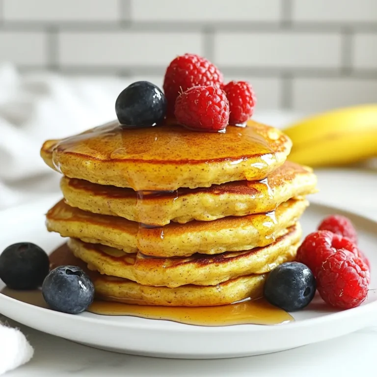 To make these tasty pancakes, you need just a few simple items. Here’s what you’ll need: - 1 cup rolled oats - 2 ripe bananas - 1 cup almond milk (or any milk of choice) - 1 teaspoon baking powder - 1 teaspoon vanilla extract - 1/2 teaspoon cinnamon - Pinch of salt - Coconut oil or a non-stick cooking spray for cooking These ingredients work well together. The oats give the pancakes a nice texture. Bananas add natural sweetness and moisture. Almond milk keeps everything creamy without dairy. Toppings can take these pancakes to the next level. Here are some fun ideas: - Maple syrup or honey for drizzling - Fresh berries like strawberries, blueberries, or raspberries - A sprinkle of cinnamon for added flavor - Chopped nuts for crunch Feel free to mix and match. Toppings make pancakes more exciting. Plus, they can add extra nutrients. If you have dietary needs, you can still enjoy these pancakes. Here are some substitute options: - Use gluten-free oats if you need a gluten-free version. - Swap almond milk for oat milk or coconut milk for a different flavor. - For a vegan option, use maple syrup instead of honey. These swaps keep the pancakes healthy and tasty. Adjust the recipe to fit your needs and enjoy! {{ingredient_image_1}} To start, gather your ingredients. You need rolled oats, ripe bananas, almond milk, baking powder, vanilla extract, cinnamon, and salt. First, add the rolled oats to a blender. Blend them until they turn into a fine flour. This step is key for a smooth batter. Next, add the bananas to the blender. Make sure they are ripe for the best flavor. Then, pour in the almond milk. You can use any milk you like. Add the baking powder, vanilla extract, cinnamon, and a pinch of salt. Blend everything until it is smooth. This should take about one minute. Let the batter sit for about five minutes. This helps it thicken and makes better pancakes. Now, heat a non-stick skillet on medium heat. Use coconut oil or non-stick spray to grease the skillet lightly. This helps prevent sticking. Pour about 1/4 cup of batter onto the skillet for each pancake. Cook them for about 2-3 minutes. You will see bubbles form on the surface. When you see bubbles, flip the pancake. Cook for another 2 minutes or until they turn golden brown. Repeat this process with the rest of the batter. Remember to grease the skillet as needed. Once cooked, stack the pancakes on a plate. Drizzle them with maple syrup or honey if you like. For a fresh touch, add some berries on top. This not only looks great but also adds flavor. You can sprinkle a bit of cinnamon on top for extra taste. Enjoy your healthy banana oat pancakes while warm! To make your pancakes extra fluffy, you need to follow a few simple steps. First, always let the batter rest for about five minutes. This helps the baking powder work better. Second, do not overmix the batter. Stir just until the wet and dry ingredients blend. This keeps the air bubbles intact, making your pancakes light and airy. When blending oats, use a high-speed blender. Start with dry oats and blend until they become a fine flour. This helps your pancakes have a nice texture. If you want to keep some texture, blend the oats less. You can also mix half oats and half flour for a different taste. Just remember to adjust the liquid if you change the ingredients. If you have leftover pancakes, store them in an airtight container. They will stay fresh in the fridge for up to three days. You can also freeze them for later. Just place parchment paper between each pancake to prevent sticking. When you're ready to eat them, simply heat in the microwave or on a skillet until warm. Pro Tips Use Ripe Bananas: The riper the bananas, the sweeter and more flavorful your pancakes will be. Look for bananas with plenty of brown spots for the best results. Let the Batter Rest: Allowing the batter to sit for a few minutes helps it thicken and results in fluffier pancakes. Don’t skip this step! Control the Heat: Cooking pancakes on medium heat ensures they cook evenly without burning. If they’re browning too quickly, reduce the heat slightly. Experiment with Add-ins: Feel free to customize your pancakes by adding ingredients like chocolate chips, nuts, or shredded coconut to the batter for extra flavor and texture. {{image_2}} You can easily make these pancakes gluten-free. Use certified gluten-free rolled oats. Blend them the same way as regular oats. This ensures a safe option for those with gluten intolerance. If you want, you can also use gluten-free baking powder. This small change keeps your pancakes soft and fluffy without the gluten. To make these pancakes vegan, replace almond milk with any plant-based milk. You can use oat, soy, or coconut milk. These options work well and keep the flavor great. Skip the eggs entirely, as this recipe doesn’t need them. With these swaps, you get light and tasty pancakes for everyone. Add a twist to your pancakes with spices or fruits. Try adding a pinch of nutmeg or a dash of ginger for warmth. You can also mix in some blueberries or diced apples. These fruits add natural sweetness and a fun texture. Experiment with different combinations to find your favorite flavor! You can store pancake batter in the fridge. Use an airtight container. It lasts for up to 24 hours. The oats may thicken the batter over time. If that happens, add a splash of almond milk to loosen it. To store cooked pancakes, let them cool first. Layer them with parchment paper in a stack. Place the stack in a sealable bag or container. You can refrigerate them for 3 to 5 days. For longer storage, freeze them. Cooked pancakes freeze well for up to 2 months. To reheat pancakes, use a microwave or skillet. For the microwave, heat them for 20-30 seconds. Check to avoid overheating. If using a skillet, warm it over low heat. Add a little coconut oil for a fresh taste. This keeps them soft and delicious. Enjoy your pancakes warm with your favorite toppings! Yes, you can use different flours. Options like whole wheat or almond flour work well. Each flour gives a different taste and texture. If you choose gluten-free flour, your pancakes will still be tasty. Just remember to adjust the liquid as needed since different flours absorb moisture differently. You can tell pancakes are done by watching for bubbles. When bubbles form on the surface, it is time to flip. Cook them until they are golden brown. The edges should look set, not wet. If unsure, you can always cut one open to check. Banana oat pancakes are packed with nutrients. They contain fiber, which helps digestion. Bananas add potassium, good for your heart. Oats provide energy and are low in fat. Almond milk is a great dairy-free option with fewer calories. This makes them a healthy breakfast choice for everyone. Healthy banana oat pancakes are easy to make and taste great. We covered main ingredients, optional toppings, and substitutes for different diets. You now know how to prepare the batter, cook the pancakes, and serve them well. Remember to use my tips for fluffy texture and proper storage. You can customize your pancakes with new flavors or gluten-free options. These pancakes offer good nutrition and can fit any meal. Enjoy making them, and share your creations!