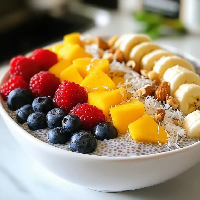 - 1/2 cup chia seeds - 2 cups coconut milk (or any milk of your choice) - 2 tablespoons maple syrup (or honey) - 1 teaspoon vanilla extract - 1/4 teaspoon cinnamon - Fresh fruit for topping (e.g., berries, banana slices, mango) - Shredded coconut (unsweetened, for garnish) - Nuts or seeds (optional, for crunch) You can switch coconut milk with almond milk or oat milk. Each gives a unique taste. Instead of maple syrup, use agave syrup or sugar. For a different flavor, try almond extract instead of vanilla. Use any fruit you love for toppings. Apples or peaches work great too! - Chia Seeds: These tiny seeds pack a big punch. They are rich in fiber, protein, and omega-3 fatty acids. They help with digestion and keep you full. - Coconut Milk: This milk is creamy and adds a delicious flavor. It has healthy fats that support heart health. - Maple Syrup: This natural sweetener is full of minerals. It can boost your energy without causing a sugar crash. - Vanilla Extract: Aside from flavor, it has antioxidants that help your body fight off damage. - Cinnamon: This spice adds warmth and has anti-inflammatory properties. It may help control blood sugar levels. - Fresh Fruit: Fruits are loaded with vitamins and minerals. They also add color and flavor to your dish. - Shredded Coconut: Unsweetened coconut provides fiber and healthy fats. It gives a nice texture. - Nuts or Seeds: Adding nuts or seeds gives extra crunch and healthy fats. They are good for your heart and brain. Using these ingredients together makes a tasty and healthy meal. It's a perfect way to start your day! {{ingredient_image_1}} First, grab a medium bowl. Add 1/2 cup of chia seeds. Pour in 2 cups of coconut milk. You can use any milk you like. Next, add 2 tablespoons of maple syrup or honey. Then, put in 1 teaspoon of vanilla extract and 1/4 teaspoon of cinnamon. Whisk all the ingredients well. This helps the chia seeds mix evenly and prevents clumps. Let the mixture sit for about 10-15 minutes. This gives the chia seeds time to soak up the liquid. After the time is up, whisk it again. This step breaks up any clumps that may have formed. Make sure it looks smooth before moving on. Cover the bowl with plastic wrap. You can also use mason jars for single servings. Place it in the refrigerator overnight, or for at least 4 hours. This will allow the pudding to thicken. In the morning, stir the pudding well. Check the texture. If it’s too thick, add a splash of milk until you reach your desired thickness. Serve the pudding in bowls or jars. Top it with fresh fruit, a sprinkle of shredded coconut, and some nuts if you want a crunchy bite. Enjoy your delicious chia seed pudding! To get the right texture, whisk the chia seeds well with the milk. Use the following steps for success: - Mix chia seeds and milk in a bowl. - Let it sit for 10-15 minutes. - Whisk again to break clumps. This helps the seeds soak up the milk evenly. If your pudding is too thick in the morning, add a splash of milk and stir well. You can make your chia pudding exciting with simple additions. Here are a few ideas: - Add a scoop of nut butter for creaminess. - Include a pinch of nutmeg or cardamom for warmth. - Try different sweeteners like agave syrup or coconut sugar. - Mix in cocoa powder for a chocolate twist. These flavors can elevate your breakfast or snack! If you don’t have certain ingredients, don’t worry! Here’s what you can swap: - Use almond milk instead of coconut milk for a nutty flavor. - Honey can replace maple syrup for sweetness. - If you lack vanilla extract, try almond extract instead. These swaps help you keep the pudding tasty and fun! Pro Tips Perfect Ratio: Use a 1:4 ratio of chia seeds to liquid for optimal thickness. Adjust according to your texture preference. Flavor Variations: Experiment with different milks and sweeteners, such as almond milk or agave syrup, to customize the flavor. Prep Ahead: Make a larger batch and store in the fridge for up to a week. This makes for a quick breakfast or snack option. Garnish Wisely: Top with a mix of fresh fruits and nuts for a balanced texture and added nutrients—get creative! {{image_2}} You can make your chia pudding fun with toppings. Fresh berries like strawberries, blueberries, or raspberries add color and flavor. Sliced bananas or diced mango bring sweetness and a tropical twist. You can even mix fruits for a colorful bowl. Try adding a handful of nuts or seeds for crunch. This gives your pudding a tasty and healthy boost. Chia pudding is flexible with milk choices. Coconut milk makes it rich and creamy. Almond milk or oat milk are great for lighter options. You can use soy milk or cashew milk too. Each milk adds a unique taste. Choose based on your diet or what you have at home. Vanilla is a classic, but you can explore other flavors. Add cocoa powder for a chocolatey treat. Try almond extract for a nutty flavor. You can mix in peanut butter for a protein kick. Using spices like nutmeg or cardamom can also bring warmth. Get creative and find your perfect blend! To store leftover pudding, place it in an airtight container. This keeps it fresh. You can also use mason jars for easy serving. Ensure you cover the pudding tightly to prevent any odors from the fridge. I recommend using glass containers or mason jars. They are sturdy and do not absorb smells. If you prefer plastic, choose BPA-free options. Make sure the lid seals well to keep the pudding fresh. Chia seed pudding lasts up to five days in the fridge. If you're not eating it all, you can freeze it. Divide the pudding into small portions before freezing. Thaw it overnight in the fridge before serving. The texture may change slightly, but it will still taste good. Chia seed pudding lasts about 4 to 5 days in the fridge. Make sure to store it in a sealed container. If you see any changes in color or smell, it’s best to toss it. Fresh toppings will last less time, so add them just before serving. Yes, you can easily make chia pudding vegan! Simply use coconut milk or almond milk instead of dairy milk. Maple syrup is already vegan, so you’re good to go. This way, you can enjoy creamy, tasty pudding without any animal products. Chia seeds are packed with nutrients. They are high in fiber, which can help your digestion. They also contain omega-3 fatty acids, which support heart health. Plus, chia seeds have protein, making them a great addition to your meals. Just two tablespoons give you a lot of energy and keep you full longer. In this article, I covered the key ingredients for chia seed pudding and their benefits. I shared step-by-step instructions for making it perfectly and offered tips for better flavor. You learned about different variations, storage methods, and answered common questions. Chia seed pudding is easy to make and fun to customize. Experiment with flavors and enjoy a healthy treat!