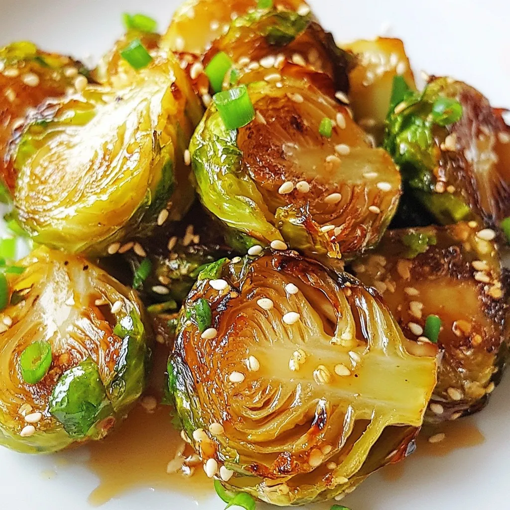 For this tasty dish, you will need: - 1 lb Brussels sprouts, halved - 2 tablespoons olive oil - Salt and pepper to taste - 3 tablespoons honey - 2 tablespoons Sriracha sauce - 1 tablespoon soy sauce - 1 tablespoon apple cider vinegar - 2 cloves garlic, minced - 1 teaspoon sesame seeds (for garnish) - 2 green onions, thinly sliced (for garnish) When measuring ingredients, use dry measuring cups for solids and liquid measuring cups for liquids. Quality matters! Choose fresh Brussels sprouts that are firm and bright green. Check honey for purity; raw honey offers great flavor. For Sriracha, pick a brand you enjoy. If you don't have Brussels sprouts, try green beans or cauliflower. You can swap olive oil with avocado oil for a different taste. Agave syrup or maple syrup can replace honey if needed. To make it gluten-free, use tamari instead of soy sauce. {{ingredient_image_1}} Start by washing the Brussels sprouts. Trim the ends and slice them in half. This helps them cook evenly. In a big bowl, mix the halved Brussels sprouts with olive oil, salt, and pepper. Make sure they are well coated. This will add flavor and help them roast nicely. While the Brussels sprouts roast, it's time to make the honey Sriracha sauce. In a small bowl, whisk together three tablespoons of honey, two tablespoons of Sriracha sauce, one tablespoon of soy sauce, one tablespoon of apple cider vinegar, and two minced garlic cloves. Taste the sauce. If you want it spicier, add more Sriracha. This sauce is sweet, spicy, and tangy, making it perfect for the sprouts. Preheat your oven to 400°F (200°C). Line a baking sheet with parchment paper for easy cleanup. Spread the Brussels sprouts cut side down on the sheet. Roast them for about 20-25 minutes. Flip them halfway so they cook evenly. Look for a golden brown color and a tender texture. After roasting, drizzle the honey Sriracha sauce over the sprouts while they are warm. Toss gently to coat them in the sauce. Then, return them to the oven for another 5-7 minutes. This caramelizes the sauce, adding extra flavor. Finally, garnishing with sesame seeds and sliced green onions adds a nice touch before serving. To get the best taste, aim for a sweet and spicy mix. Honey adds sweetness, while Sriracha brings heat. Use equal parts honey and Sriracha for a good start. Adjust the heat by adding more Sriracha if needed. The soy sauce adds umami, and the vinegar gives a nice zing. Taste as you mix the sauce to find your perfect balance. Avoid overcooking the Brussels sprouts. They should be tender but not mushy. If they cook too long, they lose flavor. Make sure to coat them well with olive oil before roasting. This helps them crisp up nicely. Also, don’t skip the extra roasting time after adding the sauce. This step caramelizes the sauce and adds flavor. Serve these sprouts as a side dish or main. They pair well with grilled chicken or fish. For a vegetarian option, try them with quinoa or rice. Garnish with sesame seeds and green onions for extra crunch. You can also serve them on a bed of greens for a fresh salad. Enjoy the sweet and spicy taste that everyone will love! Pro Tips Choose Fresh Brussels Sprouts: Look for bright green sprouts that are firm and compact. Avoid any that are yellow or wilted for the best flavor and texture. Adjust the Heat Level: If you prefer a milder dish, reduce the amount of Sriracha or substitute with a mild chili sauce for a similar flavor without the heat. Even Roasting: For uniform cooking, ensure the Brussels sprouts are spread out in a single layer on the baking sheet, cut side down, to achieve that perfect caramelization. Serve Immediately: For the best taste and texture, serve the Brussels sprouts right after roasting and coating with the sauce while they are still warm. {{image_2}} You can easily add protein to your Honey Sriracha Brussels sprouts. Cooked chicken, shrimp, or tofu work great. Try using one cup of cooked chicken, cut into pieces. For shrimp, use about 12 oz, peeled and deveined. If you prefer tofu, use firm tofu and cube it. Add your protein when you mix in the sauce. This makes the dish filling and tasty. If you want a vegan version, swap honey for maple syrup. This keeps the sweet taste without using animal products. You can also use coconut aminos instead of soy sauce for a soy-free option. The flavor will still be rich and delightful. This way, everyone can enjoy this amazing dish! To make the dish even more exciting, try adding different sauces or spices. You can mix in some lime juice for a fresh twist. Adding ginger gives a nice kick too. If you love heat, try chili flakes or cayenne pepper. These little changes can make a big difference. Get creative and make it your own! After enjoying your Honey Sriracha Brussels sprouts, let them cool completely. Place them in an airtight container. This keeps them fresh and prevents any odors in your fridge. Store them in the fridge for up to 3 days. Make sure you label the container with the date. This way, you will know when to eat them. To reheat the Brussels sprouts, use an oven for the best taste. Preheat it to 350°F (175°C). Spread the sprouts on a baking sheet and heat for about 10-15 minutes. You can also microwave them. Just place them in a microwave-safe dish, cover, and heat for 1-2 minutes. Stir halfway to ensure even warming. This keeps them tender without losing flavor. You can freeze the Brussels sprouts for longer storage. First, cool them completely and place them in a freezer-safe bag. Press out as much air as possible before sealing. They will stay good for up to 3 months. To enjoy them later, thaw them overnight in the fridge. Reheat them as mentioned above for the best results. Yes, you can prepare Honey Sriracha Brussels sprouts ahead of time. Roast the sprouts and let them cool. Store them in an airtight container in the fridge for up to three days. When you’re ready to serve, reheat them in the oven. This will help keep them crispy. These Brussels sprouts pair well with many dishes. Here are some ideas: - Grilled chicken or steak - Quinoa or rice bowls - Tofu or tempeh for a plant-based meal - A fresh salad for a light side These options will make your meal balanced and tasty. You can easily adjust the spice level. If you like it mild, use less Sriracha. If you want more heat, add more Sriracha sauce. Taste the sauce while mixing to find your perfect level of spice. Remember, you can always add more, but you can't take it out! We explored the key components for making delicious Honey Sriracha Brussels sprouts. You learned about the ingredients, how to prep, and the best roasting methods. I shared tips on flavor balance and common mistakes. You also discovered variations, storage methods, and answered common questions. Remember, cooking is about fun and creativity. Enjoy trying new twists and flavors while making this dish. Happy cooking!