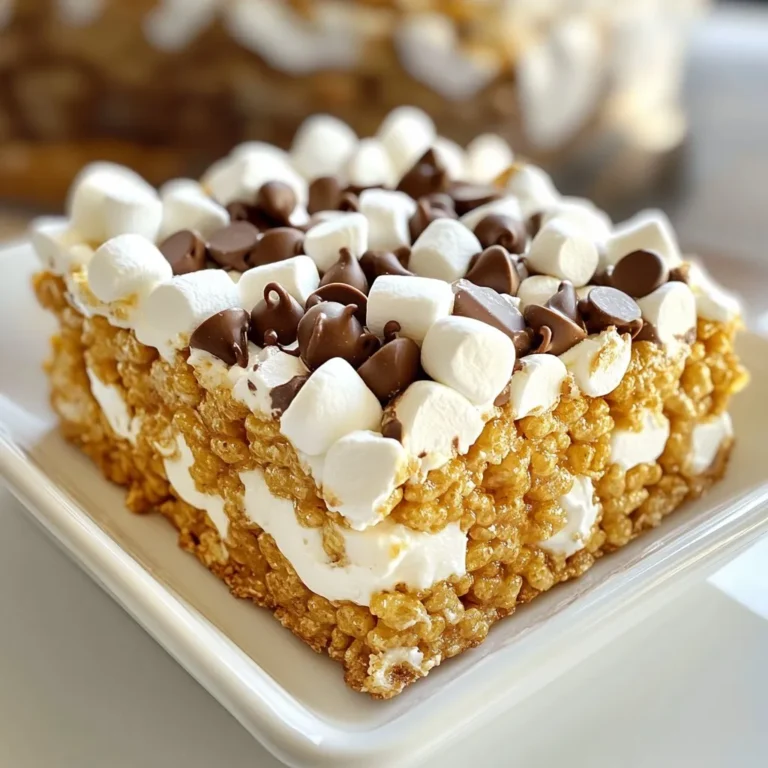To make S'mores Rice Krispie Treats, you need a few simple ingredients. Here’s what you will need: - 5 cups Rice Krispies cereal - 1 bag (10 oz) mini marshmallows - 1/4 cup unsalted butter - 1 cup graham cracker crumbs - 1/2 teaspoon vanilla extract - 1 cup chocolate chips (semi-sweet or milk chocolate) - Extra mini marshmallows for topping Each ingredient plays a key role. The Rice Krispies give the treats their crunch. Mini marshmallows provide gooey sweetness. Unsalted butter helps bind the mix and adds flavor. Graham cracker crumbs give that classic s'mores taste. Vanilla extract enhances the overall flavor. Chocolate chips add richness, while extra mini marshmallows on top make it extra fun. With these ingredients, you can create a treat that is easy to make and delicious to eat. You will love how they come together! {{ingredient_image_1}} Start by greasing a 9x13 inch baking dish. Use butter or cooking spray so the treats do not stick. This step is key for easy removal later. In a large saucepan, heat the butter over medium heat. Once melted, add the mini marshmallows. Stir continuously until they melt and become smooth. Remove the pan from the heat. This creates a sticky base for your treats. Next, stir in the vanilla extract and graham cracker crumbs. Mix well until everything is combined. The mixture should feel thick and sticky. This gives your treats that classic s'mores flavor. Now, gradually add the Rice Krispies cereal. Stir gently to coat each piece in the marshmallow mix. The mixture should be sticky but hold together well. This step ensures every bite is delicious. Fold in the chocolate chips until they are evenly mixed in. You can save some chips to sprinkle on top. This adds an extra touch of sweetness and looks great too. Transfer the mixture to the prepared baking dish. Press it down firmly using a spatula or parchment paper. Sprinkle extra mini marshmallows and reserved chocolate chips on top. Allow the treats to cool for about 30 minutes. Once set, cut them into squares or rectangles. Enjoy the sweet and gooey goodness! To melt marshmallows well, use low heat. Start with the butter in your pan. Stir it until it melts. Then add mini marshmallows. Keep stirring until they are smooth. This helps avoid burning. If the mixture is too sticky, add a little more butter. The right texture is key for S'mores Rice Krispie Treats. Mix the marshmallow and cereal well. The mix should be sticky but not too wet. If it feels dry, you can add a bit of melted butter. Press the mixture firmly into the pan. This helps it hold its shape when cooled. Some tools make this recipe easier. A large saucepan is a must for melting. Use a spatula to mix the ingredients. A 9x13 inch baking dish works great for shaping. Parchment paper can help with easy cleanup. If you have a butter spray, use it to grease the pan. This prevents sticking and makes serving simpler. Pro Tips Use Fresh Ingredients: Always use fresh mini marshmallows and chocolate chips for the best flavor and texture in your treats. Don’t Overheat the Marshmallows: Melt the marshmallows gently over medium heat to avoid burning, which can change the flavor. Press Firmly: When pressing the mixture into the baking dish, use a spatula or your hands (dampened with water) to ensure a compact layer that holds together well. Storage Tips: Store your S'mores Rice Krispie Treats in an airtight container to keep them fresh and chewy for longer. {{image_2}} You can make these treats even tastier by adding nut butter. Peanut butter or almond butter works well. Just stir in about 1/2 cup of your favorite nut butter when you melt the marshmallows. This adds a rich flavor and a creamy texture. Plus, it gives a nice twist to the classic S'mores taste. Feel free to switch up the chocolate! Dark chocolate, white chocolate, or even flavored chocolate can change the whole vibe. Use the same amount, about 1 cup, for a new taste. Mixing chocolates can also create a fun marble effect. Don’t be afraid to experiment with chocolate combinations to find your perfect mix. You can add more goodies to your S'mores Rice Krispie Treats. Chopped nuts like pecans or walnuts add crunch. You can also add dried fruit, like cherries or cranberries, for sweetness. Just remember to keep the total mix at about 1 to 1.5 cups. This way, you keep the treats balanced and delicious! To keep your S'mores Rice Krispie Treats fresh, store them in an airtight container. This helps prevent them from getting hard or stale. You can stack them in layers. Just place parchment paper between layers to avoid sticking. These treats taste best within the first week. However, you can keep them in a cool, dry place. Avoid storing them in the fridge, as this can make them too hard. If you notice any signs of dryness, add a slice of bread to the container. The bread will help them stay soft. You can freeze S'mores Rice Krispie Treats if you want to save some for later. Wrap each piece tightly in plastic wrap. Then, place the wrapped pieces in a freezer bag. They can last up to three months in the freezer. When you are ready to enjoy them, let them thaw at room temperature. To make S'mores Rice Krispie Treats, start by greasing a 9x13 inch baking dish. In a large saucepan, melt 1/4 cup of unsalted butter over medium heat. Add 10 oz of mini marshmallows and stir until they melt completely. Remove from heat, then mix in 1/2 teaspoon of vanilla extract and 1 cup of graham cracker crumbs. Gently fold in 5 cups of Rice Krispies cereal, followed by 1 cup of chocolate chips. Press the mixture into the baking dish and top with extra mini marshmallows. Let it cool for about 30 minutes before cutting into squares. Yes, you can use homemade marshmallows! Just ensure they are soft and sticky. This will help them blend well with the butter. Homemade marshmallows can add a fresh flavor to your treats. However, the texture may differ slightly from using store-bought mini marshmallows. Yes, S'mores Rice Krispie Treats can be gluten-free. Simply use gluten-free Rice Krispies and graham crackers. Always check your ingredient labels to confirm they meet your needs. This way, everyone can enjoy these tasty treats without worry. These treats last about one week when stored in an airtight container. Keep them at room temperature. For longer freshness, you can store them in the fridge, but they may become a bit firmer. Absolutely! You can swap out chocolate chips for dairy-free ones if needed. Use coconut oil instead of butter for a dairy-free option. If you have nut allergies, avoid any nut butters or toppings. Always choose replacements that suit your dietary needs. In this post, we explored how to make S'mores Rice Krispie Treats. We covered key ingredients like Rice Krispies, mini marshmallows, and chocolate chips. I shared a simple step-by-step guide to help you create this tasty treat. We also discussed tips for perfect texture and storage techniques. These treats are fun to make and enjoy. Try adding nut butters or different chocolates for variety. Get creative and make this recipe your own!