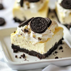 - 24 Oreo cookies, crushed - 4 tablespoons unsalted butter, melted - 2 cups cream cheese, softened - 1 cup powdered sugar - 1 teaspoon vanilla extract - 1 cup heavy whipping cream - 10 Oreo cookies, chopped (for mixing in) - Extra Oreo cookies for garnish To make these No-Bake Oreo Cheesecake Bars, you need simple yet tasty ingredients. Start with 24 Oreo cookies for the crust and filling. Crush them well to get a fine crumb. Mix these crumbs with 4 tablespoons of melted unsalted butter. This forms a rich, buttery base. For the cheesecake filling, use 2 cups of softened cream cheese. Make sure it’s soft to mix easily. Add in 1 cup of powdered sugar for sweetness, and 1 teaspoon of vanilla extract for flavor. The cream cheese gives the bars their creamy texture. Next, whip 1 cup of heavy whipping cream in a separate bowl. This makes the filling light and fluffy. You’ll also need 10 chopped Oreo cookies to mix into the filling. This adds extra flavor and texture to each bite. Finally, save some extra Oreo cookies for garnish. This will make your dessert look even more appealing. With these ingredients, you are ready to create a delicious treat that everyone will love! {{ingredient_image_1}} To start, gather your ingredients. Take 24 Oreo cookies and crush them finely. I find using a food processor works best, but you can also place them in a zip-top bag and crush them with a rolling pin. Next, melt 4 tablespoons of unsalted butter in the microwave or on the stove. Now, combine the crushed Oreos with the melted butter in a medium bowl. Mix well until all the crumbs are coated in butter. This step helps bind the crust together. Press the mixture firmly into the bottom of a 9x9 inch baking dish. Make sure it is even and compact. This crust is the base of your cheesecake bars and should be firm. Once pressed, set the dish in the refrigerator to chill while you prepare the filling. For the filling, take 2 cups of softened cream cheese and place it in a large mixing bowl. Using an electric mixer, beat the cream cheese until it’s smooth and creamy. This step is crucial for a fluffy texture. Gradually add 1 cup of powdered sugar to the cream cheese. Continue mixing until well combined. Then, add 1 teaspoon of vanilla extract and mix again. The vanilla adds a nice flavor to the cheesecake. In a separate bowl, pour in 1 cup of heavy whipping cream. Using a hand mixer, whip the cream until stiff peaks form. Stiff peaks mean that when you lift the beaters, the cream holds its shape well. This step makes the filling light and airy. Once whipped, gently fold the whipped cream into the cream cheese mixture. Be careful not to deflate the whipped cream. This keeps the filling fluffy and creamy. Now, take 10 Oreo cookies and chop them into small pieces. Fold these cookie bits into the cheesecake filling. Make sure you distribute the chopped Oreos evenly throughout the mixture. This will give every bite a delicious Oreo flavor. After mixing in the chopped Oreos, it’s time to assemble your bars. Remove the crust from the refrigerator. Spread the cheesecake filling evenly over the crust using a spatula. Smooth it out so it looks nice and neat. Cover the baking dish with plastic wrap. Place it back in the refrigerator. Let the bars chill for at least 4 hours. This time allows the cheesecake to set and become firm. Once the bars are set, use a sharp knife to cut them into squares. For an extra touch, crumble some extra Oreo cookies on top before serving. This adds a nice crunch and looks great too! Enjoy your delicious No-Bake Oreo Cheesecake Bars! - Ensuring cream cheese is softened: Always start with room temperature cream cheese. This makes it easy to mix. Cold cream cheese will clump and not blend well. Let it sit out for about 30 minutes before you start. - Mixing technique for fluffy texture: Use an electric mixer on medium speed when combining the cream cheese and sugar. This adds air, making your cheesecake light and fluffy. Avoid mixing too fast, as it can splatter and make a mess. - Overmixing the whipped cream: When whipping the heavy cream, stop when you see stiff peaks. If you mix too long, it can turn into butter. This ruins the light texture you want in your bars. - Not allowing enough chill time: Patience is key! Chill your cheesecake bars for at least four hours. This helps them firm up and makes cutting easier. If you skip this step, they may not hold their shape. Pro Tips Chill the Cream Cheese: Ensure your cream cheese is at room temperature for easier blending and a smoother filling. Use a Sharp Knife: Clean your knife with warm water between cuts to achieve neat and tidy bars. Garnish Just Before Serving: Add crushed Oreos on top right before serving to keep them crunchy and fresh. Experiment with Flavors: Try adding different extracts or mix-ins, like mint or raspberry, for a unique twist on the classic flavor. {{image_2}} You can make your No-Bake Oreo Cheesecake Bars even more fun! Here are some ideas: - Peanut Butter: Add creamy peanut butter to the filling. It adds a rich taste and pairs well with Oreos. - Chocolate Chips: Stir in some mini chocolate chips for extra sweetness and crunch. - Alternative Crusts: Use other cookies for the crust. Try chocolate chip cookies or graham crackers for a twist. These mix-ins and crust swaps can make your bars unique and exciting. Feel free to experiment with your favorite flavors! You can easily adjust this recipe to fit different diets: - Gluten-Free: Use gluten-free Oreo cookies. They work just as well and taste great! - Vegan: Swap cream cheese for a vegan cream cheese alternative. For whipped cream, use coconut cream or a non-dairy whipped topping. These changes make it possible for everyone to enjoy these delicious bars. You can make them fit your needs without losing flavor! To keep your No-Bake Oreo Cheesecake Bars fresh, follow these steps: - Use an airtight container: This helps prevent drying out. - Refrigerate: Store the bars in the fridge. They stay good for about 3 to 5 days. - Cover properly: If you don’t have a container, wrap the bars in plastic wrap. By keeping the bars airtight, you maintain the smooth texture and rich flavor. Freezing your cheesecake bars is easy and great for later. Here’s how: - Cut into bars: Slice the cheesecake into pieces before freezing. This makes it easy to grab one later. - Wrap each bar: Use plastic wrap to wrap each piece tightly. This prevents freezer burn. - Use a freezer-safe bag: Place the wrapped bars in a freezer bag. Squeeze out as much air as possible before sealing. To enjoy later, simply thaw the bars in the fridge for a few hours. You can also leave them at room temperature for 30 minutes. Enjoy your sweet treat anytime! Yes, you can use different cookies! Try chocolate sandwich cookies or graham crackers. Both work well. The crust will taste different, but still yummy. If you want a chocolate flavor, use chocolate cookies. For a lighter taste, stick with graham crackers. Just crush them the same way as Oreos. Mix them with melted butter, then press into the dish. You can store these bars for up to five days. Keep them in an airtight container in the fridge. This helps keep them fresh and tasty. Make sure they are covered well to avoid drying out. If you want to keep them longer, you can freeze them. Just wrap each piece in plastic wrap before putting them in a container. Absolutely! You can make these bars a day or two in advance. This is great for parties or gatherings. Just make sure to chill them for at least four hours after preparing. This will help them set properly. After they are ready, cover them well in the fridge. This way, you can enjoy them without stress on the day of your event. You now have the key steps to make No-Bake Oreo Cheesecake Bars. Start with an Oreo crust, mix a creamy filling, and add delicious toppings. Remember to chill the bars for the best flavor and texture. You can adjust the recipe with different cookies or dietary swaps. With these tips, you will create a treat that everyone loves. Enjoy sharing your creation with friends and family.