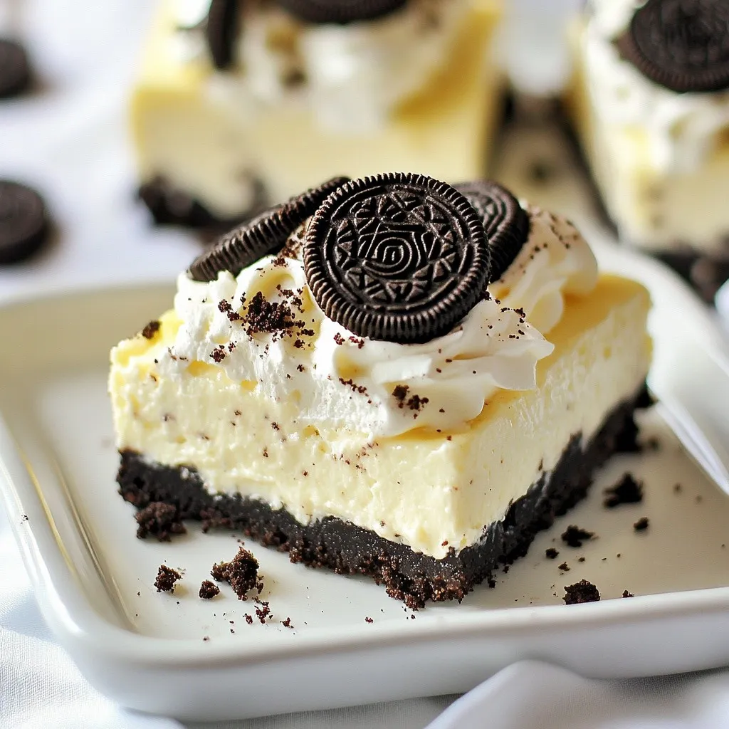 - 24 Oreo cookies, crushed - 4 tablespoons unsalted butter, melted - 2 cups cream cheese, softened - 1 cup powdered sugar - 1 teaspoon vanilla extract - 1 cup heavy whipping cream - 10 Oreo cookies, chopped (for mixing in) - Extra Oreo cookies for garnish To make these No-Bake Oreo Cheesecake Bars, you need simple yet tasty ingredients. Start with 24 Oreo cookies for the crust and filling. Crush them well to get a fine crumb. Mix these crumbs with 4 tablespoons of melted unsalted butter. This forms a rich, buttery base. For the cheesecake filling, use 2 cups of softened cream cheese. Make sure it’s soft to mix easily. Add in 1 cup of powdered sugar for sweetness, and 1 teaspoon of vanilla extract for flavor. The cream cheese gives the bars their creamy texture. Next, whip 1 cup of heavy whipping cream in a separate bowl. This makes the filling light and fluffy. You’ll also need 10 chopped Oreo cookies to mix into the filling. This adds extra flavor and texture to each bite. Finally, save some extra Oreo cookies for garnish. This will make your dessert look even more appealing. With these ingredients, you are ready to create a delicious treat that everyone will love! {{ingredient_image_1}} To start, gather your ingredients. Take 24 Oreo cookies and crush them finely. I find using a food processor works best, but you can also place them in a zip-top bag and crush them with a rolling pin. Next, melt 4 tablespoons of unsalted butter in the microwave or on the stove. Now, combine the crushed Oreos with the melted butter in a medium bowl. Mix well until all the crumbs are coated in butter. This step helps bind the crust together. Press the mixture firmly into the bottom of a 9x9 inch baking dish. Make sure it is even and compact. This crust is the base of your cheesecake bars and should be firm. Once pressed, set the dish in the refrigerator to chill while you prepare the filling. For the filling, take 2 cups of softened cream cheese and place it in a large mixing bowl. Using an electric mixer, beat the cream cheese until it’s smooth and creamy. This step is crucial for a fluffy texture. Gradually add 1 cup of powdered sugar to the cream cheese. Continue mixing until well combined. Then, add 1 teaspoon of vanilla extract and mix again. The vanilla adds a nice flavor to the cheesecake. In a separate bowl, pour in 1 cup of heavy whipping cream. Using a hand mixer, whip the cream until stiff peaks form. Stiff peaks mean that when you lift the beaters, the cream holds its shape well. This step makes the filling light and airy. Once whipped, gently fold the whipped cream into the cream cheese mixture. Be careful not to deflate the whipped cream. This keeps the filling fluffy and creamy. Now, take 10 Oreo cookies and chop them into small pieces. Fold these cookie bits into the cheesecake filling. Make sure you distribute the chopped Oreos evenly throughout the mixture. This will give every bite a delicious Oreo flavor. After mixing in the chopped Oreos, it’s time to assemble your bars. Remove the crust from the refrigerator. Spread the cheesecake filling evenly over the crust using a spatula. Smooth it out so it looks nice and neat. Cover the baking dish with plastic wrap. Place it back in the refrigerator. Let the bars chill for at least 4 hours. This time allows the cheesecake to set and become firm. Once the bars are set, use a sharp knife to cut them into squares. For an extra touch, crumble some extra Oreo cookies on top before serving. This adds a nice crunch and looks great too! Enjoy your delicious No-Bake Oreo Cheesecake Bars! - Ensuring cream cheese is softened: Always start with room temperature cream cheese. This makes it easy to mix. Cold cream cheese will clump and not blend well. Let it sit out for about 30 minutes before you start. - Mixing technique for fluffy texture: Use an electric mixer on medium speed when combining the cream cheese and sugar. This adds air, making your cheesecake light and fluffy. Avoid mixing too fast, as it can splatter and make a mess. - Overmixing the whipped cream: When whipping the heavy cream, stop when you see stiff peaks. If you mix too long, it can turn into butter. This ruins the light texture you want in your bars. - Not allowing enough chill time: Patience is key! Chill your cheesecake bars for at least four hours. This helps them firm up and makes cutting easier. If you skip this step, they may not hold their shape. Pro Tips Chill the Cream Cheese: Ensure your cream cheese is at room temperature for easier blending and a smoother filling. Use a Sharp Knife: Clean your knife with warm water between cuts to achieve neat and tidy bars. Garnish Just Before Serving: Add crushed Oreos on top right before serving to keep them crunchy and fresh. Experiment with Flavors: Try adding different extracts or mix-ins, like mint or raspberry, for a unique twist on the classic flavor. {{image_2}} You can make your No-Bake Oreo Cheesecake Bars even more fun! Here are some ideas: - Peanut Butter: Add creamy peanut butter to the filling. It adds a rich taste and pairs well with Oreos. - Chocolate Chips: Stir in some mini chocolate chips for extra sweetness and crunch. - Alternative Crusts: Use other cookies for the crust. Try chocolate chip cookies or graham crackers for a twist. These mix-ins and crust swaps can make your bars unique and exciting. Feel free to experiment with your favorite flavors! You can easily adjust this recipe to fit different diets: - Gluten-Free: Use gluten-free Oreo cookies. They work just as well and taste great! - Vegan: Swap cream cheese for a vegan cream cheese alternative. For whipped cream, use coconut cream or a non-dairy whipped topping. These changes make it possible for everyone to enjoy these delicious bars. You can make them fit your needs without losing flavor! To keep your No-Bake Oreo Cheesecake Bars fresh, follow these steps: - Use an airtight container: This helps prevent drying out. - Refrigerate: Store the bars in the fridge. They stay good for about 3 to 5 days. - Cover properly: If you don’t have a container, wrap the bars in plastic wrap. By keeping the bars airtight, you maintain the smooth texture and rich flavor. Freezing your cheesecake bars is easy and great for later. Here’s how: - Cut into bars: Slice the cheesecake into pieces before freezing. This makes it easy to grab one later. - Wrap each bar: Use plastic wrap to wrap each piece tightly. This prevents freezer burn. - Use a freezer-safe bag: Place the wrapped bars in a freezer bag. Squeeze out as much air as possible before sealing. To enjoy later, simply thaw the bars in the fridge for a few hours. You can also leave them at room temperature for 30 minutes. Enjoy your sweet treat anytime! Yes, you can use different cookies! Try chocolate sandwich cookies or graham crackers. Both work well. The crust will taste different, but still yummy. If you want a chocolate flavor, use chocolate cookies. For a lighter taste, stick with graham crackers. Just crush them the same way as Oreos. Mix them with melted butter, then press into the dish. You can store these bars for up to five days. Keep them in an airtight container in the fridge. This helps keep them fresh and tasty. Make sure they are covered well to avoid drying out. If you want to keep them longer, you can freeze them. Just wrap each piece in plastic wrap before putting them in a container. Absolutely! You can make these bars a day or two in advance. This is great for parties or gatherings. Just make sure to chill them for at least four hours after preparing. This will help them set properly. After they are ready, cover them well in the fridge. This way, you can enjoy them without stress on the day of your event. You now have the key steps to make No-Bake Oreo Cheesecake Bars. Start with an Oreo crust, mix a creamy filling, and add delicious toppings. Remember to chill the bars for the best flavor and texture. You can adjust the recipe with different cookies or dietary swaps. With these tips, you will create a treat that everyone loves. Enjoy sharing your creation with friends and family.