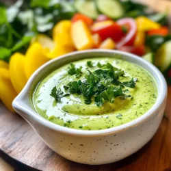 To make creamy avocado ranch dressing, gather these simple ingredients: - 1 ripe avocado - 1/2 cup Greek yogurt - 1/4 cup mayonnaise - 2 tablespoons buttermilk (or more for thinner consistency) - 1 tablespoon lemon juice - 1 teaspoon garlic powder - 1 teaspoon onion powder - 1 teaspoon dried dill - 1 teaspoon dried parsley - Salt and pepper to taste You can easily swap ingredients if you need to. - For Greek yogurt, use sour cream for a tangy twist. - Mayonnaise can be replaced with more yogurt or a vegan mayo for a lighter touch. - If you don’t have buttermilk, mix regular milk with a splash of vinegar. - Fresh herbs like parsley or dill can replace dried herbs for a fresh flavor. This dressing is not only tasty but also healthy. Each serving (2 tablespoons) has about: - Calories: 50 - Protein: 2g - Fat: 4g - Carbohydrates: 3g - Fiber: 1g This dressing is a great way to add flavor without many calories. It also provides healthy fats from the avocado. {{ingredient_image_1}} Start by cutting the ripe avocado in half. Use a sharp knife and be careful. Remove the pit with a spoon or knife. Next, scoop the soft flesh into your blender or food processor. This creamy base gives the dressing its rich texture. Now, add the Greek yogurt, mayonnaise, and buttermilk to the blender. These ingredients create a creamy base. The yogurt adds tang, while the mayonnaise gives richness. Blend these ingredients until they are smooth and well combined. If you like a thinner dressing, you can add more buttermilk here. It’s time to boost the flavor! Pour in the lemon juice for some brightness. Then, sprinkle in the garlic powder, onion powder, dried dill, and dried parsley. Each of these adds a unique taste. Blend again until everything is smooth. After blending, taste the dressing. Add salt and pepper to your liking. Blend once more to mix in the seasoning. To get the right thickness for your creamy avocado ranch dressing, start with the base. Blend the avocado with Greek yogurt and mayonnaise. Add buttermilk gradually. If you want a thinner dressing, just add more buttermilk. Blend well after each addition. This way, you can control the texture. Taste your dressing before serving. If you want it tangier, add a bit more lemon juice. For a stronger flavor, increase the garlic or onion powder. You can also play with herbs. Try adding more dill or parsley for a fresh twist. Adjust the salt and pepper to suit your taste. This dressing is great on salads. Drizzle it over fresh greens for a tasty treat. You can also use it as a dip for veggies. Serve it with carrot sticks, cucumber slices, or bell pepper strips. For a fun touch, garnish with extra chopped parsley. Enjoy this creamy treat in many ways! Pro Tips Use Ripe Avocados: Ensure your avocados are perfectly ripe for a creamier texture and richer flavor in your dressing. Adjust Consistency: If you prefer a thinner dressing, gradually add more buttermilk until you reach your desired consistency. Chill for Flavor: Allowing the dressing to chill for at least 30 minutes enhances the flavors, making them more vibrant. Add Fresh Herbs: For an extra burst of flavor, consider adding fresh herbs like cilantro or chives to complement the dressing. {{image_2}} To kick up the heat, add jalapeños or hot sauce. Start with one or two slices of fresh jalapeño. If you like it spicier, blend in more. You can also add a splash of your favorite hot sauce. This will give your dressing both heat and flavor. The creamy avocado will balance the spice nicely. If you're looking for a vegan twist, swap the Greek yogurt and mayonnaise. Use silken tofu or cashew cream instead. Both options create a creamy base. You can still use lemon juice, garlic powder, and herbs for flavor. Be sure to adjust the salt and pepper to your taste. This way, everyone can enjoy the creamy avocado ranch dressing. Herbs can add freshness to your dressing. Try using fresh dill, cilantro, or chives instead of dried herbs. Fresh herbs will give a brighter taste. You can mix and match to find your favorite flavor combination. Just remember to use about three times more fresh herbs than dried ones. This will enhance the taste in every bite. To store any leftover creamy avocado ranch dressing, place it in an airtight container. This keeps the dressing fresh and prevents it from absorbing other odors in your fridge. Make sure to close the lid tightly. If you want extra protection, cover the top with plastic wrap before sealing the lid. This dressing can last for about 3 to 5 days in the fridge. The avocado may change color slightly, but it will still taste great. To keep it bright green, press plastic wrap directly onto the surface before sealing the container. This helps limit air exposure. You can freeze creamy avocado ranch dressing, but the texture may change after thawing. To freeze, pour the dressing into ice cube trays. Once frozen, transfer the cubes to a freezer bag. This way, you can thaw small portions whenever you need. Just remember, thawed dressing works best in cooked dishes or as a dip, not as a salad dressing. Creamy avocado ranch dressing lasts about 5 days in the fridge. Store it in an airtight container. Always check for any off smells or changes in color before use. Yes, you can use fresh herbs! Fresh herbs can add a bright flavor. Use about three times the amount of fresh herbs compared to dried. For instance, if a recipe calls for 1 teaspoon of dried dill, use 1 tablespoon of fresh dill. This dressing pairs well with many dishes. Try it on fresh salads, tacos, or veggie platters. It also works great as a dipping sauce for chicken wings or chips. Get creative and enjoy! This blog post covered everything you need to know about creamy avocado ranch dressing. We explored the ingredients, including helpful substitutes and nutrition facts. I walked you through simple steps for preparation and shared tips for the best texture and flavor. You also learned about delicious variations and storage methods. In the end, this dressing is versatile and easy to make. Enjoy it with salads, wraps, or as a dip. Dive in and get creative with your avocado ranch dressing!