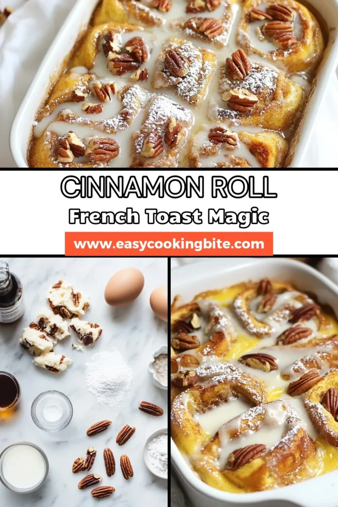 Indulge in the deliciousness of this Cinnamon Roll French Toast Bake! This easy cinnamon roll bake combines fluffy cinnamon rolls with a creamy egg mixture, perfect for a cozy breakfast gathering. Try this Cinnamon Roll Breakfast Casserole for a delightful twist on traditional French toast. Topped with icing, it&rsquo;s the ultimate breakfast bake recipe. Save this recipe for your next brunch! #CinnamonRollFrenchToast #BreakfastBake #CinnamonRollBake #FrenchToastBake