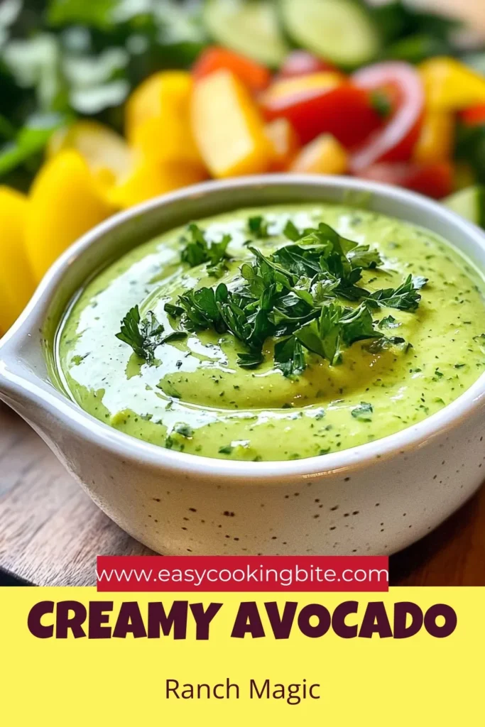 Discover the deliciousness of creamy avocado ranch dressing that elevates your salads and snacks! This homemade ranch dressing recipe combines ripe avocado with Greek yogurt for a healthy avocado dressing full of flavor. Easy to make, this Greek yogurt ranch dressing requires just a few ingredients and blends to a smooth consistency. Try it today and enjoy a zesty twist on your favorite dishes! Save this recipe for later! #AvocadoDressing #RanchDressing #HealthyEating #HomemadeDressing