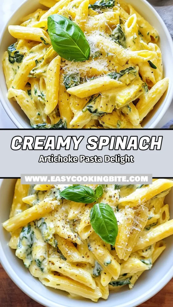 Looking for a delicious vegetarian pasta dish? Try this creamy spinach artichoke pasta! This easy pasta recipe combines tender pasta with a rich, creamy pasta sauce made from fresh spinach, artichoke hearts, and luscious cream cheese. Perfect for weeknight dinners, this spinach artichoke recipe will become a family favorite. Save and explore more today! #CreamySpinachArtichokePasta #EasyPastaRecipes #VegetarianPastaDish #CreamyPastaSauce