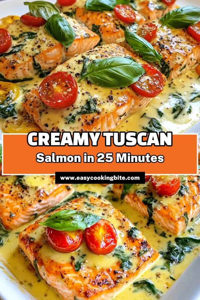 Indulge in this Creamy Garlic Tuscan Salmon recipe for a quick and delicious weeknight meal. This easy salmon dinner combines perfectly seared salmon fillets with a rich garlic cream sauce, fresh tomatoes, and spinach for a healthy twist. Ready in just 25 minutes, it's the perfect addition to your dinner table. Save this Tuscan salmon recipe for a flavorful and nutritious dinner idea! #HealthySalmonRecipe #EasyDinner #TuscanSalmon #GarlicCreamSauce