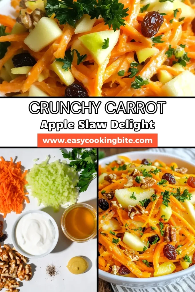 Discover a delicious and refreshing Carrot Apple Slaw recipe that’s perfect for any occasion! This healthy slaw with yogurt combines shredded carrots and tart apples with the sweetness of raisins for a delightful crunch. It’s a quick carrot salad that’s easy to make, and perfect as a side dish or light lunch. Try this easy slaw with raisins today and enjoy the flavors! Save this recipe now! #CarrotAppleSlaw #HealthyRecipes #QuickSalads #EasySlaw