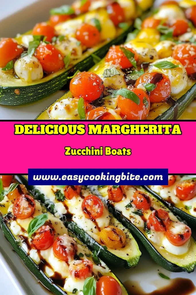 Looking for an easy and healthy appetizer? Try this Margherita zucchini boats recipe! These delicious healthy stuffed zucchini are filled with cherry tomatoes, mozzarella, basil, and drizzled with balsamic glaze, making them perfect baked zucchini with cheese. Ideal for any gathering, these easy zucchini appetizers are sure to impress. Save this recipe and enjoy the taste of summer! #ZucchiniBoats #HealthyAppetizers #MargheritaRecipe #EasyRecipes