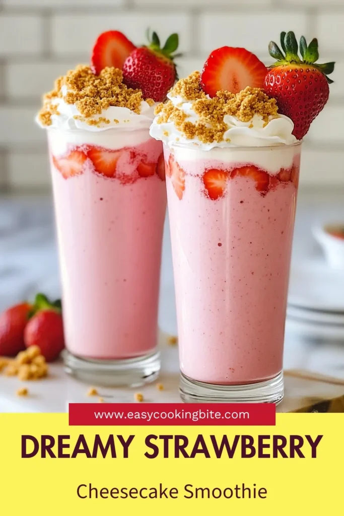 Indulge in the deliciousness of a strawberry cheesecake smoothie! This creamy yogurt smoothie recipe is perfect for hot days, blending fresh strawberries, cream cheese, and Greek yogurt for a healthy strawberry smoothie that’s simply irresistible. Dive into this easy cheesecake smoothie idea for your summer smoothie recipes collection. Try it today and enjoy a refreshing treat! Save for later! #StrawberryCheesecakeSmoothie #HealthySmoothie #SummerRecipes #EasySmoothie