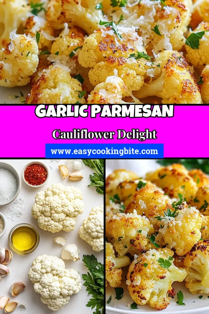 Savor the deliciousness of Garlic Parmesan Cauliflower with this easy Roasted Cauliflower Recipe! This Healthy Cauliflower Side Dish is perfect for any meal and features crispy Parmesan Cauliflower Florets that will impress everyone at the table. Ready in under 45 minutes, you'll love the combination of garlic, olive oil, and a cheesy finish. Don't wait—save this recipe now and bring vibrant flavor to your dining experience! #CauliflowerRecipes #HealthyEating #OvenRoasted #VegetarianDishes