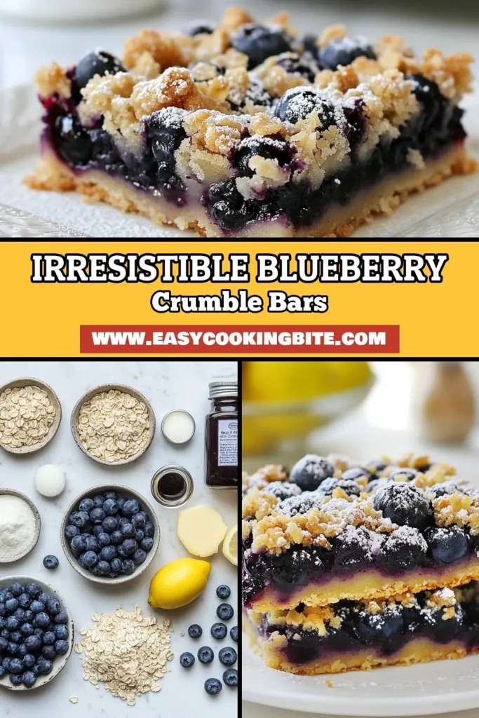 Indulge in these delicious blueberry crumble bars, the perfect easy blueberry dessert to satisfy your sweet cravings. This berry crumble recipe features fresh blueberries combined with a buttery oat crumble, making it an ideal refrigerator dessert recipe. Enjoy homemade blueberry bars that are simple to prepare and irresistible. Click to discover this tasty treat and save for your next dessert inspiration! #BlueberryCrumbleBars #EasyDessert #RefrigeratorDessert #BerryCrumbleRecipe