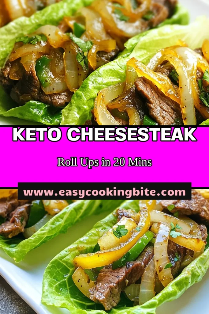 Savor the flavor of this Keto Philly Cheesesteak Roll Ups recipe, perfect for a quick and satisfying meal. These low carb cheesesteak roll ups combine tender ribeye steak, sautéed veggies, and gooey provolone cheese wrapped in fresh lettuce leaves – a gluten-free Philly cheesesteak option that's healthy and delicious. Ideal for easy keto dinner ideas, these roll ups are sure to impress. Try it today and save for later! #KetoRecipes #PhillyCheesesteak #LowCarb #HealthyDinner