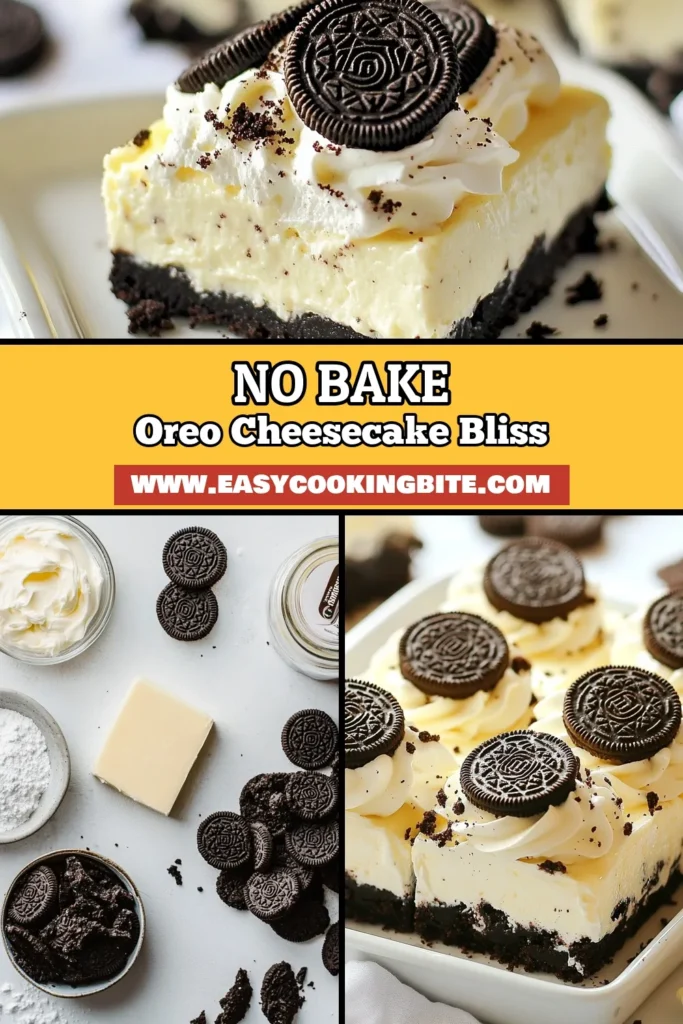 Indulge in these No-Bake Oreo Cheesecake Bars, the ultimate treat for Oreo lovers! This easy Oreo dessert combines a creamy cream cheese filling with crunchy Oreo pieces, making it a perfect no-bake dessert for any occasion. With simple ingredients and quick prep, this Cream Cheese Oreo recipe is sure to impress. Chill and enjoy this delightful Oreo cheesecake recipe today! Don’t forget to save it for later! #OreoCheesecakeBars #NoBakeDesserts #EasyOreoDesserts #OreoRecipe