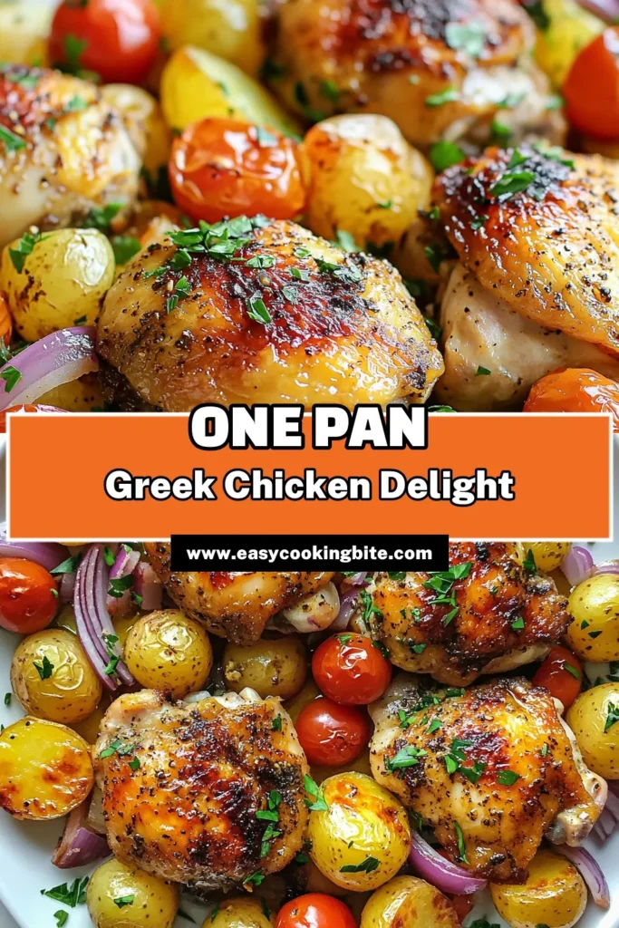 Discover the magic of a One Pan Greek Chicken and Potatoes! This easy Greek dinner features roasted chicken thighs with potatoes, red onions, and cherry tomatoes, all marinated in zesty lemon and herbs. A flavorful Mediterranean chicken dish perfect for busy weeknights. Try this delicious Greek chicken recipe that brings the taste of the Mediterranean to your table. Save this recipe and make dinner effortless! #GreekChickenRecipe #OnePanChickenAndPotatoes #MediterraneanChickenDish #EasyGreekDinner