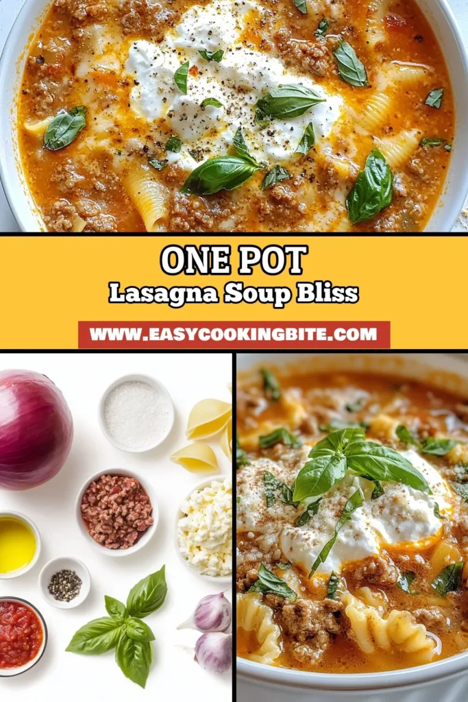 Looking for a comforting meal? This one-pot lasagna soup recipe is the solution! This hearty lasagna soup is not only easy to make but also packed with flavor. Enjoy creamy layers of ricotta and mozzarella in an irresistible comfort food soup recipe that the whole family will love. Perfect for busy weeknights, this easy lasagna soup is ready in just 30 minutes. Save this recipe and try it tonight! #LasagnaSoup #ComfortFood #EasyRecipes #OnePotMeals