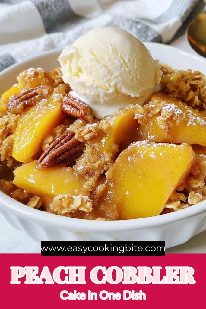 Indulge in this easy dump cake recipe for Peach Cobbler Dump Cake, a delightful twist on traditional peach dessert recipes. Made with yellow cake mix, fresh or canned peaches, oats, and brown sugar, this baked peach cobbler with oats is perfect for any occasion. Ready in just one hour, it’s a crowd-pleaser. Serve warm with vanilla ice cream for the ultimate treat! Save this recipe now and satisfy your dessert cravings! #PeachCobbler #DumpCake #DessertRecipes #Baking