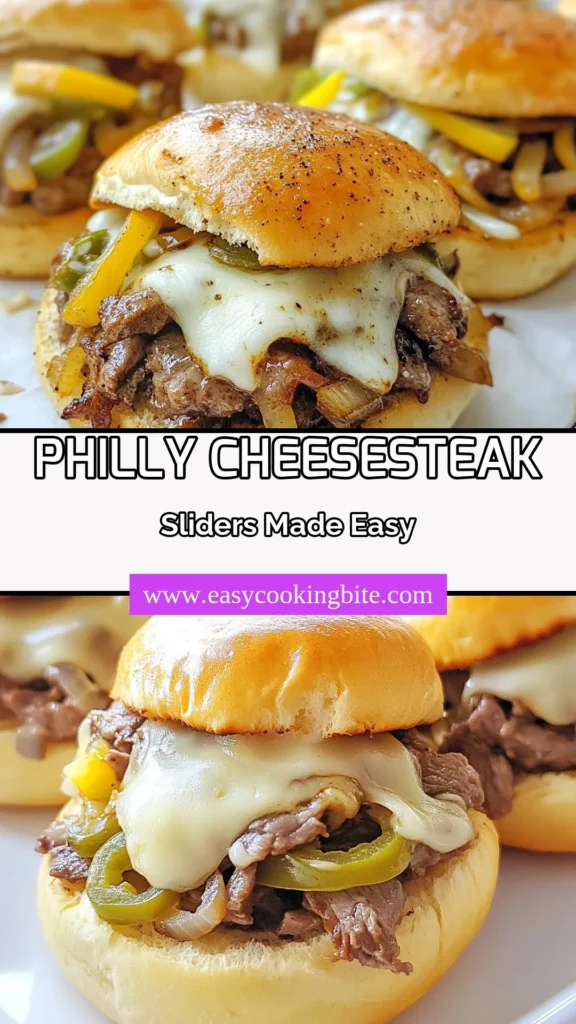 Satisfy your cravings with these easy Philly cheesesteak sliders! This savory sliders recipe features tender beef, sautéed peppers, and melted provolone cheese, all packed between slider buns. Perfect for game day or weeknight dinners, this easy cheesesteak dish is sure to impress. Try this beef slider recipe that’s bursting with flavor! Don’t forget to save and share! #PhillyCheesesteakSliders #SavorySliders #BeefSliderRecipe #ProvoloneCheeseSliders