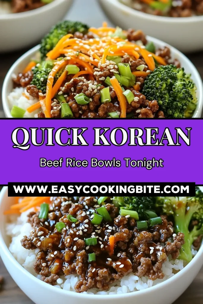 Create a delicious and satisfying meal with these Korean beef bowls! This easy Korean dinner features flavorful ground beef cooked in a savory sauce, served over rice with fresh veggies. In just 25 minutes, you can whip up a quick Asian meal perfect for busy nights. Try this healthy beef stir fry for a nutritious twist on dinner! Save this recipe for a tasty weeknight favorite! #KoreanBeefBowls #GroundBeefRecipes #EasyKoreanDinner #HealthyBeefStirFry