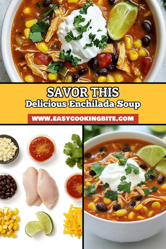 Get ready to enjoy a cozy bowl of Chicken Enchilada Soup with this easy enchilada soup recipe! Perfect for any occasion, this comfort food soup is packed with the delicious flavor of chicken and enchiladas. In just 50 minutes, you can create a delightful Mexican chicken soup recipe that everyone will love. Click for the full recipe and save it for your next meal! #ChickenEnchiladaSoup #ComfortFood #EasyRecipe #SoupLovers