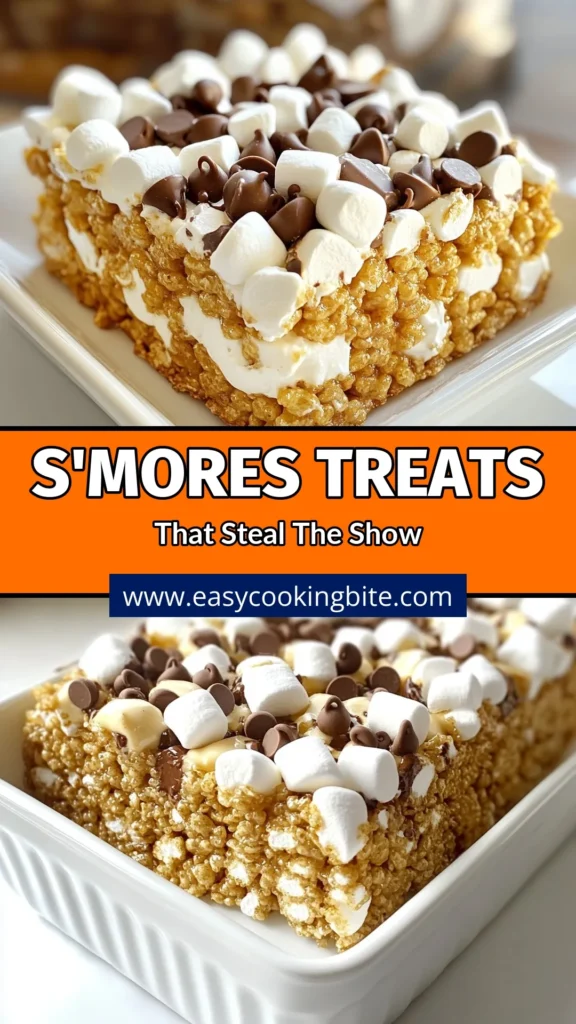 Indulge in the deliciousness of S'mores Rice Krispie Treats with this easy Rice Krispie treats recipe! This no bake s'mores dessert combines crunchy Rice Krispies, gooey chocolate, and fluffy marshmallows for the perfect chocolate marshmallow treats. Homemade Rice Krispie squares have never been easier! Enjoy these delightful treats any time. Save this recipe now for a fun and tasty treat! #SmoresRiceKrispieTreats #NoBakeDessert #ChocolateMarshmallowTreats #EasyRiceKrispieRecipe