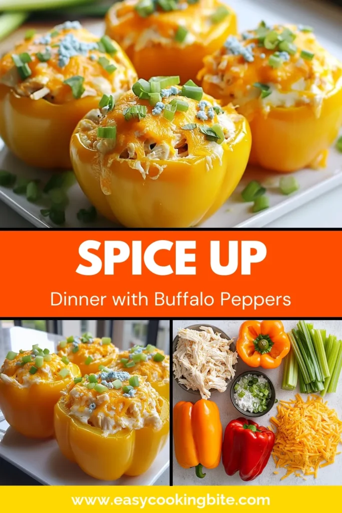 Looking for a delicious twist on healthy stuffed pepper recipes? Try these Buffalo Chicken Stuffed Peppers! Packed with shredded chicken, creamy buffalo sauce, and topped with cheese, this easy stuffed bell peppers recipe is perfect for a satisfying meal. Perfect for game day or a quick weeknight dinner, this dish is sure to impress! Don't miss out on this creamy buffalo chicken bake. Save this tasty recipe! #BuffaloChickenStuffedPeppers #HealthyStuffedPeppers #EasyStuffedBellPeppers #BuffaloChickenRecipes