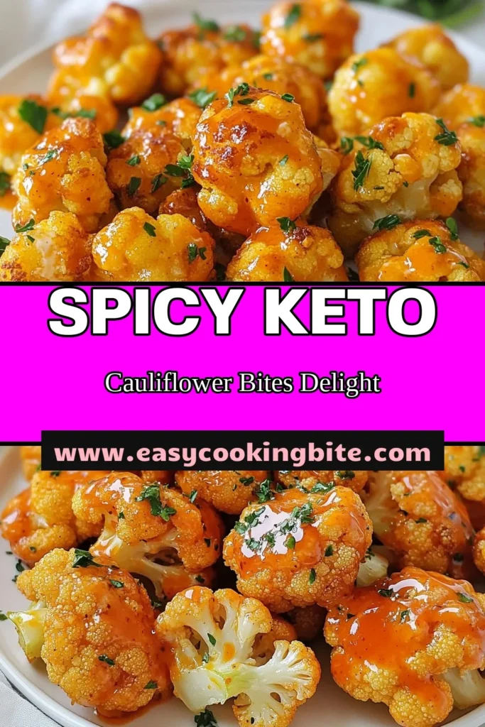 Satisfy your cravings with these Keto Buffalo Cauliflower Bites! Perfectly crispy and coated in a spicy buffalo sauce, these healthy keto appetizers are a must-try for anyone on a low carb diet. Enjoy these spicy cauliflower bites as a delicious snack or party dish. Easy to make, they are sure to impress your guests. Save this recipe and elevate your snacking game today! #KetoBuffaloCauliflower #LowCarbSnacks #HealthyKetoAppetizers #BuffaloSauceCauliflower