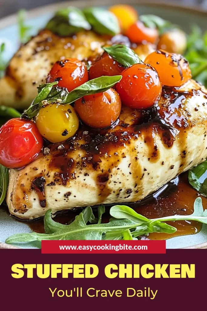 Indulge in this mouthwatering Caprese stuffed chicken breast recipe that effortlessly combines fresh flavors and juicy chicken. It's the perfect option for an easy chicken dinner everyone will love. Packed with mozzarella and cherry tomatoes, this mozzarella chicken recipe will become a favorite in your home. Drizzle with balsamic glaze for an extra touch. Try this top stuffed chicken recipe tonight! #CapreseStuffedChicken #EasyChickenDinner #StuffedChickenRecipes #BalsamicGlazeDish