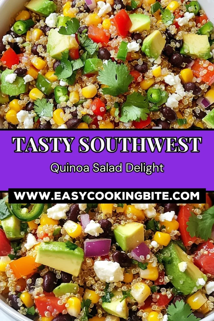 Looking for a fresh and vibrant dish? Try this Southwest Quinoa Salad! Packed with flavor, it's the ultimate healthy quinoa salad recipe perfect for any meal. This vegetarian quinoa salad combines quinoa, black beans, and veggies, making it a delicious quinoa black bean salad option. Easy to prepare, this easy quinoa recipe is a must-try! Save this recipe for a nutritious meal! #SouthwestQuinoaSalad #HealthyRecipes #Vegetarian #QuinoaSalad
