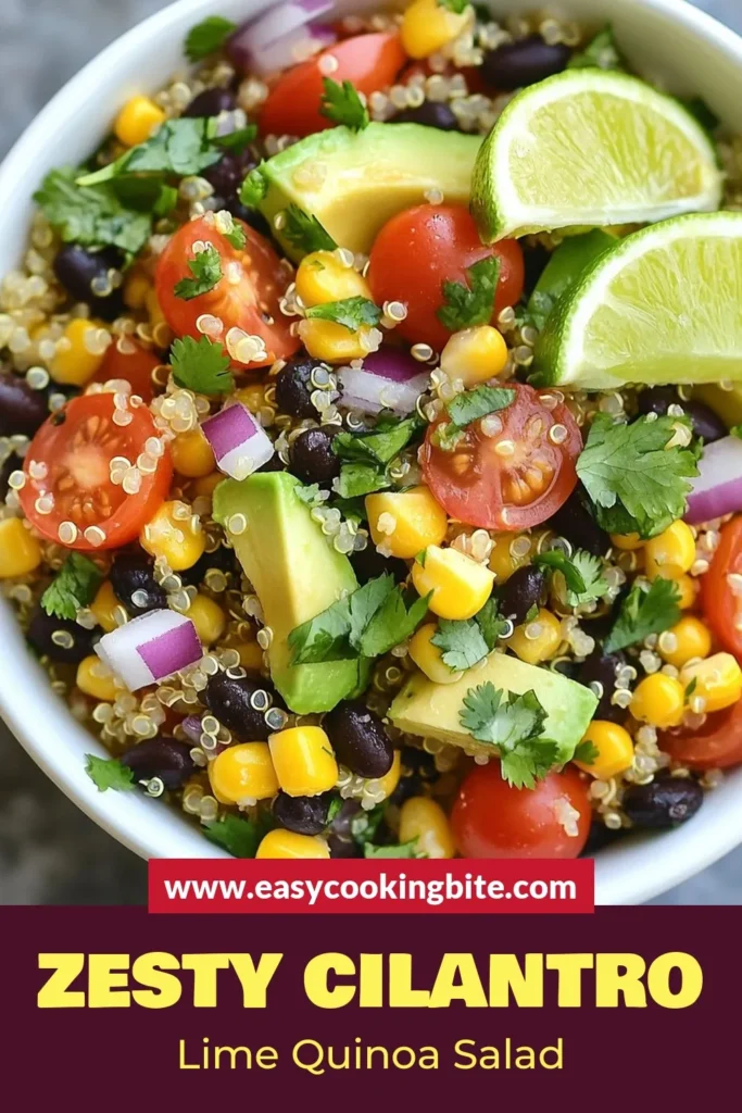 Discover the vibrant flavors of this Cilantro Lime Quinoa Salad, a must-try in your collection of healthy quinoa recipes. Packed with fresh ingredients like cherry tomatoes, black beans, and avocado, this vegetarian quinoa salad is perfect for any meal. Enjoy a nutritious quinoa salad with black beans that's not only delicious but also easy to make! Save this recipe for your next healthy dish! #QuinoaSalad #HealthyRecipes #VegetarianSalad #FreshCilantro