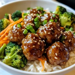 - 1 lb ground beef or ground turkey - 1/2 cup panko breadcrumbs - 1/4 cup green onions, finely chopped - 1 large egg - 2 cloves garlic, minced - 1 teaspoon ginger, grated - Salt and pepper to taste - 1/3 cup teriyaki sauce - 2 cups cooked jasmine rice - 1 cup steamed broccoli - 1/2 cup shredded carrots - Sesame seeds for garnish To make teriyaki meatball bowls, you need simple, fresh ingredients. Ground beef or turkey serves as the base. I love using ground turkey for a lighter option. Panko breadcrumbs add a nice crunch. Finely chopped green onions bring a fresh taste. You’ll also need a large egg to bind everything together. Garlic and ginger add great flavor. Don’t forget salt and pepper to season. The teriyaki sauce is key here. You can use store-bought or make your own for a personal touch. Jasmine rice acts as a tasty base. Steamed broccoli and shredded carrots add color and nutrition. Finally, sesame seeds make a lovely garnish. Gather these ingredients and let’s dive into making a delicious meal! {{ingredient_image_1}} - Preheat your oven to 400°F (200°C). Line a baking sheet with parchment paper. - In a large bowl, mix the ground beef (or turkey), panko breadcrumbs, green onions, egg, garlic, ginger, salt, and pepper. Combine well. - Form the mixture into 1-inch meatballs. Place them on the baking sheet. - Bake the meatballs for 20-25 minutes. Check that they are cooked through and golden brown. - While the meatballs bake, warm the teriyaki sauce in a small saucepan over low heat. - In each bowl, serve a scoop of jasmine rice at the bottom. - Top with the teriyaki meatballs, steamed broccoli, and shredded carrots. - Drizzle with any remaining teriyaki sauce. Sprinkle sesame seeds on top for extra flavor. To make the best teriyaki meatballs, focus on texture. The right texture makes a big difference in how they taste. Use ground beef or turkey that is not too lean. A bit of fat keeps the meatballs juicy. - Combine all ingredients gently in a bowl. - Use panko breadcrumbs for a light texture. - Avoid overmixing the meatball mixture. Overmixing can make them tough. Mix just until everything is blended. When serving your teriyaki meatball bowls, presentation is key. A well-arranged bowl looks more appetizing. Start by placing jasmine rice at the bottom. - Layer the meatballs on top of the rice. - Add steamed broccoli and shredded carrots for color. - For a fresh touch, sprinkle green onions on top. Pair your meal with a light drink like iced tea or sparkling water. These drinks balance the rich flavors of the meatballs. Enjoying your meal with friends makes it even better! Pro Tips Use Fresh Ingredients: For the best flavor, use fresh garlic and ginger. Fresh ingredients can significantly elevate the taste of your teriyaki sauce and meatballs. Customize the Vegetables: Feel free to add other steamed vegetables like snap peas or bell peppers for added color and nutrition in your bowls. Make-ahead Meal Prep: Prepare the meatballs in advance and store them in the fridge or freezer. Just reheat and toss in teriyaki sauce when ready to serve! Garnish for Flair: Don't skip the sesame seeds and additional green onions! They not only add flavor but also enhance the visual appeal of your dish. {{image_2}} You can swap beef for chicken or turkey. Use the same amount, about one pound. Ground chicken gives a lighter taste. Ground turkey adds a bit of flavor too. If you prefer plant-based options, try lentils or chickpeas. You can mash these and mix with breadcrumbs for a great texture. You can make your own teriyaki sauce at home. Combine soy sauce, honey, garlic, and ginger in a pot. Simmer it until thick. This allows you to adjust flavors to your liking. You can also try other sauces. Sweet and sour sauce or a spicy chili sauce can add a unique twist. Feel free to replace broccoli and carrots with any veggies you enjoy. Snow peas, bell peppers, or zucchini work well. Just make sure to steam or sauté them before adding to your bowl. This keeps them tender and flavorful. Mixing different colors makes your meal more appealing too! To keep your teriyaki meatball bowls fresh, you should store them properly. Use an airtight container to hold the meatballs, rice, and veggies. Make sure to cool the bowls to room temperature before sealing them. This helps prevent moisture buildup. You can refrigerate them for up to three days. If you want to enjoy them later, it's best to freeze them. Reheating meatball bowls is simple. You can use the microwave or the oven. For the microwave, place the bowl in for about two to three minutes. Stir halfway to ensure even heating. If using an oven, preheat it to 350°F (175°C) and heat for about 10 minutes. Always check that the meatballs are hot all the way through. This helps maintain the taste and texture. If you want to freeze meatballs and rice, follow these tips. First, form and bake the meatballs as usual. Let them cool fully before freezing. Place them in a single layer on a baking sheet and freeze for about an hour. After that, transfer them to a freezer-safe bag. You can store the rice in a separate container. When ready to eat, thaw them in the fridge overnight and reheat as mentioned above. This keeps your meal tasty and ready to enjoy. Yes, you can make teriyaki meatballs ahead of time. Prepare the meatballs and bake them. Once they cool, store them in an airtight container. Keep them in the fridge for up to three days. You can also freeze them for longer storage. Just thaw and reheat when ready to serve. Not all teriyaki sauces are gluten-free. Many store-bought sauces contain soy sauce, which has gluten. Look for gluten-free soy sauce or teriyaki sauce brands. You can also make your own sauce using gluten-free ingredients. This way, you can enjoy your meal without worry. Yes, you can use brown rice instead of jasmine rice. Brown rice adds a nutty flavor and chewy texture. It has more fiber, making it a healthier option. Just note that brown rice takes longer to cook than jasmine rice. Adjust your cooking time based on the rice you choose. This blog gave you a simple recipe for teriyaki meatball bowls. You learned about key ingredients, step-by-step prep, and cooking instructions. I shared tips to make your meatballs perfect and suggested ways to serve them. You can change up the recipe with different proteins and veggies. Remember, leftovers store well and can easily be reheated. Enjoy making this flavorful dish that’s sure to please!