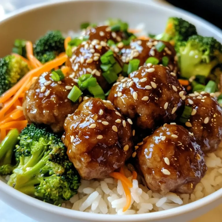 - 1 lb ground beef or ground turkey - 1/2 cup panko breadcrumbs - 1/4 cup green onions, finely chopped - 1 large egg - 2 cloves garlic, minced - 1 teaspoon ginger, grated - Salt and pepper to taste - 1/3 cup teriyaki sauce - 2 cups cooked jasmine rice - 1 cup steamed broccoli - 1/2 cup shredded carrots - Sesame seeds for garnish To make teriyaki meatball bowls, you need simple, fresh ingredients. Ground beef or turkey serves as the base. I love using ground turkey for a lighter option. Panko breadcrumbs add a nice crunch. Finely chopped green onions bring a fresh taste. You’ll also need a large egg to bind everything together. Garlic and ginger add great flavor. Don’t forget salt and pepper to season. The teriyaki sauce is key here. You can use store-bought or make your own for a personal touch. Jasmine rice acts as a tasty base. Steamed broccoli and shredded carrots add color and nutrition. Finally, sesame seeds make a lovely garnish. Gather these ingredients and let’s dive into making a delicious meal! {{ingredient_image_1}} - Preheat your oven to 400°F (200°C). Line a baking sheet with parchment paper. - In a large bowl, mix the ground beef (or turkey), panko breadcrumbs, green onions, egg, garlic, ginger, salt, and pepper. Combine well. - Form the mixture into 1-inch meatballs. Place them on the baking sheet. - Bake the meatballs for 20-25 minutes. Check that they are cooked through and golden brown. - While the meatballs bake, warm the teriyaki sauce in a small saucepan over low heat. - In each bowl, serve a scoop of jasmine rice at the bottom. - Top with the teriyaki meatballs, steamed broccoli, and shredded carrots. - Drizzle with any remaining teriyaki sauce. Sprinkle sesame seeds on top for extra flavor. To make the best teriyaki meatballs, focus on texture. The right texture makes a big difference in how they taste. Use ground beef or turkey that is not too lean. A bit of fat keeps the meatballs juicy. - Combine all ingredients gently in a bowl. - Use panko breadcrumbs for a light texture. - Avoid overmixing the meatball mixture. Overmixing can make them tough. Mix just until everything is blended. When serving your teriyaki meatball bowls, presentation is key. A well-arranged bowl looks more appetizing. Start by placing jasmine rice at the bottom. - Layer the meatballs on top of the rice. - Add steamed broccoli and shredded carrots for color. - For a fresh touch, sprinkle green onions on top. Pair your meal with a light drink like iced tea or sparkling water. These drinks balance the rich flavors of the meatballs. Enjoying your meal with friends makes it even better! Pro Tips Use Fresh Ingredients: For the best flavor, use fresh garlic and ginger. Fresh ingredients can significantly elevate the taste of your teriyaki sauce and meatballs. Customize the Vegetables: Feel free to add other steamed vegetables like snap peas or bell peppers for added color and nutrition in your bowls. Make-ahead Meal Prep: Prepare the meatballs in advance and store them in the fridge or freezer. Just reheat and toss in teriyaki sauce when ready to serve! Garnish for Flair: Don't skip the sesame seeds and additional green onions! They not only add flavor but also enhance the visual appeal of your dish. {{image_2}} You can swap beef for chicken or turkey. Use the same amount, about one pound. Ground chicken gives a lighter taste. Ground turkey adds a bit of flavor too. If you prefer plant-based options, try lentils or chickpeas. You can mash these and mix with breadcrumbs for a great texture. You can make your own teriyaki sauce at home. Combine soy sauce, honey, garlic, and ginger in a pot. Simmer it until thick. This allows you to adjust flavors to your liking. You can also try other sauces. Sweet and sour sauce or a spicy chili sauce can add a unique twist. Feel free to replace broccoli and carrots with any veggies you enjoy. Snow peas, bell peppers, or zucchini work well. Just make sure to steam or sauté them before adding to your bowl. This keeps them tender and flavorful. Mixing different colors makes your meal more appealing too! To keep your teriyaki meatball bowls fresh, you should store them properly. Use an airtight container to hold the meatballs, rice, and veggies. Make sure to cool the bowls to room temperature before sealing them. This helps prevent moisture buildup. You can refrigerate them for up to three days. If you want to enjoy them later, it's best to freeze them. Reheating meatball bowls is simple. You can use the microwave or the oven. For the microwave, place the bowl in for about two to three minutes. Stir halfway to ensure even heating. If using an oven, preheat it to 350°F (175°C) and heat for about 10 minutes. Always check that the meatballs are hot all the way through. This helps maintain the taste and texture. If you want to freeze meatballs and rice, follow these tips. First, form and bake the meatballs as usual. Let them cool fully before freezing. Place them in a single layer on a baking sheet and freeze for about an hour. After that, transfer them to a freezer-safe bag. You can store the rice in a separate container. When ready to eat, thaw them in the fridge overnight and reheat as mentioned above. This keeps your meal tasty and ready to enjoy. Yes, you can make teriyaki meatballs ahead of time. Prepare the meatballs and bake them. Once they cool, store them in an airtight container. Keep them in the fridge for up to three days. You can also freeze them for longer storage. Just thaw and reheat when ready to serve. Not all teriyaki sauces are gluten-free. Many store-bought sauces contain soy sauce, which has gluten. Look for gluten-free soy sauce or teriyaki sauce brands. You can also make your own sauce using gluten-free ingredients. This way, you can enjoy your meal without worry. Yes, you can use brown rice instead of jasmine rice. Brown rice adds a nutty flavor and chewy texture. It has more fiber, making it a healthier option. Just note that brown rice takes longer to cook than jasmine rice. Adjust your cooking time based on the rice you choose. This blog gave you a simple recipe for teriyaki meatball bowls. You learned about key ingredients, step-by-step prep, and cooking instructions. I shared tips to make your meatballs perfect and suggested ways to serve them. You can change up the recipe with different proteins and veggies. Remember, leftovers store well and can easily be reheated. Enjoy making this flavorful dish that’s sure to please!