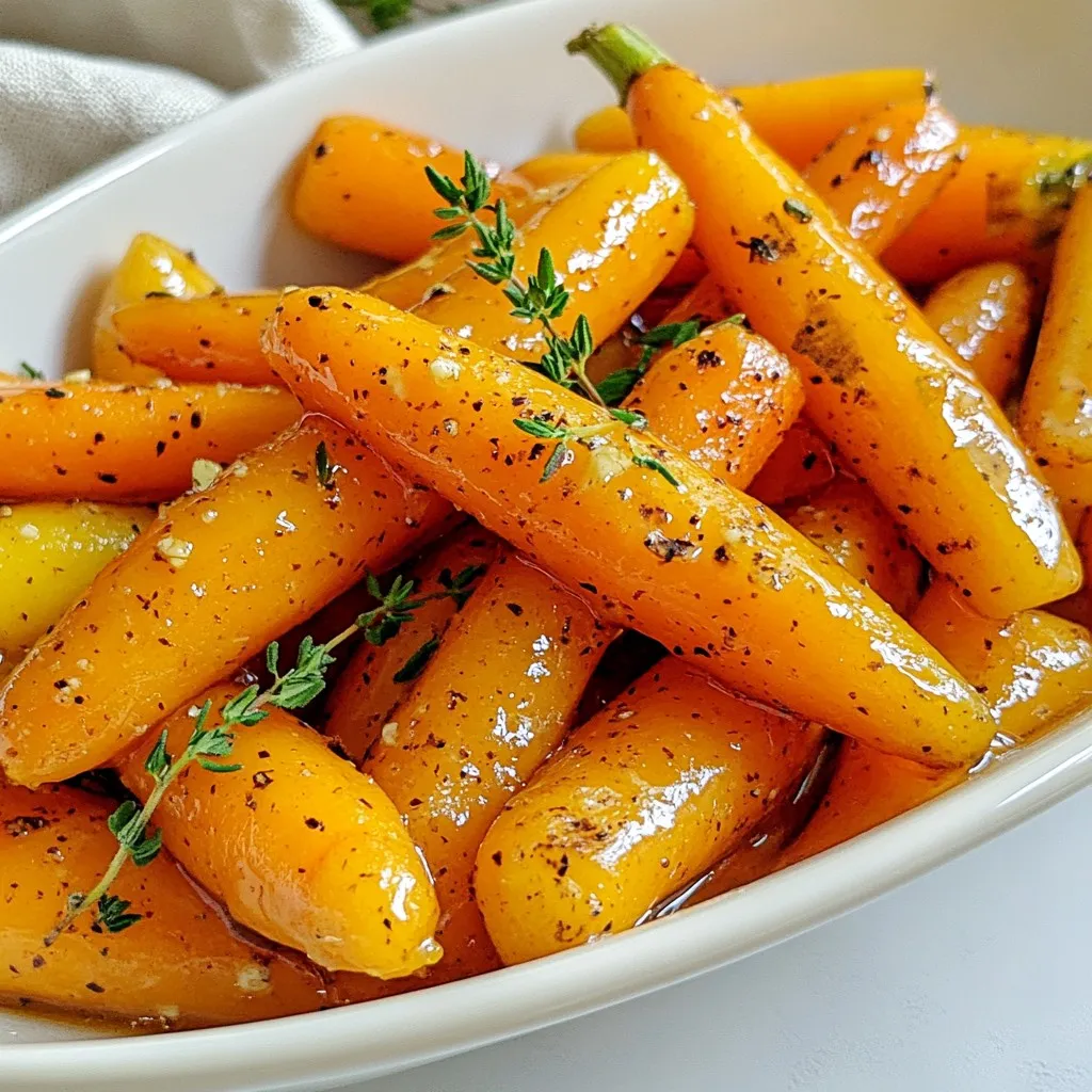 - 1 lb baby carrots (or regular carrots, sliced into sticks) - 3 tablespoons unsalted butter - 1/4 cup pure maple syrup - 1 teaspoon fresh thyme leaves (or 1/2 teaspoon dried thyme) - Salt and pepper to taste - 1 tablespoon lemon juice - 1/4 teaspoon cinnamon (optional) - Add 1/4 teaspoon of cinnamon for a warm spice. - For a fresher taste, try adding orange zest. Each serving provides about: - Calories: 120 - Fat: 6g - Carbohydrates: 18g - Protein: 1g - Fiber: 2g - Sugar: 10g These maple glazed carrots offer a sweet and healthy side. The butter and maple syrup provide rich flavor, while thyme adds a nice herbal note. Adjust the seasoning to fit your taste. This dish is perfect for any meal, adding color and sweetness to your plate. {{ingredient_image_1}} Start with one pound of baby carrots. If you have regular carrots, slice them into sticks about a quarter-inch thick. Wash the carrots well. If needed, peel them to remove the skin. This step ensures they taste fresh and clean. 1. Melt three tablespoons of unsalted butter in a large skillet over medium heat. 2. Once the butter is melted, add the carrots to the skillet. Sauté them for about five minutes. Stir occasionally until they begin to soften. 3. Pour in one-quarter cup of pure maple syrup. Add one teaspoon of fresh thyme leaves, salt, and pepper. If you want, sprinkle in a quarter teaspoon of cinnamon for extra warmth. 4. Stir well to coat all the carrots in the sweet mix. 5. Lower the heat and cover the skillet. Let the carrots cook for ten to fifteen minutes. This makes them tender and allows the glaze to thicken. Stir them once in a while to prevent sticking. 6. Remove the skillet from heat and add one tablespoon of lemon juice. This brightens the flavors. 7. Taste your carrots and adjust the seasoning if needed. Serve the maple glazed carrots warm. Use a decorative bowl for a nice touch. Drizzle some extra maple syrup on top. Garnish with a sprig of fresh thyme for a pop of color. These carrots make a great side dish for any meal. Enjoy their sweet and savory flavor! To make maple glazed carrots, start with even cooking. Use baby carrots for quick prep. If using regular carrots, cut them into 1/4 inch sticks. This size ensures they cook evenly. Sautéing them first helps to soften the carrots. Cook them in butter for a rich flavor. Adding the maple syrup later lets the carrots absorb the sweetness. You can adjust the sweetness to your taste. If you prefer a sweeter dish, add more maple syrup. For less sweetness, reduce the syrup. The thyme adds a fresh, earthy taste. If you want a twist, try adding a pinch of cinnamon. Lemon juice at the end brightens the flavor. Always taste before serving to ensure it’s just right. A large skillet works best for this recipe. It allows the carrots to cook evenly. A wooden spoon is great for stirring. Use a sharp knife for cutting the carrots. A measuring cup and spoons help with precise ingredient amounts. If you have one, a lid for the skillet helps trap steam and cook the carrots faster. Pro Tips Choose the Right Carrots: Opt for fresh, vibrant baby carrots for the best flavor and sweetness. If using regular carrots, select those that are firm and free of blemishes. Don't Rush the Cooking: Allow the carrots to cook slowly to develop their natural sugars. This enhances the caramelization and gives a richer flavor. Adjust Sweetness: Feel free to adjust the amount of maple syrup based on your personal preference. You can also mix in a little brown sugar for an extra touch of sweetness. Garnish for Presentation: For a beautiful presentation, consider garnishing the dish with toasted nuts or a sprinkle of feta cheese along with the thyme. {{image_2}} You can swap baby carrots for other veggies. Try using sliced parsnips or sweet potatoes. Both add a nice sweetness. You can even use green beans for a crunchy twist. Just adjust the cooking time to keep them tender but crisp. Adding flavors can change the dish. Try mixing in garlic for a savory touch. A pinch of ginger gives a warm spice. You can also use orange juice instead of lemon for a zesty kick. If you like heat, a bit of cayenne can bring a fun balance. To make this dish vegan, replace butter with coconut oil or a vegan butter. Maple syrup keeps it sweet and natural. This way, you keep all the flavor without dairy. It is an easy switch and still tastes great! To store your maple glazed carrots, let them cool first. Place them in an airtight container. This helps keep them fresh. Store the container in the fridge. They will last for about 3 to 4 days. If you notice any signs of spoilage, toss them out. When you’re ready to eat leftovers, you can reheat them easily. Place the carrots in a skillet over medium heat. Add a splash of water or broth to keep them moist. Stir them gently until they are hot. You can also use a microwave. Just cover them and heat for 1 to 2 minutes. Check if they are hot enough before serving. Freezing maple glazed carrots is simple but requires some care. First, cool the carrots completely. Then, place them in a freezer-safe bag. Squeeze out as much air as possible before sealing. They can last in the freezer for up to 3 months. When you want to eat them, thaw in the fridge overnight. Reheat as mentioned above. Enjoy your sweet and tasty side dish even later! You can make maple glazed carrots without butter by using oil. Simply replace the butter with olive oil or coconut oil. Start by heating the oil in your skillet. Then, add the carrots and sauté them until they soften. After that, pour in the maple syrup and follow the same steps as the original recipe. The glaze will still taste sweet and delicious. Yes, you can prepare maple glazed carrots ahead of time. Cook the carrots as usual, then let them cool. Store them in an airtight container in your fridge. When you are ready to serve, simply reheat them in a skillet over medium heat. You may want to add a splash of maple syrup to freshen the flavors. Maple glazed carrots pair well with many dishes. They complement roasted chicken, pork chops, or grilled salmon nicely. You can also serve them alongside a hearty grain like quinoa or rice. Their sweet and savory flavor enhances any meal, making them a perfect side dish for any occasion. This blog post covered how to make delicious maple glazed carrots. We looked at key ingredients and optional ones for extra flavor. You learned step-by-step cooking tips and smart serving ideas. We explored storage methods, including reheating and freezing leftovers. You also found answers to common questions. Maple glazed carrots are tasty and simple. With a few tricks, you can enjoy these carrots in many ways. Keep experimenting to find your perfect recipe. Enjoy your cooking!