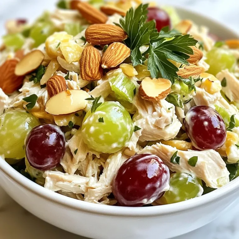 To make Greek Yogurt Chicken Salad, you need a few key ingredients: - 2 cups cooked chicken, shredded or diced - 1 cup plain Greek yogurt - 1/2 cup celery, finely chopped - 1/2 cup red grapes, halved - 1/4 cup almonds, sliced - 1/4 cup green onion, chopped - 1 tablespoon honey - 1 tablespoon Dijon mustard - 1 tablespoon lemon juice - Salt and pepper to taste You can also add optional ingredients to customize your salad: - Fresh herbs like dill or parsley for garnish These ingredients mix together to create a fresh and tasty dish. The Greek yogurt adds creaminess while keeping it lighter than mayo. The grapes give a sweet pop, while the almonds add crunch. You can switch things up by trying different fruits or nuts based on what you like! {{ingredient_image_1}} 1. Start with cooked chicken. You can use leftover chicken or rotisserie chicken. Shred or dice it into small pieces. This helps the chicken mix well with other ingredients. 2. In a large mixing bowl, combine the chicken, finely chopped celery, halved grapes, sliced almonds, and chopped green onion. Mixing these ingredients gives your salad a great crunch and flavor. 3. Now, prepare the dressing. In another bowl, whisk together the Greek yogurt, honey, Dijon mustard, and lemon juice. This will create a creamy and tangy dressing that adds depth to the salad. 4. Pour the yogurt dressing over the chicken mixture. Stir gently but thoroughly to coat all the ingredients evenly. Make sure every bite is tasty. 5. Season your salad with salt and pepper to taste. If you want it sweeter or tangier, add more honey or lemon juice. Adjust it to fit your taste. 6. Cover the bowl with plastic wrap or a lid. Refrigerate the salad for at least 30 minutes. This step is key. It allows the flavors to blend and enhance the overall taste. 7. Before serving, stir the salad gently again. If you like, add fresh herbs like dill or parsley for garnish. This adds a pop of color and fresh flavor. Remember, the chilling time is not just for cooling. It makes the salad more flavorful and enjoyable. Enjoy your fresh and creamy Greek yogurt chicken salad! - Shred or dice your chicken while it is still warm. This makes it easier to handle. Use two forks to shred the chicken quickly. You can also use a sharp knife for even pieces. - To balance flavors with the yogurt dressing, taste as you mix. Add honey for sweetness. If it’s too sweet, a little more lemon juice can help. Keep adjusting until it tastes just right. - Fresh herbs like dill or parsley can really boost the flavor. Chop them finely and mix them in at the end. You can also sprinkle herbs on top as a garnish. - Consider using different nuts or fruits. Swap almonds for walnuts or grapes for apples. This adds variety and keeps things fun. - Let your salad chill for at least 30 minutes. This allows all those flavors to blend together. The wait is worth it for a fresh taste. - For a creamy texture, ensure your Greek yogurt is smooth. Whisk it well before adding other ingredients. This avoids lumps and makes the salad creamy. - If you want more crunch, add extra celery or nuts. This gives each bite a delightful texture. Pro Tips Tip Title 1: Use rotisserie chicken for a quick and flavorful option. It saves time and adds extra flavor to your salad. Tip Title 2: For added crunch, toast the sliced almonds in a dry skillet for a few minutes before adding them to the salad. Tip Title 3: Experiment with different fruits, such as apples or peaches, for a unique twist on the classic chicken salad. Tip Title 4: Let the salad sit in the refrigerator for a couple of hours before serving for the best flavor integration. {{image_2}} You can easily change the protein in your Greek yogurt chicken salad. If you want a twist, try using turkey instead of chicken. Turkey gives a great flavor and works well with the yogurt. For a plant-based option, tofu is a fantastic choice. It absorbs flavors well and adds a nice texture. Fruits and nuts are also fun to swap out. Instead of red grapes, try apples or even dried cranberries. They offer a sweet crunch that pairs nicely with the yogurt. If you want to change the nuts, walnuts or pecans can add a different taste. For those who prefer vegan or dairy-free options, you can use a plant-based yogurt. Look for unsweetened almond or coconut yogurt. This keeps the salad creamy while making it vegan-friendly. With these swaps, you can keep the dish fresh and exciting every time you make it! To keep your Greek yogurt chicken salad fresh, store it in an airtight container. This helps prevent air from spoiling the flavors. I recommend using glass containers. They keep the salad fresh and are easy to clean. Your salad lasts in the fridge for about 3 to 4 days. Always check for any changes in smell or color before eating. If you notice anything off, it's best to toss it. When you store your salad, avoid adding any garnishes like herbs right away. They can wilt and lose flavor quickly. Add them just before you serve the salad for a bright touch. For best results, try to keep the salad cold. It tastes better when it's chilled. You can always make a big batch and enjoy it throughout the week. You can serve this salad with many sides. Try it with whole grain bread or pita. It tastes great on a bed of fresh greens, too. Add some crunchy carrots or cucumber sticks for a nice crunch. If you want a light meal, pair it with a simple soup. This salad also makes a tasty filling for wraps or sandwiches. No, I do not recommend freezing Greek Yogurt Chicken Salad. The texture of Greek yogurt changes when it freezes. This change makes the salad watery and unappealing. It is best enjoyed fresh or stored in the fridge for a few days. Greek yogurt is a healthy choice for this salad. It is high in protein, which helps you feel full. It also contains probiotics, which support gut health. Greek yogurt is lower in fat than regular mayo, making it a lighter option. It offers calcium for strong bones, too. Using Greek yogurt adds creaminess without the extra calories. This blog post covered how to make a tasty Greek Yogurt Chicken Salad. We discussed key ingredients and optional additions for fun variations. I provided clear steps for preparation and cooking tips to ensure the best flavor. You also learned storage tips to keep your salad fresh and answered common questions about serving and health benefits. In conclusion, you can enjoy a quick meal that tastes great and is good for you! Dive into your kitchen and have fun customizing your own perfect salad.