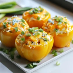 To make Buffalo Chicken Stuffed Peppers, you need these main items: - 4 large bell peppers (any color) - 2 cups cooked shredded chicken - 1/2 cup buffalo sauce (adjust to taste) - 1 cup cream cheese, softened - 1 cup shredded sharp cheddar cheese - 1/2 cup green onions, chopped - 1/4 cup celery, finely diced - 1 teaspoon garlic powder - Salt and pepper to taste These ingredients create a wonderful mix of flavors. The bell peppers hold the filling well and add crunch. The buffalo sauce gives heat, while cream cheese makes it rich. You can add some optional items to boost the taste: - Blue cheese crumbles for topping This adds a creamy, tangy twist. If you like blue cheese, it pairs well with buffalo sauce. If you have special diets, here are some swaps: - Use cauliflower rice instead of chicken for a vegetarian option. - Swap cream cheese for a dairy-free version, like cashew cream. - Choose gluten-free buffalo sauce if needed. These changes help you fit your diet without losing flavor. Enjoy finding what works best for you! {{ingredient_image_1}} Start by preheating your oven to 375&deg;F (190&deg;C). Grab four large bell peppers. You can use any color you like. Cut off the tops and remove the seeds and membranes. This way, your peppers will be ready to hold the filling. Place the peppers upright in a baking dish. This helps them bake evenly. In a large mixing bowl, combine 2 cups of cooked, shredded chicken with 1/2 cup of buffalo sauce. Adjust the sauce to your taste. Add 1 cup of softened cream cheese and half of the 1 cup of shredded sharp cheddar cheese. Then, mix in 1/2 cup of chopped green onions, 1/4 cup of finely diced celery, and 1 teaspoon of garlic powder. Sprinkle in some salt and pepper. Stir this mixture until it is well combined. Carefully spoon the buffalo chicken filling into each prepared bell pepper. Pack it in tightly, letting it overflow a bit. Sprinkle the remaining cheddar cheese on top of each pepper. Cover your baking dish with foil. Bake in the oven for 30 minutes. After this, take off the foil and bake for another 10-15 minutes. Look for the cheese to be bubbly and golden brown. Once done, let the peppers cool for a few minutes. If you like, add blue cheese crumbles on top before serving. Enjoy your flavorful meal! To get the best bake, preheat your oven to 375&deg;F (190&deg;C). This heat helps the peppers cook well. Covering the dish with foil for the first part keeps the moisture in. This step helps the peppers become tender. When the cheese is bubbly and golden, you know it's ready. Let them cool for a few minutes before serving for better taste. Buffalo chicken stuffed peppers shine with bold flavors. Add more buffalo sauce if you love heat. Mixing in some ranch seasoning can also add depth. You can use garlic powder or fresh garlic for extra zing. Green onions and celery bring a nice crunch. For a twist, top with blue cheese crumbles. They add a rich, tangy taste that pairs well with the spicy chicken. Cooking can be quick and fun! Use pre-cooked chicken to save time. You can even buy rotisserie chicken to skip cooking. Chopping veggies can take time, so use a food processor. This tool speeds things up and makes the filling smooth. Prepare the peppers ahead of time and store them in the fridge. You can assemble them just before baking for a fresh meal. Pro Tips Choose Fresh Peppers: Opt for firm and vibrant bell peppers to ensure a crisp texture when baked. Customize the Heat: Adjust the amount of buffalo sauce according to your spice preference for a milder or hotter dish. Mix Cheese Varieties: Experiment with different cheese blends, like Monterey Jack or pepper jack, for added flavor. Let Them Rest: Allow the stuffed peppers to cool for a few minutes before serving to enhance the flavors and ease handling. {{image_2}} If you want a meatless dish, try using beans or lentils. You can mix black beans or chickpeas with buffalo sauce. Cream cheese and veggies add a creamy texture. Try mixing in corn or diced tomatoes for extra flavor. Spinach or kale can give a healthy boost too. These swaps keep the dish tasty and filling. You can easily adjust the spice level in your stuffed peppers. To make it milder, use less buffalo sauce or choose a mild version. Adding some honey can balance the heat. For more spice, try adding jalape&ntilde;os or hot sauce. You can even mix in crushed red pepper for an extra kick. Taste as you go to find your perfect heat level. Cheese plays a big role in flavor and texture. Sharp cheddar gives a strong taste, but feel free to experiment. Creamy mozzarella makes it gooey and delicious. You can also use pepper jack for a spicy twist. For a rich flavor, try goat cheese or feta. Mixing different cheeses can create a unique flavor profile that you will love. To store leftover stuffed peppers, first let them cool. Place them in an airtight container. You can keep them in the fridge for up to three days. Make sure to cover the container well to keep them fresh. If you want to freeze stuffed peppers, wrap each one tightly in plastic wrap. Then, place them in a freezer-safe bag. This way, they stay fresh for up to three months. When you are ready to eat, just thaw them in the fridge overnight. To reheat your stuffed peppers, you can use the oven or the microwave. If using the oven, preheat it to 350&deg;F (175&deg;C). Cover the peppers with foil and bake for 20 minutes. If using the microwave, place the peppers on a plate and heat for about 2-3 minutes. Check if they are warm all the way through before serving. Enjoy your tasty meal! Yes, you can use other meats. Ground turkey, beef, or pork work well. You can even use canned chicken for a quick option. Just make sure to adjust the seasoning to match the meat you choose. For a plant-based option, consider using lentils or chickpeas. These stuffed peppers pair well with many sides. Try a simple salad with greens and tomatoes. You can also serve them with rice or quinoa for extra filling. If you like dips, ranch or blue cheese dressing complements the spicy flavors nicely. Stuffed peppers last about 3 to 5 days in the fridge. Store them in an airtight container to keep them fresh. If you want to keep them longer, consider freezing. They can last up to three months in the freezer. Just remember to reheat them well before serving. Buffalo chicken stuffed peppers mix great flavors and fun in every bite. We covered all the essential ingredients, from the base to tasty substitutes. The steps for preparing the peppers and making the filling are simple. I shared tips to help you bake them just right. You can explore tasty variations, like vegetarian options and different cheeses. Lastly, I provided storage and reheating advice. Try these easy recipes and impress friends and family. Enjoy making this dish your own!