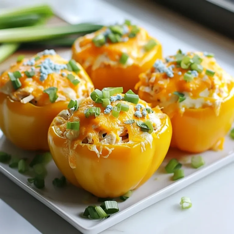 To make Buffalo Chicken Stuffed Peppers, you need these main items: - 4 large bell peppers (any color) - 2 cups cooked shredded chicken - 1/2 cup buffalo sauce (adjust to taste) - 1 cup cream cheese, softened - 1 cup shredded sharp cheddar cheese - 1/2 cup green onions, chopped - 1/4 cup celery, finely diced - 1 teaspoon garlic powder - Salt and pepper to taste These ingredients create a wonderful mix of flavors. The bell peppers hold the filling well and add crunch. The buffalo sauce gives heat, while cream cheese makes it rich. You can add some optional items to boost the taste: - Blue cheese crumbles for topping This adds a creamy, tangy twist. If you like blue cheese, it pairs well with buffalo sauce. If you have special diets, here are some swaps: - Use cauliflower rice instead of chicken for a vegetarian option. - Swap cream cheese for a dairy-free version, like cashew cream. - Choose gluten-free buffalo sauce if needed. These changes help you fit your diet without losing flavor. Enjoy finding what works best for you! {{ingredient_image_1}} Start by preheating your oven to 375°F (190°C). Grab four large bell peppers. You can use any color you like. Cut off the tops and remove the seeds and membranes. This way, your peppers will be ready to hold the filling. Place the peppers upright in a baking dish. This helps them bake evenly. In a large mixing bowl, combine 2 cups of cooked, shredded chicken with 1/2 cup of buffalo sauce. Adjust the sauce to your taste. Add 1 cup of softened cream cheese and half of the 1 cup of shredded sharp cheddar cheese. Then, mix in 1/2 cup of chopped green onions, 1/4 cup of finely diced celery, and 1 teaspoon of garlic powder. Sprinkle in some salt and pepper. Stir this mixture until it is well combined. Carefully spoon the buffalo chicken filling into each prepared bell pepper. Pack it in tightly, letting it overflow a bit. Sprinkle the remaining cheddar cheese on top of each pepper. Cover your baking dish with foil. Bake in the oven for 30 minutes. After this, take off the foil and bake for another 10-15 minutes. Look for the cheese to be bubbly and golden brown. Once done, let the peppers cool for a few minutes. If you like, add blue cheese crumbles on top before serving. Enjoy your flavorful meal! To get the best bake, preheat your oven to 375°F (190°C). This heat helps the peppers cook well. Covering the dish with foil for the first part keeps the moisture in. This step helps the peppers become tender. When the cheese is bubbly and golden, you know it's ready. Let them cool for a few minutes before serving for better taste. Buffalo chicken stuffed peppers shine with bold flavors. Add more buffalo sauce if you love heat. Mixing in some ranch seasoning can also add depth. You can use garlic powder or fresh garlic for extra zing. Green onions and celery bring a nice crunch. For a twist, top with blue cheese crumbles. They add a rich, tangy taste that pairs well with the spicy chicken. Cooking can be quick and fun! Use pre-cooked chicken to save time. You can even buy rotisserie chicken to skip cooking. Chopping veggies can take time, so use a food processor. This tool speeds things up and makes the filling smooth. Prepare the peppers ahead of time and store them in the fridge. You can assemble them just before baking for a fresh meal. Pro Tips Choose Fresh Peppers: Opt for firm and vibrant bell peppers to ensure a crisp texture when baked. Customize the Heat: Adjust the amount of buffalo sauce according to your spice preference for a milder or hotter dish. Mix Cheese Varieties: Experiment with different cheese blends, like Monterey Jack or pepper jack, for added flavor. Let Them Rest: Allow the stuffed peppers to cool for a few minutes before serving to enhance the flavors and ease handling. {{image_2}} If you want a meatless dish, try using beans or lentils. You can mix black beans or chickpeas with buffalo sauce. Cream cheese and veggies add a creamy texture. Try mixing in corn or diced tomatoes for extra flavor. Spinach or kale can give a healthy boost too. These swaps keep the dish tasty and filling. You can easily adjust the spice level in your stuffed peppers. To make it milder, use less buffalo sauce or choose a mild version. Adding some honey can balance the heat. For more spice, try adding jalapeños or hot sauce. You can even mix in crushed red pepper for an extra kick. Taste as you go to find your perfect heat level. Cheese plays a big role in flavor and texture. Sharp cheddar gives a strong taste, but feel free to experiment. Creamy mozzarella makes it gooey and delicious. You can also use pepper jack for a spicy twist. For a rich flavor, try goat cheese or feta. Mixing different cheeses can create a unique flavor profile that you will love. To store leftover stuffed peppers, first let them cool. Place them in an airtight container. You can keep them in the fridge for up to three days. Make sure to cover the container well to keep them fresh. If you want to freeze stuffed peppers, wrap each one tightly in plastic wrap. Then, place them in a freezer-safe bag. This way, they stay fresh for up to three months. When you are ready to eat, just thaw them in the fridge overnight. To reheat your stuffed peppers, you can use the oven or the microwave. If using the oven, preheat it to 350°F (175°C). Cover the peppers with foil and bake for 20 minutes. If using the microwave, place the peppers on a plate and heat for about 2-3 minutes. Check if they are warm all the way through before serving. Enjoy your tasty meal! Yes, you can use other meats. Ground turkey, beef, or pork work well. You can even use canned chicken for a quick option. Just make sure to adjust the seasoning to match the meat you choose. For a plant-based option, consider using lentils or chickpeas. These stuffed peppers pair well with many sides. Try a simple salad with greens and tomatoes. You can also serve them with rice or quinoa for extra filling. If you like dips, ranch or blue cheese dressing complements the spicy flavors nicely. Stuffed peppers last about 3 to 5 days in the fridge. Store them in an airtight container to keep them fresh. If you want to keep them longer, consider freezing. They can last up to three months in the freezer. Just remember to reheat them well before serving. Buffalo chicken stuffed peppers mix great flavors and fun in every bite. We covered all the essential ingredients, from the base to tasty substitutes. The steps for preparing the peppers and making the filling are simple. I shared tips to help you bake them just right. You can explore tasty variations, like vegetarian options and different cheeses. Lastly, I provided storage and reheating advice. Try these easy recipes and impress friends and family. Enjoy making this dish your own!