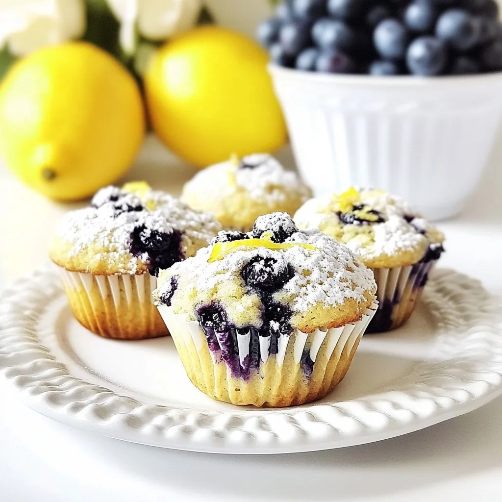 To make these tasty muffins, you need the following ingredients: - 1 cup rolled oats - 1 cup whole wheat flour - 1/2 cup brown sugar, packed - 1 tbsp baking powder - 1/2 tsp baking soda - 1/2 tsp salt - 1 cup buttermilk (or plant-based milk with 1 tbsp vinegar) - 1/4 cup vegetable oil (or melted coconut oil) - 2 large eggs - Zest of 1 lemon - 1/4 cup fresh lemon juice - 1 cup fresh blueberries (or frozen, if not in season) - 1 tsp vanilla extract These ingredients work together to create a muffin that is soft and moist. The oats give a hearty texture. The blueberries add sweetness and bursts of flavor. The lemon zest and juice bring a fresh, zesty kick. If you have dietary needs, you can easily swap some ingredients. For a gluten-free version, use gluten-free rolled oats and flour. Instead of buttermilk, mix plant-based milk with vinegar. You can use flax eggs instead of regular eggs. Just mix 1 tbsp of ground flaxseed with 2.5 tbsp of water for each egg. This will keep your muffins tasty and safe for your diet. Want to get creative? Here are some fun add-ins: - Chopped nuts like walnuts or pecans for crunch - Shredded coconut for a tropical twist - A dash of cinnamon or nutmeg for warmth - A handful of dark chocolate chips for sweetness These add-ins can boost the flavor and texture of your muffins. Experiment and find your favorite mix! {{ingredient_image_1}} Start by preheating your oven to 350°F (175°C). This step helps the muffins rise well. Line a muffin tin with paper liners or grease it lightly. In a large bowl, mix together 1 cup of rolled oats, 1 cup of whole wheat flour, and 1/2 cup of packed brown sugar. Add 1 tablespoon of baking powder, 1/2 teaspoon of baking soda, and 1/2 teaspoon of salt. Whisk these dry ingredients until they blend well. Now, in a separate bowl, whisk together 1 cup of buttermilk, 1/4 cup of vegetable oil, and 2 large eggs until smooth. Add the zest of 1 lemon, 1/4 cup of fresh lemon juice, and 1 teaspoon of vanilla extract. Mix these wet ingredients until they are fully combined. Pour the wet mixture into the dry ingredients and stir until just combined. Small lumps are just fine—do not overmix! Gently fold in 1 cup of fresh blueberries. This adds a burst of flavor to each muffin. Divide the batter evenly among the muffin cups, filling each one about 3/4 full. Place the muffin tin in the preheated oven. Bake for 18-20 minutes. To check if they’re done, insert a toothpick into the center. If it comes out clean, the muffins are ready! Once baked, let the muffins cool in the tin for about 5 minutes. This helps them set. Then, move them to a wire rack to cool completely. For a lovely touch, serve them warm or at room temperature. You can dust them with powdered sugar or pair them with lemon curd or Greek yogurt. Enjoy your yummy lemon blueberry oatmeal muffins! To get the best texture in your muffins, use fresh ingredients. Always measure your flour correctly. Scoop the flour into a cup, then level it off with a knife. This helps avoid dense muffins. Let your wet and dry ingredients mix just until combined. Overmixing can make muffins tough. You want a light and fluffy muffin, so mix gently. One common mistake is not preheating the oven. Always preheat for even baking. Another issue is not using enough baking powder. It helps muffins rise well. Check the expiration date on your baking powder to ensure it’s active. Also, avoid opening the oven door too soon. This can let heat escape and affect how the muffins bake. Using fresh lemon juice and zest brightens up the flavor. It adds a nice zing that pairs well with blueberries. You can also try adding zest from another citrus, like orange, for extra depth. This small change can elevate your muffins. For berries, fresh blueberries are best, but frozen ones work too. Just make sure they are not clumped together. Pro Tips Use Fresh Ingredients: Always opt for fresh blueberries and freshly squeezed lemon juice for the best flavor and texture in your muffins. Don't Overmix: When combining wet and dry ingredients, mix just until combined. Overmixing can lead to dense muffins. Cool Properly: Let the muffins cool in the tin for a few minutes before transferring them to a wire rack to ensure they don't become soggy. Storage Tips: Store leftover muffins in an airtight container at room temperature for up to 3 days, or freeze them for longer storage. {{image_2}} To make gluten-free lemon blueberry muffins, swap the whole wheat flour with a gluten-free blend. Look for a blend that works well for baking. You can also add a bit of xanthan gum to help with texture. Use certified gluten-free oats to ensure there’s no cross-contamination. This change will keep the muffins soft and tasty. Feel free to mix in nuts like walnuts or pecans for a nice crunch. Chopped nuts add flavor and texture. You can also use other fruits. Try raspberries or strawberries if you want a twist. Just remember to keep the total amount of fruit around one cup to maintain the muffin structure. For a vegan version, replace the eggs with flax eggs. To make one flax egg, mix one tablespoon of ground flaxseed with three tablespoons of water and let it sit for five minutes. Use plant-based milk mixed with vinegar as a buttermilk substitute. This way, you can enjoy these muffins without any animal products, keeping them moist and delightful. To keep your lemon blueberry oatmeal muffins fresh, store them in an airtight container. This helps lock in moisture and flavor. Place a piece of parchment paper between layers to reduce sticking. If you plan to eat them within a few days, store them at room temperature. For longer storage, the fridge is a good choice. Just remember to let them cool completely before sealing. Freezing muffins is a smart way to keep them fresh. First, let the muffins cool down fully. Then, wrap each muffin in plastic wrap or foil. Place them in a freezer bag for extra protection. You can freeze them for up to three months. When you want to enjoy one, take it out and let it thaw at room temperature. For best results, warm it in the oven for a few minutes. To enjoy that fresh-baked taste, reheat your muffins before serving. Preheat your oven to 350°F (175°C). Place the muffins on a baking sheet and heat for about 5-10 minutes. You can also use a microwave for quick reheating. Just microwave for 10-15 seconds. This warms them up without drying them out. A warm muffin pairs perfectly with a cup of tea or coffee! Yes, you can use frozen blueberries in these muffins. Just add them straight from the freezer. Do not thaw them first. This keeps them from getting mushy. Frozen blueberries can also add a nice burst of flavor. You can easily make buttermilk at home. Mix 1 cup of any plant-based milk with 1 tablespoon of vinegar. Let it sit for about 5 to 10 minutes. This creates a great substitute for buttermilk in your muffins. If you want to skip the eggs, you have options. You can use 1/4 cup of unsweetened applesauce. Another good choice is 1/4 cup of mashed banana. Both will help bind your muffins and keep them moist. These muffins can last for about 3 to 4 days at room temperature. Keep them in an airtight container to keep them fresh. If you want to store them longer, put them in the fridge for up to a week. You now know how to make lemon blueberry oatmeal muffins. We covered essential ingredients, tasty substitutions, and optional add-ins. I shared step-by-step instructions to ensure perfect results every time. Tips and tricks helped enhance flavor and avoid common mistakes. We explored gluten-free and vegan options, along with storage tips to keep your muffins fresh. Use this knowledge to bake delicious muffins that everyone will love! Enjoy your baking journey!